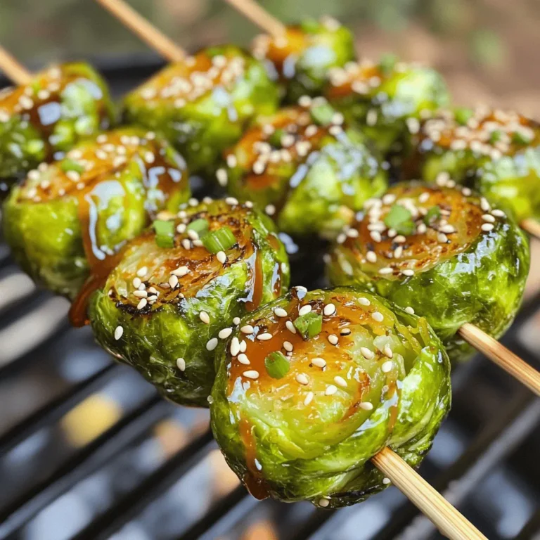 - 1 lb Brussels sprouts, trimmed and halved - 2 tablespoons olive oil - 2 tablespoons honey - 1 tablespoon Sriracha sauce - 1 tablespoon soy sauce - 1 teaspoon garlic powder - Salt and pepper to taste These main ingredients create a tasty and bold flavor. The Brussels sprouts serve as the star of the dish. Their natural sweetness pairs well with the honey and Sriracha. The olive oil adds richness, while the soy sauce brings depth. Garlic powder gives a nice kick, enhancing all the flavors. - Skewers (wooden or metal) - Optional garnishes (sesame seeds, green onions) You will need skewers to hold the Brussels sprouts together. If you use wooden skewers, soak them in water for about 30 minutes. This step helps prevent burning. For garnishes, sesame seeds and green onions add a fresh and crunchy touch. They also make your dish look extra nice. First, preheat your grill or oven to 400°F (200°C). This step is key for cooking your Brussels sprouts evenly. Next, grab a mixing bowl. In this bowl, whisk together the olive oil, honey, Sriracha, soy sauce, garlic powder, salt, and pepper. Mix until it is smooth and well combined. Now, take your trimmed and halved Brussels sprouts and add them to the bowl. Toss them thoroughly in the marinade. Make sure every sprout is coated well. This will give them a delicious flavor. You can cook your skewers either on the grill or in the oven. If you choose to grill, thread the marinated Brussels sprouts onto your skewers. Pack them tightly for even cooking. Place the skewers on the grill and cook for about 10-12 minutes. Turn them occasionally. You want them browned and tender. If baking, place the skewers on a baking sheet. Roast them in the oven for about 20-25 minutes. Flip the skewers halfway through to ensure they cook evenly. After cooking, remove the skewers from the grill or oven. Drizzle any remaining marinade over the top. This adds an extra burst of flavor. You can serve them warm, and for a nice touch, sprinkle some sesame seeds or chopped green onions on top. These garnishes enhance both the look and taste of your dish. Enjoy your Honey Sriracha Brussels sprout skewers! To perfect your marinate, start with Sriracha. You can adjust the heat by adding more or less. If you want a mild flavor, add less Sriracha. If you love spice, don’t hold back! The key is to stir well until every sprout is coated. This helps each bite taste amazing. When cooking your skewers, check for doneness by piercing a sprout with a fork. It should feel tender but not mushy. If using wooden skewers, soak them in water for 30 minutes first. This step helps prevent burning. Monitor your skewers closely on the grill or in the oven for best results. Pair these skewers with grilled chicken or fish for a fun meal. You can also serve with rice or a fresh salad for balance. For a creative touch, arrange them on a platter with dipping sauces. Try adding sesame seeds or chopped green onions on top. This adds both flavor and a pop of color! {{image_2}} You can switch up the sweetness in this recipe. Instead of honey, try maple syrup or agave. Both options give a unique taste. They can add a nice twist to the dish. You can also add bacon bits or nuts for texture. Bacon adds a savory touch, while nuts give crunch. Want to try something new? Use an air fryer! It cooks the sprouts crispy and keeps them tender. Just place the skewers in the air fryer for about 10 minutes. You can also broil them in the oven. Broiling gives a nice char and quick cooking. Place them on a baking sheet under the broiler for 8-10 minutes. Flip them halfway for even cooking. If you are vegan, skip the honey. Use maple syrup or agave instead. For gluten-free options, make sure to use gluten-free soy sauce. These small changes make it easy for anyone to enjoy this dish. To keep your Honey Sriracha Brussels Sprout Skewers fresh, store them in the fridge. Place leftovers in an airtight container. They will last up to four days. If you want to keep them longer, consider freezing them. Wrap the skewers tightly in plastic wrap and then in aluminum foil. Label the package and freeze for up to three months. When it’s time to enjoy leftovers, reheating them right makes a big difference. For the best results, use the oven. Preheat your oven to 350°F (175°C). Place the skewers on a baking sheet. Heat for about 10 minutes or until they are warm. This keeps them crispy and tasty. If you need a faster option, use the microwave. Place the skewers on a microwave-safe plate. Cover them with a damp paper towel. Heat for about 1-2 minutes, checking to avoid overcooking. This method is quick but may make them a bit softer. Enjoy your tasty skewers! Grill Brussels sprout skewers for about 10 to 12 minutes. Turn them occasionally to get even cooking. You want them to be browned and tender. If you bake them, roast for 20 to 25 minutes, flipping halfway. You can use frozen Brussels sprouts, but they need some changes. Thaw them first and pat them dry. Frozen sprouts may release more water, so reduce the olive oil slightly. These skewers pair well with many dishes. Try serving them with rice or quinoa for a hearty meal. Grilled chicken or shrimp also works great. For drinks, go with iced tea or a light beer. In this blog post, we explored how to make Honey Sriracha Brussels sprout skewers. We covered key ingredients, cooking methods, and even tips to perfect your dish. These skewers offer a mix of sweet and spicy flavors that make them a hit at any meal. Remember, you can adjust spices or try different cooking techniques to suit your taste. Finally, enjoy experimenting with ways to serve and store your tasty creations.
