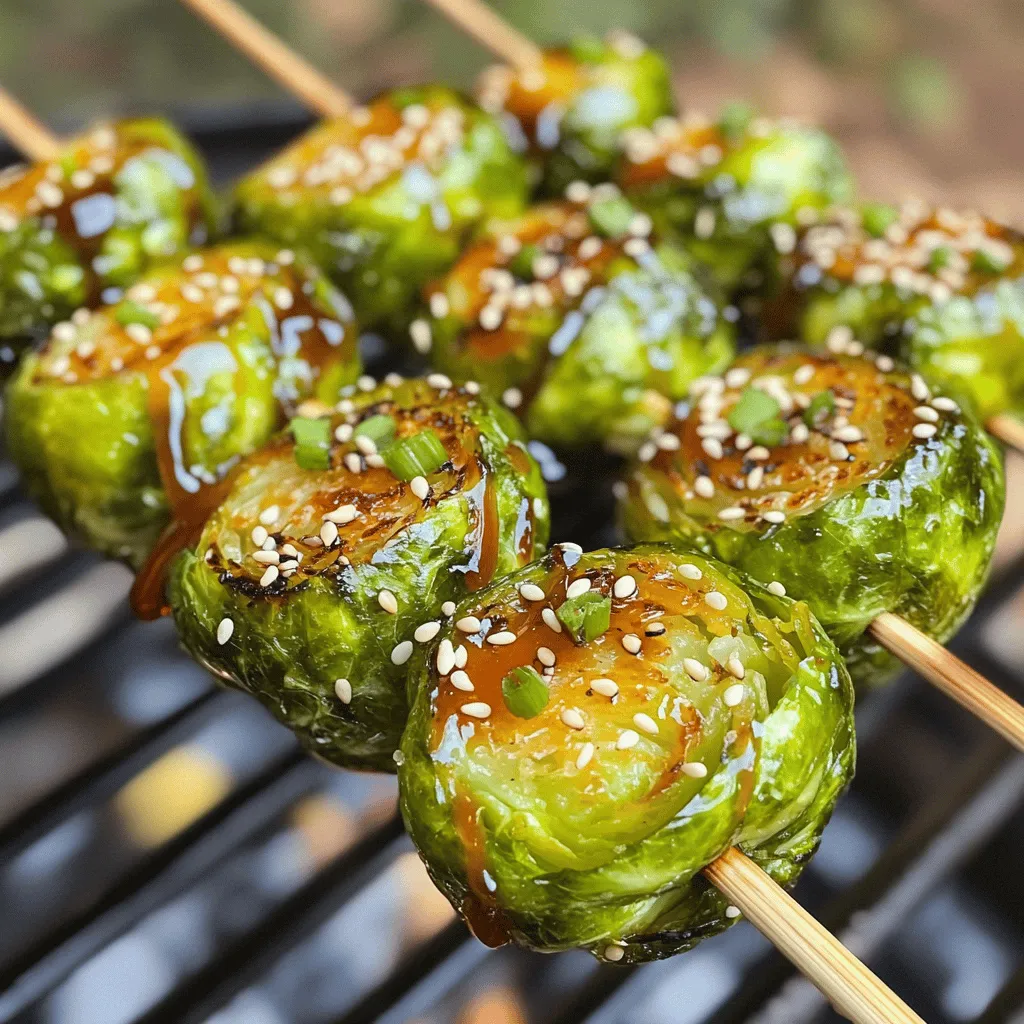 - 1 lb Brussels sprouts, trimmed and halved - 2 tablespoons olive oil - 2 tablespoons honey - 1 tablespoon Sriracha sauce - 1 tablespoon soy sauce - 1 teaspoon garlic powder - Salt and pepper to taste These main ingredients create a tasty and bold flavor. The Brussels sprouts serve as the star of the dish. Their natural sweetness pairs well with the honey and Sriracha. The olive oil adds richness, while the soy sauce brings depth. Garlic powder gives a nice kick, enhancing all the flavors. - Skewers (wooden or metal) - Optional garnishes (sesame seeds, green onions) You will need skewers to hold the Brussels sprouts together. If you use wooden skewers, soak them in water for about 30 minutes. This step helps prevent burning. For garnishes, sesame seeds and green onions add a fresh and crunchy touch. They also make your dish look extra nice. First, preheat your grill or oven to 400°F (200°C). This step is key for cooking your Brussels sprouts evenly. Next, grab a mixing bowl. In this bowl, whisk together the olive oil, honey, Sriracha, soy sauce, garlic powder, salt, and pepper. Mix until it is smooth and well combined. Now, take your trimmed and halved Brussels sprouts and add them to the bowl. Toss them thoroughly in the marinade. Make sure every sprout is coated well. This will give them a delicious flavor. You can cook your skewers either on the grill or in the oven. If you choose to grill, thread the marinated Brussels sprouts onto your skewers. Pack them tightly for even cooking. Place the skewers on the grill and cook for about 10-12 minutes. Turn them occasionally. You want them browned and tender. If baking, place the skewers on a baking sheet. Roast them in the oven for about 20-25 minutes. Flip the skewers halfway through to ensure they cook evenly. After cooking, remove the skewers from the grill or oven. Drizzle any remaining marinade over the top. This adds an extra burst of flavor. You can serve them warm, and for a nice touch, sprinkle some sesame seeds or chopped green onions on top. These garnishes enhance both the look and taste of your dish. Enjoy your Honey Sriracha Brussels sprout skewers! To perfect your marinate, start with Sriracha. You can adjust the heat by adding more or less. If you want a mild flavor, add less Sriracha. If you love spice, don’t hold back! The key is to stir well until every sprout is coated. This helps each bite taste amazing. When cooking your skewers, check for doneness by piercing a sprout with a fork. It should feel tender but not mushy. If using wooden skewers, soak them in water for 30 minutes first. This step helps prevent burning. Monitor your skewers closely on the grill or in the oven for best results. Pair these skewers with grilled chicken or fish for a fun meal. You can also serve with rice or a fresh salad for balance. For a creative touch, arrange them on a platter with dipping sauces. Try adding sesame seeds or chopped green onions on top. This adds both flavor and a pop of color! {{image_2}} You can switch up the sweetness in this recipe. Instead of honey, try maple syrup or agave. Both options give a unique taste. They can add a nice twist to the dish. You can also add bacon bits or nuts for texture. Bacon adds a savory touch, while nuts give crunch. Want to try something new? Use an air fryer! It cooks the sprouts crispy and keeps them tender. Just place the skewers in the air fryer for about 10 minutes. You can also broil them in the oven. Broiling gives a nice char and quick cooking. Place them on a baking sheet under the broiler for 8-10 minutes. Flip them halfway for even cooking. If you are vegan, skip the honey. Use maple syrup or agave instead. For gluten-free options, make sure to use gluten-free soy sauce. These small changes make it easy for anyone to enjoy this dish. To keep your Honey Sriracha Brussels Sprout Skewers fresh, store them in the fridge. Place leftovers in an airtight container. They will last up to four days. If you want to keep them longer, consider freezing them. Wrap the skewers tightly in plastic wrap and then in aluminum foil. Label the package and freeze for up to three months. When it’s time to enjoy leftovers, reheating them right makes a big difference. For the best results, use the oven. Preheat your oven to 350°F (175°C). Place the skewers on a baking sheet. Heat for about 10 minutes or until they are warm. This keeps them crispy and tasty. If you need a faster option, use the microwave. Place the skewers on a microwave-safe plate. Cover them with a damp paper towel. Heat for about 1-2 minutes, checking to avoid overcooking. This method is quick but may make them a bit softer. Enjoy your tasty skewers! Grill Brussels sprout skewers for about 10 to 12 minutes. Turn them occasionally to get even cooking. You want them to be browned and tender. If you bake them, roast for 20 to 25 minutes, flipping halfway. You can use frozen Brussels sprouts, but they need some changes. Thaw them first and pat them dry. Frozen sprouts may release more water, so reduce the olive oil slightly. These skewers pair well with many dishes. Try serving them with rice or quinoa for a hearty meal. Grilled chicken or shrimp also works great. For drinks, go with iced tea or a light beer. In this blog post, we explored how to make Honey Sriracha Brussels sprout skewers. We covered key ingredients, cooking methods, and even tips to perfect your dish. These skewers offer a mix of sweet and spicy flavors that make them a hit at any meal. Remember, you can adjust spices or try different cooking techniques to suit your taste. Finally, enjoy experimenting with ways to serve and store your tasty creations.