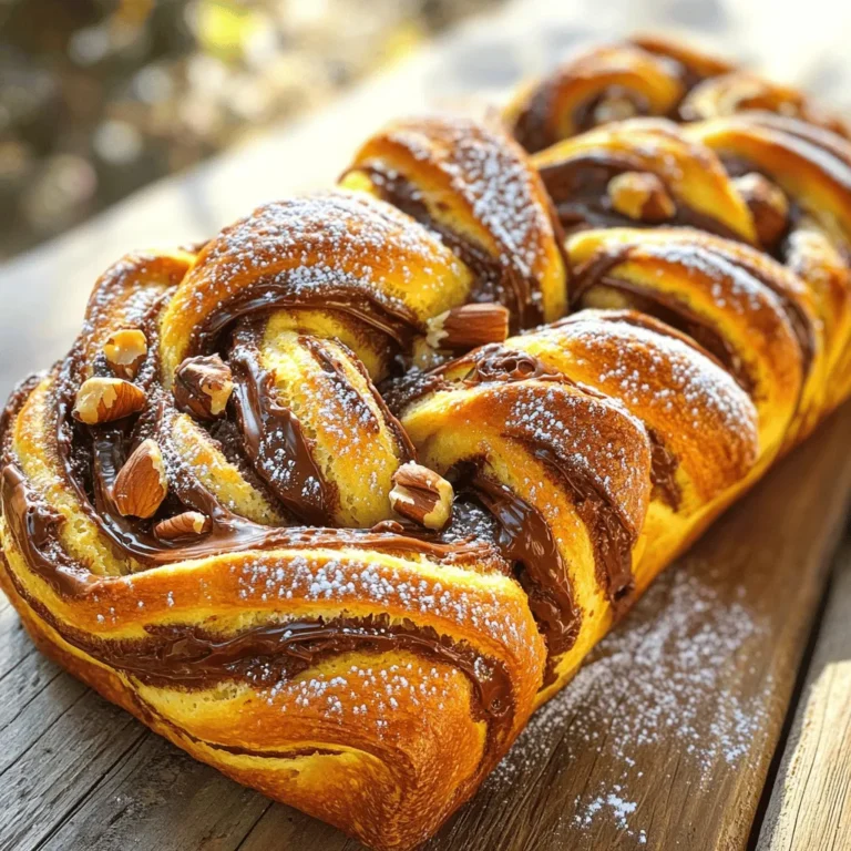 - 4 cups all-purpose flour - 2 tablespoons granulated sugar - 1 teaspoon salt - 1 packet (2 ¼ teaspoons) instant yeast The main ingredients include all-purpose flour, which gives the babka its structure. Granulated sugar adds sweetness, while salt balances the flavor. Instant yeast helps the dough rise quickly, making the process easier. - 1 cup whole milk (warm) - 4 tablespoons unsalted butter (melted) - 2 large eggs These extra ingredients add richness and moisture. Warm whole milk activates the yeast and helps the dough rise. Unsalted butter brings a lovely flavor and a soft texture. Eggs enrich the dough, providing a tender crumb. - 1 cup chocolate hazelnut spread (e.g., Nutella) - ½ cup roasted hazelnuts (roughly chopped) - 1 tablespoon cocoa powder (sifted) - Powdered sugar for dusting These special additions make the babka truly delightful. Chocolate hazelnut spread creates a creamy, sweet filling. Chopped hazelnuts add crunch and nutty flavor. Cocoa powder enhances the chocolate taste, while powdered sugar gives a lovely finish. To make the dough, start by mixing the dry ingredients. In a large bowl, combine 4 cups of all-purpose flour, 2 tablespoons of granulated sugar, and 1 teaspoon of salt. Stir well to mix evenly. Next, in another bowl, whisk together 1 cup of warm whole milk, 4 tablespoons of melted unsalted butter, and 2 large eggs. Slowly add this mixture to the dry ingredients. Sprinkle 1 packet of instant yeast over the top and stir until you see the dough start to form. Now, knead the dough. Transfer it to a floured surface and knead for about 8 to 10 minutes. The dough should feel smooth and elastic. After kneading, place the dough in a lightly greased bowl. Cover the bowl with a cloth and let it rise in a warm spot. This should take about 1 to 1.5 hours, or until the dough doubles in size. Once the dough has risen, gently punch it down. This helps to release any air bubbles. Let it rest for 10 minutes. Roll out the dough on a floured surface into a large rectangle. Aim for about 16 by 24 inches. Now, spread 1 cup of chocolate hazelnut spread evenly over the rolled dough. Leave a ½ inch border around the edges. Next, sprinkle 1 tablespoon of sifted cocoa powder and ½ cup of roughly chopped roasted hazelnuts on top of the spread. To shape the babka, start from the long side and carefully roll the dough into a tight log. Pinch the ends to seal. With a sharp knife, cut the log in half lengthwise. Twist the two strands together gently and place them in a greased 9x5 inch loaf pan. Cover with a cloth and let the babka rise again for about 30 to 45 minutes, until it puffs up. While the babka rises, preheat your oven to 350°F (175°C). For a glossy finish, beat 1 egg and brush it over the top of the babka. Bake for 30 to 35 minutes. It should look golden brown, and a skewer inserted in the center should come out clean. Once baked, let it cool in the pan for 10 minutes. Then, transfer it to a wire rack to cool completely. Dust with powdered sugar before serving. Enjoy your delicious babka! To get the best dough, aim for a soft and slightly sticky texture. If it feels too dry, add a splash of warm milk. If it's too wet, sprinkle in a bit more flour. The right texture helps the dough rise well. For rising, choose a warm spot. A sunny kitchen corner works great. You can also place the bowl in the oven with just the light on. This gentle heat helps the yeast grow, making your babka fluffy. To check if your babka is done, look for a golden brown crust. Gently tap the bottom of the loaf; it should sound hollow. If it’s too light, give it a few more minutes. For a perfect crust, brush the top with egg wash before baking. This will help it turn a beautiful golden color. After baking, let your babka cool slightly. Dust the top with powdered sugar for a lovely finish. This adds a nice touch to the look and taste. When serving, slice it into thick pieces. You can pair it with coffee or tea for a delightful treat. Enjoy it warm or at room temperature for the best flavor. {{image_2}} You can change the flavor of your babka easily. Try different nut spreads, like almond or cashew. Each one gives a new taste. You can also stir in spices or extracts. Cinnamon or vanilla can add warmth. These small changes can make a big difference! If you need gluten-free options, use a gluten-free flour blend. This works well with the same recipe. For vegan adaptations, swap the milk and butter for plant-based versions. Use flax eggs instead of regular eggs. These swaps keep the babka tasty while meeting dietary needs. Adding toppings is fun and makes your babka special. You can sprinkle crushed nuts or chocolate chips on top. Drizzling melted chocolate can also enhance the look and taste. For serving, slice the babka thick. Pair with coffee or tea for a cozy treat. You can also toast slices for a warm snack! To keep your chocolate hazelnut babka fresh at room temperature, wrap it well. Use plastic wrap or aluminum foil to cover the loaf. This will keep it moist and tasty. Make sure to store it in a cool, dry place. Avoid direct sunlight or heat sources. Your babka will stay fresh for about 3 days this way. For long-term storage, freezing is the best option. Wrap the babka tightly in plastic wrap. Then, place it in a freezer-safe bag. Make sure to squeeze out as much air as possible. You can freeze it for up to 3 months. When you are ready to enjoy it, thaw the babka in the fridge overnight. To reheat, simply pop it in a warm oven for 10-15 minutes. This will restore its soft texture. How long does babka last? When stored properly at room temperature, it lasts about 3 days. In the fridge, it can last up to a week. If frozen, it will stay good for about 3 months. Look for signs of spoilage. If you see mold, or if it smells off, it's best to toss it. A fresh babka should smell sweet and chocolatey. Always trust your senses when checking for freshness. Chocolate hazelnut babka is a sweet, twisted bread. It has roots in Eastern European Jewish culture. Babka means "grandma" in Polish, named after the shape of the bread. The dough is soft and rich, with a filling of chocolate and hazelnuts. This bread is perfect for breakfast or dessert. It brings warmth and joy to gatherings. Yes, you can make babka without yeast! You can use baking powder or baking soda instead. These options create a quick bread that rises faster. However, the texture will differ. Yeast gives babka its soft, airy quality. If you want a traditional taste, stick with yeast. If you're in a hurry, the quick method can work too. To check if your babka is done, use a skewer. Insert it into the thickest part of the bread. If it comes out clean, the babka is ready. You can also look for a golden-brown color on top. The bread should feel firm but springy to the touch. If it looks too light, give it more time in the oven. You can find chocolate hazelnut babka at local bakeries. Look for bakeries that focus on artisan bread. Many grocery stores may also carry it. If you prefer online shopping, check sites like Goldbelly or local delivery services. They often offer fresh babka from well-known bakeries. Always read reviews for the best options. Absolutely! You can use many fillings for babka. Try almond paste or fruit jams for a twist. You can also mix chocolate with spices like cinnamon. For a nutty crunch, add chopped walnuts or pecans. The options are endless! Get creative and find your favorite combination. Your babka can be unique to you! In this post, we explored how to make Chocolate Hazelnut Babka. We covered key ingredients like flour and eggs, followed by step-by-step instructions for preparing and baking. There were also tips for perfecting your dough and storage info to keep it fresh. Finally, don’t be afraid to get creative with flavors and fillings. Making babka can be a fun adventure, and your friends will love it. Enjoy baking and taste the sweet success of your creation!