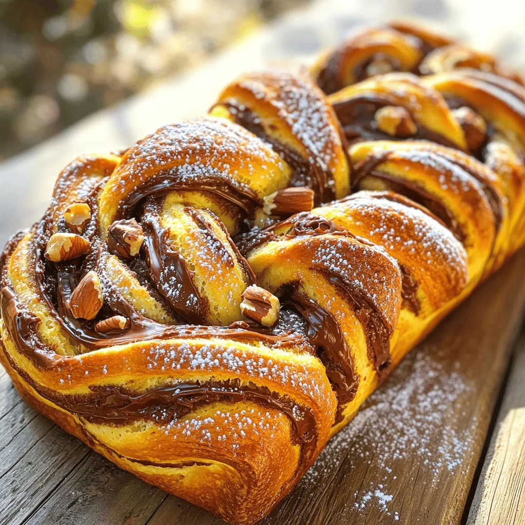 - 4 cups all-purpose flour - 2 tablespoons granulated sugar - 1 teaspoon salt - 1 packet (2 ¼ teaspoons) instant yeast The main ingredients include all-purpose flour, which gives the babka its structure. Granulated sugar adds sweetness, while salt balances the flavor. Instant yeast helps the dough rise quickly, making the process easier. - 1 cup whole milk (warm) - 4 tablespoons unsalted butter (melted) - 2 large eggs These extra ingredients add richness and moisture. Warm whole milk activates the yeast and helps the dough rise. Unsalted butter brings a lovely flavor and a soft texture. Eggs enrich the dough, providing a tender crumb. - 1 cup chocolate hazelnut spread (e.g., Nutella) - ½ cup roasted hazelnuts (roughly chopped) - 1 tablespoon cocoa powder (sifted) - Powdered sugar for dusting These special additions make the babka truly delightful. Chocolate hazelnut spread creates a creamy, sweet filling. Chopped hazelnuts add crunch and nutty flavor. Cocoa powder enhances the chocolate taste, while powdered sugar gives a lovely finish. To make the dough, start by mixing the dry ingredients. In a large bowl, combine 4 cups of all-purpose flour, 2 tablespoons of granulated sugar, and 1 teaspoon of salt. Stir well to mix evenly. Next, in another bowl, whisk together 1 cup of warm whole milk, 4 tablespoons of melted unsalted butter, and 2 large eggs. Slowly add this mixture to the dry ingredients. Sprinkle 1 packet of instant yeast over the top and stir until you see the dough start to form. Now, knead the dough. Transfer it to a floured surface and knead for about 8 to 10 minutes. The dough should feel smooth and elastic. After kneading, place the dough in a lightly greased bowl. Cover the bowl with a cloth and let it rise in a warm spot. This should take about 1 to 1.5 hours, or until the dough doubles in size. Once the dough has risen, gently punch it down. This helps to release any air bubbles. Let it rest for 10 minutes. Roll out the dough on a floured surface into a large rectangle. Aim for about 16 by 24 inches. Now, spread 1 cup of chocolate hazelnut spread evenly over the rolled dough. Leave a ½ inch border around the edges. Next, sprinkle 1 tablespoon of sifted cocoa powder and ½ cup of roughly chopped roasted hazelnuts on top of the spread. To shape the babka, start from the long side and carefully roll the dough into a tight log. Pinch the ends to seal. With a sharp knife, cut the log in half lengthwise. Twist the two strands together gently and place them in a greased 9x5 inch loaf pan. Cover with a cloth and let the babka rise again for about 30 to 45 minutes, until it puffs up. While the babka rises, preheat your oven to 350°F (175°C). For a glossy finish, beat 1 egg and brush it over the top of the babka. Bake for 30 to 35 minutes. It should look golden brown, and a skewer inserted in the center should come out clean. Once baked, let it cool in the pan for 10 minutes. Then, transfer it to a wire rack to cool completely. Dust with powdered sugar before serving. Enjoy your delicious babka! To get the best dough, aim for a soft and slightly sticky texture. If it feels too dry, add a splash of warm milk. If it's too wet, sprinkle in a bit more flour. The right texture helps the dough rise well. For rising, choose a warm spot. A sunny kitchen corner works great. You can also place the bowl in the oven with just the light on. This gentle heat helps the yeast grow, making your babka fluffy. To check if your babka is done, look for a golden brown crust. Gently tap the bottom of the loaf; it should sound hollow. If it’s too light, give it a few more minutes. For a perfect crust, brush the top with egg wash before baking. This will help it turn a beautiful golden color. After baking, let your babka cool slightly. Dust the top with powdered sugar for a lovely finish. This adds a nice touch to the look and taste. When serving, slice it into thick pieces. You can pair it with coffee or tea for a delightful treat. Enjoy it warm or at room temperature for the best flavor. {{image_2}} You can change the flavor of your babka easily. Try different nut spreads, like almond or cashew. Each one gives a new taste. You can also stir in spices or extracts. Cinnamon or vanilla can add warmth. These small changes can make a big difference! If you need gluten-free options, use a gluten-free flour blend. This works well with the same recipe. For vegan adaptations, swap the milk and butter for plant-based versions. Use flax eggs instead of regular eggs. These swaps keep the babka tasty while meeting dietary needs. Adding toppings is fun and makes your babka special. You can sprinkle crushed nuts or chocolate chips on top. Drizzling melted chocolate can also enhance the look and taste. For serving, slice the babka thick. Pair with coffee or tea for a cozy treat. You can also toast slices for a warm snack! To keep your chocolate hazelnut babka fresh at room temperature, wrap it well. Use plastic wrap or aluminum foil to cover the loaf. This will keep it moist and tasty. Make sure to store it in a cool, dry place. Avoid direct sunlight or heat sources. Your babka will stay fresh for about 3 days this way. For long-term storage, freezing is the best option. Wrap the babka tightly in plastic wrap. Then, place it in a freezer-safe bag. Make sure to squeeze out as much air as possible. You can freeze it for up to 3 months. When you are ready to enjoy it, thaw the babka in the fridge overnight. To reheat, simply pop it in a warm oven for 10-15 minutes. This will restore its soft texture. How long does babka last? When stored properly at room temperature, it lasts about 3 days. In the fridge, it can last up to a week. If frozen, it will stay good for about 3 months. Look for signs of spoilage. If you see mold, or if it smells off, it's best to toss it. A fresh babka should smell sweet and chocolatey. Always trust your senses when checking for freshness. Chocolate hazelnut babka is a sweet, twisted bread. It has roots in Eastern European Jewish culture. Babka means "grandma" in Polish, named after the shape of the bread. The dough is soft and rich, with a filling of chocolate and hazelnuts. This bread is perfect for breakfast or dessert. It brings warmth and joy to gatherings. Yes, you can make babka without yeast! You can use baking powder or baking soda instead. These options create a quick bread that rises faster. However, the texture will differ. Yeast gives babka its soft, airy quality. If you want a traditional taste, stick with yeast. If you're in a hurry, the quick method can work too. To check if your babka is done, use a skewer. Insert it into the thickest part of the bread. If it comes out clean, the babka is ready. You can also look for a golden-brown color on top. The bread should feel firm but springy to the touch. If it looks too light, give it more time in the oven. You can find chocolate hazelnut babka at local bakeries. Look for bakeries that focus on artisan bread. Many grocery stores may also carry it. If you prefer online shopping, check sites like Goldbelly or local delivery services. They often offer fresh babka from well-known bakeries. Always read reviews for the best options. Absolutely! You can use many fillings for babka. Try almond paste or fruit jams for a twist. You can also mix chocolate with spices like cinnamon. For a nutty crunch, add chopped walnuts or pecans. The options are endless! Get creative and find your favorite combination. Your babka can be unique to you! In this post, we explored how to make Chocolate Hazelnut Babka. We covered key ingredients like flour and eggs, followed by step-by-step instructions for preparing and baking. There were also tips for perfecting your dough and storage info to keep it fresh. Finally, don’t be afraid to get creative with flavors and fillings. Making babka can be a fun adventure, and your friends will love it. Enjoy baking and taste the sweet success of your creation!