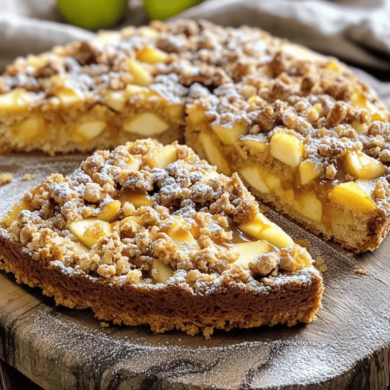 To make this tasty caramel apple streusel coffee cake, you will need: - 2 cups all-purpose flour - 1 cup granulated sugar - 1/2 cup unsalted butter, softened - 1/2 cup brown sugar, packed - 1/2 cup sour cream - 3 large eggs - 1 teaspoon vanilla extract - 1 teaspoon baking powder - 1/2 teaspoon baking soda - 1/2 teaspoon salt - 2 medium apples, peeled, cored, and diced (preferably Granny Smith) - 1 teaspoon cinnamon - 1/2 cup caramel sauce (store-bought or homemade) - 1/2 cup rolled oats (for streusel) - 1/4 cup chopped walnuts (optional for streusel) If you need to change some ingredients, here are some great swaps: - Use coconut oil or vegan butter for a dairy-free option. - Substitute Greek yogurt for sour cream for added protein. - Replace granulated sugar with coconut sugar for a lower glycemic index. - For a gluten-free version, use a 1:1 gluten-free flour blend. You can make your coffee cake even more special with these add-ins: - Add a handful of raisins or dried cranberries for extra sweetness. - Top with a sprinkle of powdered sugar for a nice finish. - Drizzle extra caramel sauce on top before serving. - Serve with a dollop of whipped cream or ice cream for a treat! Start by preheating your oven to 350°F (175°C). Grease and flour a 9x13-inch baking pan. Next, grab a mixing bowl and cream together 1/2 cup of softened butter, 1 cup of granulated sugar, and 1/2 cup of brown sugar. Mix until the mixture is light and fluffy. Add 3 large eggs one at a time, mixing well after each. Then, stir in 1/2 cup of sour cream and 1 teaspoon of vanilla extract. In another bowl, whisk together 2 cups of all-purpose flour, 1 teaspoon of baking powder, 1/2 teaspoon of baking soda, and 1/2 teaspoon of salt. Gradually add this dry mix to the wet ingredients. Mix just until combined. Gently fold in 2 medium diced apples and 1 teaspoon of cinnamon. Pour half of the cake batter into your prepared baking pan. Drizzle half of the 1/2 cup of caramel sauce over the batter. Then, pour the rest of the batter on top, and drizzle the remaining caramel over this layer. In a separate bowl, mix 1/2 cup of rolled oats, 1/4 cup of chopped walnuts (if using), and some brown sugar for the streusel topping. Sprinkle this mixture evenly over the cake. Now, bake your cake in the preheated oven for 40-45 minutes. Check if it is done by inserting a toothpick in the center. If it comes out clean, your cake is ready. Once your cake is done, let it cool in the pan for about 15 minutes. After that, transfer it to a wire rack to cool completely. For serving, slice the cake warm or at room temperature. Drizzle with extra caramel sauce and dust with powdered sugar for a nice touch. Enjoy it with your favorite cup of coffee! To make the best caramel apple streusel coffee cake, follow these tips: - Use room temperature ingredients: This helps them mix well. Take your eggs and butter out early. - Don’t overmix the batter: Mix just enough. Overmixing makes the cake tough. - Choose the right apples: I love Granny Smith for their tartness. They balance the sweet caramel. - Measure flour accurately: Use a spoon to scoop flour into the cup. This prevents a dense cake. - Test for doneness: Insert a toothpick into the center. It should come out clean when the cake is ready. Here are some mistakes to watch out for: - Skipping the greasing step: Always grease the pan. This helps the cake come out without sticking. - Using cold eggs: Cold eggs can make the batter clumpy. Always use room temperature eggs. - Not letting it cool: Cooling the cake in the pan for 15 minutes is key. It helps set the layers. - Skipping the streusel topping: The crunchy topping adds great flavor and texture. Don’t skip it! Here are some great ways to serve your cake: - Warm slices: Serve the cake warm for a cozy treat. - Extra caramel drizzle: Drizzle more caramel sauce on top for a sweet touch. - Dust with powdered sugar: A light dusting adds a pretty finish. - Pair with coffee: Enjoy your cake with a hot cup of coffee for a perfect match. - Add whipped cream: A dollop of whipped cream makes it even more delightful. {{image_2}} You can add different flavors to your caramel apple streusel coffee cake. Try using pears instead of apples for a sweet twist. You could also swap in cranberries for a tart kick. Want a spiced cake? Add nutmeg or ginger with the cinnamon. For a nutty flavor, use pecans instead of walnuts in the streusel. Seasonal ingredients can make this cake even better. In fall, use fresh apples from local farms. In winter, try oranges or citrus zest for a bright taste. Spring brings fresh strawberries that taste great in the batter. In summer, mix in berries like blueberries or raspberries. Each season offers unique flavors to explore. If you love coffee cake, you can try other tasty recipes. Cinnamon roll coffee cake combines soft dough with cinnamon swirls. Another option is a pumpkin coffee cake, perfect for fall. You might enjoy a chocolate chip coffee cake, which is great for chocolate lovers. These recipes share the same comforting feel as caramel apple streusel coffee cake. To keep your caramel apple streusel coffee cake fresh, wrap it tightly. Use plastic wrap or foil. Store it at room temperature for up to three days. If you want to keep it longer, refrigerate it. This will keep it fresh for about a week. When you want to enjoy your coffee cake again, reheat it gently. Preheat your oven to 350°F (175°C). Place slices on a baking sheet. Heat for about 10 minutes. You can also use the microwave. Microwave each slice for about 15-20 seconds. To freeze the cake, first let it cool completely. Wrap it tightly in plastic wrap. Then, put it in a freezer-safe bag. This way, it stays good for up to three months. When you want to eat it, thaw in the fridge overnight. Reheat as described above. I love using Granny Smith apples for this recipe. They have a nice tartness that balances the sweet caramel. Their firm texture holds up well during baking. You could also try Honeycrisp or Fuji apples for a sweeter taste. Just make sure to peel and core them before dicing. Yes, you can use different flours. If you prefer whole wheat flour, it adds a nutty flavor. Just use the same amount as all-purpose flour. If you want a lighter cake, you can use cake flour. This will give your coffee cake a tender crumb. To make this coffee cake gluten-free, use a gluten-free all-purpose flour blend. Look for one that has a good mix of starches. Follow the same measurements in the recipe. Adding a bit of xanthan gum can also help with texture. Serve this cake warm or at room temperature. A drizzle of extra caramel sauce on top adds a nice touch. You can also dust it with powdered sugar for a pretty finish. Enjoy it with a hot cup of coffee or tea for the best experience! In this post, we explored the key ingredients for caramel apple streusel coffee cake and how to prepare it. I shared tips for baking success, common mistakes to avoid, and tasty variations. Storing and reheating your leftovers ensures you enjoy every bite. Remember, the best apples and flour can change the dish. With this guide, you can confidently make this treat your own. Enjoy creating and sharing this delicious coffee cake!