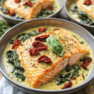 - 4 salmon fillets - 2 tablespoons olive oil - 3 cloves garlic, minced - 1 cup fresh spinach - 1/2 cup sun-dried tomatoes, chopped - 1 cup heavy cream - 1 teaspoon Italian seasoning - 1/2 cup grated Parmesan cheese - Salt and pepper to taste - Fresh basil, for garnish This dish shines with its fresh and vibrant ingredients. You start with salmon fillets, which are high in protein and omega-3s. Olive oil brings a rich flavor and healthy fats. Garlic adds a punch of taste that brightens the dish. Fresh spinach gives a nice color and nutrients. Sun-dried tomatoes introduce a sweet and tangy note. For the sauce, the heavy cream makes it rich and creamy. Italian seasoning enhances the flavor with herbs like oregano and basil. Grated Parmesan cheese adds a salty, nutty touch. Don’t forget salt and pepper to taste. Fresh basil on top adds both aroma and a pop of color. Using quality ingredients elevates this meal. Each component plays a role in making your One-Skillet Tuscan Salmon both delicious and healthy. First, heat 2 tablespoons of olive oil in a large skillet over medium-high heat. While the oil warms, season 4 salmon fillets with salt and pepper. Once the oil shimmers, place the salmon skin-side down in the skillet. Cook the salmon for about 4-5 minutes on each side. You want a golden-brown crust. Check for doneness by gently flaking the thickest part of the fillet. When it flakes easily, it’s ready. Remove the salmon from the skillet and set it aside. Next, in the same skillet, add 3 minced garlic cloves. Sauté them for about 30 seconds until they are fragrant. Then, add 1/2 cup of chopped sun-dried tomatoes. Cook for another minute to soften them. Reduce the heat to medium-low and pour in 1 cup of heavy cream. Stir continuously to mix with the garlic and tomatoes. Add 1 teaspoon of Italian seasoning and let it simmer for about 2-3 minutes until it thickens slightly. Now, stir in 1 cup of fresh spinach and let it wilt for 1-2 minutes. Once the spinach is soft, sprinkle in 1/2 cup of grated Parmesan cheese. Stir until the cheese melts and the sauce becomes creamy. Carefully return the cooked salmon to the skillet. Spoon the sauce over each fillet to coat it well. Let everything simmer together for an additional 2 minutes to reheat the salmon. Finally, remove the skillet from the heat and garnish with fresh basil before serving. To ensure your salmon is cooked properly, focus on timing. Cook each fillet for about 4-5 minutes on each side. Look for a golden brown color. The salmon should flake easily with a fork when done. If you prefer, use a meat thermometer. Aim for an internal temperature of 145°F. For a creamy sauce consistency, stir in the heavy cream slowly. Keep the heat on medium-low to avoid burning. Add the Parmesan cheese after the cream. This helps it melt well and gives a rich texture. If the sauce gets too thick, add a splash of water or broth. Garnish your dish with fresh basil for a pop of color and flavor. Just sprinkle the leaves on top right before serving. This adds a fresh taste that balances the creaminess. When it comes to sides, pair this dish with simple options. Steamed green beans or a fresh salad work great. You can also serve it with crusty bread to soak up the sauce. Each bite will be a delight! {{image_2}} You can change the vegetables in this dish to suit your taste. Try using kale or arugula instead of spinach. Both add unique flavors and nutrients. You can also add bell peppers or zucchini for a colorful twist. If you want to swap proteins, go for chicken or shrimp. Both options give a nice flavor and cook well in the skillet. For a vegetarian option, use firm tofu or chickpeas. Just make sure to adjust cooking times for these swaps. Cheese can be varied too. If you want a sharper taste, try using aged cheddar or goat cheese instead of Parmesan. Each cheese will change the dish’s flavor profile. Herbs and spices can take this dish to the next level. Adding fresh herbs like thyme or oregano can boost the taste. If you love heat, sprinkle in some red pepper flakes for a kick. Citrus is another great way to add brightness. You can squeeze fresh lemon or lime juice over the dish before serving. This small step will brighten the flavors and refresh your palate. Consider adding lemon zest for an extra zing. These variations let you make One-Skillet Tuscan Salmon your own. Have fun experimenting with different ingredients and flavors! To keep your One-Skillet Tuscan Salmon fresh, store it in the fridge. Place the salmon in an airtight container. It will last for up to three days. For best taste, eat it within two days. When you reheat, use the stovetop. Heat on low until warm. This keeps the salmon moist and tasty. You can also use a microwave. Cover the salmon with a damp paper towel to prevent it from drying out. To freeze One-Skillet Tuscan Salmon, let it cool completely. Wrap each fillet in plastic wrap. Then place them in a freezer-safe bag. Remove as much air as possible. It can stay in the freezer for up to three months. When ready to eat, thaw it in the fridge overnight. For quick thawing, place the bag in cold water for an hour. After thawing, you can reheat it using the stovetop method or the microwave. Cooking salmon in a skillet takes about 8 to 10 minutes. - Cook skin-side down for 4-5 minutes. - Flip and cook for another 4-5 minutes. - Aim for an internal temperature of 145°F. Yes, you can use frozen salmon fillets. - Thaw them overnight in the fridge. - If you need to cook them frozen, add a few extra minutes. - Cook until the salmon is opaque and flakes easily. You can pair this dish with several sides. - Serve with creamy mashed potatoes. - Try garlic bread for a crunchy touch. - A fresh salad with lemon vinaigrette works well too. - Roasted vegetables add a nice color and flavor. In this article, we explored the key ingredients for One-Skillet Tuscan Salmon, like salmon, garlic, and fresh spinach. We walked through step-by-step instructions for preparing the salmon and making a creamy sauce. I also shared tips to perfect your dish, offering serving suggestions and variations. Final thoughts: This meal is simple yet flavorful, making it a great option for any night. Enjoy your cooking journey and share this delicious dish with loved ones.