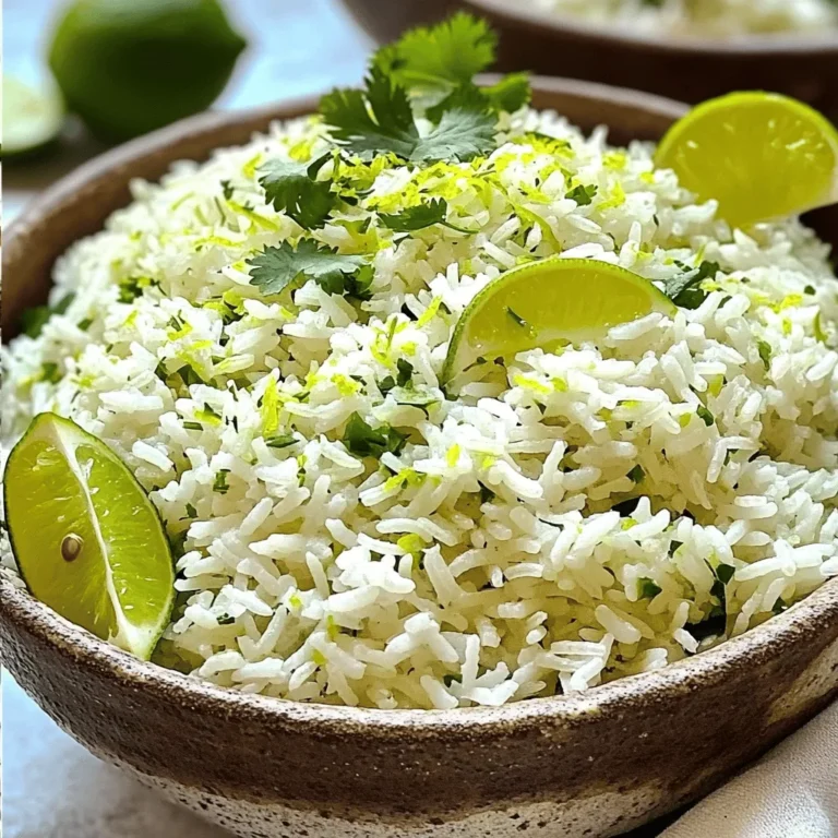 To make cilantro lime rice, you need the following items: - 1 cup jasmine rice - 2 cups vegetable broth (or water) - 1 tablespoon olive oil - 1 lime (zested and juiced) - 1/4 cup fresh cilantro, finely chopped - 1 garlic clove, minced - 1/2 teaspoon salt - 1/4 teaspoon black pepper You can tweak this recipe to suit your taste. Here are some ideas: - Use brown rice for a healthier option. - Swap lime for lemon for a different flavor. - Add diced jalapeños for a spicy kick. - Include chopped green onions for extra freshness. - Mix in black beans for added protein and texture. Having the right tools makes cooking easier. Here’s what I suggest: - A medium saucepan for cooking the rice. - A measuring cup for precise ingredient amounts. - A sharp knife and cutting board for chopping. - A zester for getting lime zest. - A fork for fluffing the rice. These items will help you create the perfect cilantro lime rice. Enjoy your cooking! First, rinse the jasmine rice under cold water. This step is key. Rinsing removes excess starch. It helps make your rice fluffier. You want the water to run clear when you rinse. This means the rice is ready. Next, grab a medium saucepan. Heat the olive oil over medium heat. Once hot, add the minced garlic. Sauté it for about 30 seconds. You want the garlic to smell good but not brown. Now, add the rinsed rice to the pan. Stir it well to coat the rice in oil. Toast the rice for 1-2 minutes, stirring often. This adds a nice flavor. After toasting, pour in the vegetable broth or water. Bring it to a boil. When it boils, lower the heat. Cover the saucepan and let it simmer for 15-18 minutes. You’ll know it’s done when the rice is tender and the liquid is gone. Once the rice is done, turn off the heat. Let the rice sit covered for another 5 minutes. This steaming step makes it even fluffier. After that, remove the lid. Use a fork to fluff the rice gently. Now it’s time to add the good stuff! Stir in the lime juice, lime zest, chopped cilantro, salt, and black pepper. Mix it well until everything is combined. Taste it! You can add more lime juice or salt if you want. This step makes the dish pop with flavor. Serve your cilantro lime rice in a big bowl or in individual dishes. For a fun touch, add lime wedges and a sprig of cilantro on top. Enjoy your fresh and zesty dish! To make fluffy rice, rinse the jasmine rice first. Rinsing removes extra starch. This helps the rice grains stay separate. Use a fine-mesh strainer for best results. After rinsing, toast the rice in oil. This adds flavor and keeps the rice fluffy. Cook the rice in vegetable broth or water. The broth gives it a richer taste. To boost flavor, add lime zest and juice. They bring a bright, zesty taste. Fresh cilantro also adds a nice touch. Mix it in right before serving. If you like spice, add some chopped jalapeños. For a nutty flavor, try adding toasted pine nuts. You can also mix in a pinch of cumin for warmth. One common mistake is not rinsing the rice. This can lead to sticky rice. Also, avoid lifting the lid while cooking. This lets steam escape and can ruin your rice. Make sure to measure the liquid carefully. Too much water can make the rice mushy. Lastly, don’t skip the steaming step after cooking. This helps the rice become fluffy and light. {{image_2}} You can switch up this dish with easy additions. Try adding black beans for protein. Diced tomatoes bring a fresh taste. For a spicy kick, add chopped jalapeños. You can also mix in corn for sweetness. Each choice adds its own flavor twist. Don’t be afraid to experiment! You can cook cilantro lime rice using different methods. A rice cooker works well for hands-free cooking. Just add rinsed rice, broth, and follow the machine’s settings. For an Instant Pot, use the sauté function for garlic, then add rice and broth. Cook on high pressure for just 4 minutes! Both methods yield fluffy rice with great texture. Cilantro lime rice is super versatile. Serve it as a side with tacos or grilled chicken. It pairs well with fish and shrimp, too. You can also use it as a base for burrito bowls. Top with avocado, sour cream, or salsa for added flavor. Garnish with lime wedges and cilantro for a pretty touch. You can store leftover cilantro lime rice in an airtight container. Let the rice cool before sealing it. This helps keep it fresh. Place the container in the fridge. It will last for about 3 to 5 days. Always check for any off smells before using it again. To reheat, you can use the microwave or stovetop. For the microwave, place the rice in a bowl. Add a splash of water to keep it moist. Cover it with a damp paper towel. Heat for 1 to 2 minutes, stirring halfway. For the stovetop, add the rice to a pan. Add a small amount of water and heat over low heat. Stir until warm, about 5 minutes. Freezing is a great way to save extra rice. First, let it cool completely. Then, scoop it into freezer-safe bags. Be sure to remove as much air as possible before sealing. Label the bags with the date. You can store it in the freezer for up to 3 months. When ready to eat, thaw it in the fridge overnight before reheating. I recommend using jasmine rice for cilantro lime rice. It has a soft texture and a nice aroma. The rice cooks up fluffy and pairs well with the lime and cilantro flavors. You can also use basmati rice if you prefer. Just remember to rinse it well before cooking. Yes, fresh lime juice is best for this dish. The taste is brighter and more vibrant than bottled juice. Plus, fresh lime zest adds extra flavor to the rice. If you have fresh limes, use them for the best results. Absolutely! Cilantro lime rice works great for meal prep. You can cook a big batch and store it in the fridge. It keeps well for about four days. Just reheat it in the microwave or on the stove when you're ready to eat. This rice pairs well with many dishes, making it a versatile choice for your meals. In this article, I shared how to make cilantro lime rice. We covered the best ingredients, step-by-step cooking methods, and helpful tips for perfect rice. I also explored variations and how to store leftovers. Remember, cooking rice can be simple. Small tweaks can make a big difference in taste. Try your own mix of flavors and enjoy every bite. Happy cooking!