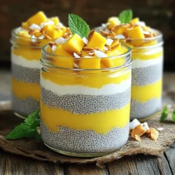You will need coconut milk for this pudding. I recommend using full-fat coconut milk. It gives a rich and creamy texture. If you prefer, you can use almond milk or any milk you like. The almond milk adds a nice nutty flavor. Mixing both coconut and almond milk creates a great base for this treat. Chia seeds are key for this recipe. They help thicken the pudding. You will need 1/4 cup of chia seeds. For sweetness, use 2 tablespoons of maple syrup or honey. Both these options work well. They add a touch of natural sweetness without overpowering the coconut flavor. A pinch of salt enhances all the flavors. Fresh fruit makes this dish pop! You will need one ripe mango, diced. The sweet and juicy mango adds a bright flavor. For the fun finish, use toasted coconut flakes. They add crunch and a lovely coconut taste. Fresh mint leaves also make a nice garnish. They give a burst of color and flavor on top. To start, gather your ingredients. You will need coconut milk, almond milk, maple syrup, vanilla extract, and a pinch of salt. In a large bowl, combine 1 cup of coconut milk with 1/2 cup of almond milk. Whisk these together until they blend well. Add 2 tablespoons of maple syrup and 1/2 teaspoon of vanilla extract. Finally, sprinkle in a pinch of salt to enhance the flavors. Now, it's time to add the chia seeds. Measure out 1/4 cup of chia seeds and slowly sprinkle them into your liquid mixture. As you add the seeds, whisk continuously. This keeps the seeds from clumping together. Make sure they are evenly distributed throughout the mix. Cover the bowl with plastic wrap or pour the mixture into a jar with a lid. Place it in the fridge for at least 4 hours, or even overnight. This time allows the chia seeds to absorb the liquid and thicken into a pudding-like texture. After chilling, stir the pudding well to break up any clumps. Now you can serve it in bowls or jars. Top with fresh mango and toasted coconut flakes for a tasty finish! To make your mango coconut chia pudding smooth, start with the right mix of liquids. Use full-fat coconut milk for creaminess and almond milk for balance. Whisk them together until well combined. Slowly add the chia seeds while whisking to avoid clumps. This helps the seeds mix evenly. Let the mixture chill for at least 4 hours or overnight. This time allows the chia seeds to absorb liquid and thicken. If it feels too thick later, stir in a bit more milk. To boost the flavor of your pudding, use ripe fruit. Fresh mango adds a sweet touch. You can also mix in some vanilla extract to enhance the taste. Consider adding a sprinkle of cinnamon or nutmeg for warmth. If you want extra sweetness, try using honey or agave syrup. Experiment with flavors to find what you love best. Each addition can change the taste profile, making it unique. When serving your pudding, think about presentation. Layer it in clear jars to show off the colors. Top each serving with diced mango for a fresh look. A sprinkle of toasted coconut flakes adds a nice crunch. Garnish with fresh mint leaves for a splash of green. Serve it chilled for a refreshing treat. This dish works great as a breakfast, snack, or dessert. You can even make it ahead of time for busy days. {{image_2}} You can make this mango coconut chia pudding even more exciting. Adding other fruits can bring new flavors and colors. Try diced pineapple, papaya, or kiwi. You can mix and match to find your favorite. Each fruit adds its own twist. For example, pineapple adds sweetness and a bit of tartness. This makes your pudding a true tropical delight. Maple syrup is great, but you have options. You can use agave nectar or coconut sugar instead. These sweeteners change the taste a bit. Agave is more neutral, while coconut sugar gives a caramel hint. You might also try mashed bananas for natural sweetness. Just remember to adjust your liquid ingredients if you do! Coconut milk is rich and creamy, but other milks work too. Almond milk is lighter and has a nutty flavor. Oat milk adds a smooth texture, and soy milk is another option. Each milk brings its own taste. You can even mix two types for a unique flavor. Experiment to find your perfect blend. To keep your mango coconut chia pudding fresh, store it in an airtight container. Glass jars work great for this. Make sure to seal the lid tightly. Keep it in the fridge. The chill helps maintain its creamy texture. Chia pudding stays good for about 5 days in the fridge. After that, it may lose its taste and texture. Always check for any off smell or changes in color before eating. If your pudding thickens too much, add a splash of coconut or almond milk. Stir it well to mix. This will bring back its creamy consistency. You can also add fresh fruit or nuts to brighten the flavor. Enjoy your tasty treat again! Yes, you can use many fruits! Berries, bananas, or kiwi work great. Try adding strawberries for a sweet touch. Pineapple can bring a tropical vibe. Each fruit adds its own flavor and color. You can mix and match to keep it fun. Chia pudding is very healthy! Chia seeds are full of fiber, protein, and omega-3s. They help keep you full and support digestion. Coconut milk provides healthy fats. Almond milk is low in calories and adds nutrients. This pudding is a great choice for breakfast or a snack. Chia seeds need about 4 hours to thicken. If you can, let them sit overnight. This gives them time to soak up the liquid. After this time, they will turn creamy and pudding-like. Stir once before serving to mix everything well. You can create delicious chia pudding with simple ingredients and easy steps. We explored coconut milk, chia seeds, and fresh fruits. You learned how to prepare the base and mix in the chia seeds for the right thickness. Tips helped you find the best consistency and flavor. Remember, you can switch up the fruits and milk for fun variations. Store your pudding well to keep it fresh. With this guide, you’ll enjoy chia pudding that’s both tasty and healthy. Enjoy making it your way!