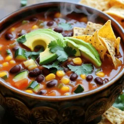 To make a tasty veggie loaded taco soup, you need these main items: - 1 can (15 oz) black beans, rinsed and drained - 1 can (15 oz) kidney beans, rinsed and drained - 1 can (15 oz) corn kernels, drained - 1 medium zucchini, diced - 1 bell pepper (any color), diced - 1 medium onion, chopped - 2 cloves garlic, minced - 1 can (14.5 oz) diced tomatoes with green chilies - 2 cups vegetable broth - 1 tablespoon taco seasoning (store-bought or homemade) - 1 teaspoon cumin - 1 teaspoon paprika - Salt and pepper to taste - Juice of 1 lime These ingredients create a hearty base for your soup and pack it with flavor. Garnishing your soup makes it more fun to eat. Here are some great ideas: - Fresh cilantro, for garnish - Avocado slices, for serving - Tortilla chips, for serving These toppings add freshness and crunch, making your meal feel special. To ensure your taco soup tastes great, choose quality products. - Use low-sodium vegetable broth to control salt. - Pick organic canned beans and corn for better taste. - Use fresh vegetables when possible for added flavor. By selecting the best ingredients, you’ll create a delicious and satisfying meal everyone will enjoy. To start, gather all your ingredients. You will need: - 1 can (15 oz) black beans, rinsed and drained - 1 can (15 oz) kidney beans, rinsed and drained - 1 can (15 oz) corn kernels, drained - 1 medium zucchini, diced - 1 bell pepper (any color), diced - 1 medium onion, chopped - 2 cloves garlic, minced - 1 can (14.5 oz) diced tomatoes with green chilies - 2 cups vegetable broth - 1 tablespoon taco seasoning - 1 teaspoon cumin - 1 teaspoon paprika - Salt and pepper to taste - Juice of 1 lime - Fresh cilantro, for garnish - Avocado slices, for serving - Tortilla chips, for serving Wash and chop the zucchini, bell pepper, and onion. Drain the beans and corn. Mince the garlic. This step makes cooking smooth. Grab your large crockpot. Start by adding the black beans, kidney beans, corn, zucchini, bell pepper, onion, and garlic. Next, pour the can of diced tomatoes on top. Do not drain the tomatoes; the juices add flavor. Now, add the vegetable broth. Sprinkle in the taco seasoning, cumin, paprika, salt, and pepper. Stir everything gently. Mixing well ensures all flavors blend. Cover your crockpot. Set it to cook. If you choose low, cook for 6-8 hours. For a quicker meal, set it to high and cook for 3-4 hours. You want the veggies to be tender and the flavors to meld. When the cooking time is up, squeeze in the lime juice for a fresh touch. Serve hot, garnished with fresh cilantro, avocado slices, and tortilla chips. Enjoy your hearty taco soup! To boost the taste of your taco soup, use fresh herbs. Fresh cilantro adds a bright flavor. You can also use fresh lime juice for a zesty kick. If you want more heat, add diced jalapeños or a dash of hot sauce. For depth, try using smoked paprika instead of regular paprika. A splash of soy sauce can add umami, too. One big mistake is not rinsing canned beans. Rinsing helps reduce sodium and improves taste. Another common error is overcooking the soup. Cooking too long can make the veggies mushy. Be sure to check the doneness of the veggies before serving. Lastly, do not skip the lime juice. It brightens up the flavors and makes the soup pop. Serve your soup in deep bowls for a cozy feel. Top each bowl with fresh cilantro and avocado slices. Crunchy tortilla chips on the side add great texture. You can also offer a dollop of sour cream or Greek yogurt for creaminess. For extra flair, set out lime wedges. Your guests will love customizing their bowls! {{image_2}} You can change the veggies in your taco soup to fit your taste. Try adding carrots, spinach, or sweet potatoes. Each option brings a new flavor and texture. You can also use what you have at home. Just keep the balance of beans and broth the same to keep it hearty. If you love heat, add some diced jalapeños or a dash of hot sauce. You can also swap regular taco seasoning for a spicy blend. For a mild version, stick to the basic taco seasoning. Taste as you cook. Adjust the spice to suit your family’s taste buds. To make the soup heartier, add proteins like diced chicken, turkey, or beef. You can also use tofu or tempeh for a plant-based option. If you add meat, make sure to cook it before adding to the crockpot. This way, your soup stays flavorful and filling. After you make your veggie loaded taco soup, let it cool down. Use an airtight container for storage. Glass containers work well because they do not absorb odors. Make sure to label and date your containers. This way, you will know how long they have been in the fridge. You can freeze the soup for later. Just pour it into freezer-safe bags or containers. Remove as much air as you can to prevent freezer burn. It will last about three months in the freezer. When you're ready to eat, thaw it in the fridge overnight. Reheat on the stove or in the microwave until hot. Stir well to ensure even heating. When you have leftovers, store them in small portions. This makes it easier to reheat just what you need. If you have toppings like avocado or cilantro, add those fresh when serving. This keeps them crisp and tasty. Always check your soup for freshness before eating it. If it smells or looks off, throw it out. Enjoy your hearty meal again! Yes, this taco soup is already vegetarian. It uses black and kidney beans for protein. You can add more veggies like carrots or sweet potatoes for added flavor. If you want to enhance taste, try adding more spices or herbs. You can make your own taco seasoning easily. Just mix cumin, paprika, garlic powder, and onion powder. Adjust to your taste. You can also use chili powder or a store-bought spice blend if you prefer. This recipe is gluten-free if you choose gluten-free broth and seasonings. Always check labels on your ingredients. Most canned beans, corn, and tomatoes are gluten-free, but it’s good to verify. This blog post shared how to make a tasty veggie loaded taco soup. You learned about key ingredients and optional garnishes to enhance your dish. I provided step-by-step instructions for cooking it in a crockpot, along with tips to boost flavors and avoid mistakes. Exploring variations helps you customize the soup to your taste. Lastly, I covered how to store your soup and answered common questions. Enjoy your cooking, and remember, each bowl can be a new adventure!