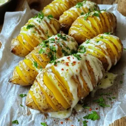 - 4 medium-sized Yukon Gold potatoes - 4 tablespoons unsalted butter, melted - 4 cloves garlic, minced - 1 teaspoon dried Italian herbs (oregano, thyme, basil) - ½ cup grated Parmesan cheese - Salt and black pepper, to taste - Fresh parsley, chopped (for garnish) - Olive oil, for drizzling - Optional: crushed red pepper flakes for added heat These ingredients create a delicious blend that makes each bite special. Yukon Gold potatoes work best because they have a creamy texture. The unsalted butter adds rich flavor, while garlic gives a nice kick. Parmesan cheese melts perfectly into the slices, making them cheesy and tasty. The dried Italian herbs bring warmth and depth to the dish. You can adjust salt and black pepper to your taste. Fresh parsley adds a bright touch at the end, making the dish look beautiful. A drizzle of olive oil before serving gives a nice shine and extra flavor. If you like spice, add crushed red pepper flakes for a delightful heat. Using these ingredients, you will create a dish that is crispy on the outside and soft on the inside. Each layer will burst with garlic and cheese goodness. Trust me, these potatoes will impress everyone at your table. 1. First, preheat your oven to 425°F (220°C). This helps achieve a crispy texture. 2. Wash and scrub the Yukon Gold potatoes well. Dry them with a towel to remove any water. 3. To slice the potatoes, place each one between two wooden spoon handles. This keeps the slices from going all the way through. 4. Using a sharp knife, make thin cuts across each potato. Space them about 1/4 inch apart. Stop cutting when you reach the wooden spoon handles. 1. In a bowl, mix together the melted butter, minced garlic, dried herbs, salt, and pepper. This will be your garlic butter mixture. 2. Drizzle or brush the garlic butter over each potato. Make sure it gets into the slices for great flavor. 3. Sprinkle the grated Parmesan cheese on top of the potatoes. Let some cheese fall into the slices for extra taste. 4. Place the potatoes on a baking sheet lined with parchment paper. This makes clean-up easy. 5. Bake the potatoes for about 45-50 minutes, or until they are tender and crispy. You can baste them with more garlic butter halfway through for added flavor. To get that perfect crisp on your Hasselback potatoes, basting is key. Baste your potatoes halfway through baking. This keeps them moist and adds flavor. Use a brush or spoon to coat them with your garlic butter mix. Make sure you get it between the slices too! For the best results, choose Yukon Gold potatoes. They have a creamy texture and crisp up nicely. Their shape also holds the slices well. Other good options are Russet potatoes. They are starchy and create a great crust. You can take your garlic Parmesan Hasselback potatoes to the next level. Try adding smoked paprika for a hint of smokiness. Or mix in some fresh herbs like rosemary or thyme for extra flavor. Pair these potatoes with a creamy dip. A garlic aioli or a tangy ranch dressing works well. You can even drizzle some balsamic glaze for a sweet touch. The right dip can make each bite even more enjoyable! {{image_2}} You can switch up the cheese in this recipe for a new taste. Try using sharp cheddar for a bolder flavor. Gruyère adds a nutty twist, while feta gives a tangy kick. If you want a lighter option, consider using mozzarella. For those who follow a vegan diet, there are great cheese alternatives. Look for vegan Parmesan made from nuts and nutritional yeast. This will keep the cheesy taste without dairy. Adding herbs and spices can change the whole dish. Fresh herbs, like rosemary or thyme, can brighten each bite. Smoked paprika gives a warm, smoky flavor. If you want heat, add crushed red pepper flakes for a spicy kick. You can also toss in vegetables to make it heartier. Thinly sliced onions or bell peppers roast well alongside the potatoes. They add color and extra flavor. Roasted cherry tomatoes can also bring a sweet touch. To keep your leftover Garlic Parmesan Hasselback Potatoes fresh, follow these tips: - Refrigeration: Place the potatoes in an airtight container. They will stay good for up to 3 days. Make sure they cool down first, or the steam will make them soggy. - Freezing: If you want to keep them longer, freeze the potatoes. Wrap each one in plastic wrap and place them in a freezer bag. They can last up to 2 months. When you’re ready to eat them, let them thaw in the fridge overnight. To enjoy your leftovers, reheating is key. You want to keep that crispy texture. - Oven Method: Preheat your oven to 375°F (190°C). Place the potatoes on a baking sheet. Bake for about 15-20 minutes or until heated through and crispy again. This method is best for keeping the skin crunchy. - Microwave Method: If you’re in a hurry, you can use the microwave. Place the potato on a microwave-safe plate and cover it with a damp paper towel. Heat for about 1-2 minutes. Note that this might make the skin less crispy, but it’s quick. Both methods work, but if you want the best texture, go for the oven! Can I use other types of potatoes? Yes, you can! While Yukon Gold potatoes give a nice flavor, you can also use Russet or red potatoes. Each type will offer a unique taste and texture. Just make sure they have a good size for slicing. How do I prevent the potatoes from browning? To keep your potatoes from browning, soak them in cold water for 30 minutes after cutting. This helps remove excess starch. You can also brush them with lemon juice or vinegar to slow down the browning. What are some recommended side dishes to serve with this recipe? Garlic Parmesan Hasselback potatoes pair well with many dishes. Try serving them with grilled chicken, steak, or a fresh salad. They also go great with a creamy dip or sauce on the side. Why are my potatoes not crispy? If your potatoes are not crispy, it may be due to not enough oil or butter. Make sure to coat them well. Also, cooking them at a high temperature for a longer time can help. Basting halfway through is key. How do I know when they are fully cooked? To check if your potatoes are done, pierce them with a fork. They should be tender inside and crispy outside. If they feel hard, give them more time in the oven. You can also look for a golden-brown color on the skin. Garlic Parmesan Hasselback Potatoes are easy to make and packed with flavor. You need simple ingredients like Yukon Gold potatoes, garlic, and Parmesan cheese. Follow the easy steps for slicing, mixing, and baking to achieve that perfect crispy texture. Remember to try different cheeses and seasonings for unique flavors. Store leftovers properly and reheat them to stay crispy. You now have everything you need to impress with this tasty dish. Enjoy your cooking adventure and savor every bite!