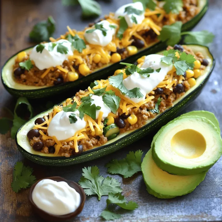 - 4 medium zucchinis - 1 lb ground turkey (or beef) - 1 packet taco seasoning - 1 cup canned black beans, rinsed and drained - 1 cup corn kernels (fresh or frozen) - 1 cup diced tomatoes (canned or fresh) - 1 cup shredded cheese (cheddar or Mexican blend) - 1/4 cup chopped fresh cilantro - Optional: sour cream and avocado for serving When you start making taco stuffed zucchini boats, fresh ingredients make a big difference. I choose medium zucchinis because they hold the filling well. Ground turkey is my go-to, but beef works too. Taco seasoning adds flavor fast. I love adding canned black beans for protein and fiber. Sweet corn brings a nice crunch. Fresh or canned diced tomatoes add moisture. For toppings, shredded cheese is a must. I like cheddar or a Mexican blend for that melty goodness. Fresh cilantro gives a bright taste. If you want, serve with sour cream and avocado for extra creaminess. These ingredients come together to create a satisfying meal. They are colorful, tasty, and easy to prepare. Enjoy the process of creating these tasty boats! - Preheat the oven to 400°F (200°C). - Slice zucchinis in half and scoop out seeds. - Brush with olive oil and season with salt and pepper. First, I set the oven to 400°F (200°C). This step ensures your zucchini boats roast perfectly. Next, I slice the zucchinis in half lengthwise. I use a spoon to scoop out the seeds, making room for the filling. This creates the “boats” that will hold all that tasty taco mix. After scooping, I brush each half with olive oil. A sprinkle of salt and pepper gives them flavor before baking. I place the zucchini halves cut side up on a baking sheet. - Brown the ground meat in a skillet. - Add taco seasoning and water, simmer. - Stir in black beans, corn, and diced tomatoes. I heat a skillet over medium heat. Then, I add the ground turkey or beef. I cook it until it turns brown, breaking it apart with a spatula. If there’s extra fat, I drain it. Next, I add taco seasoning and half a cup of water. I stir this mixture well and let it simmer for about five minutes. This helps the flavors blend. After that, I stir in black beans, corn, and diced tomatoes. I cook it for a few more minutes until everything is hot. - Fill zucchini boats with the taco mixture. - Top with shredded cheese. - Bake until zucchini is tender and cheese is golden. Now, I fill each zucchini boat with the taco mixture. I make sure to pack it in well. After that, I sprinkle shredded cheese on top of each one. Finally, I bake the zucchini boats in the oven for about 20 to 25 minutes. I know they are ready when the zucchini is tender and the cheese is golden. This step brings all the flavors together and makes a delicious meal. To hollow out zucchini, you have a couple of great tools. A spoon is simple and effective, but a melon baller works well too. For best results, use a small spoon to scoop out the seeds. When you hollow out the zucchini, be careful not to break the sides. Start by cutting the zucchini in half. Then, gently remove the seeds while leaving enough flesh for support. This keeps your boats sturdy for filling. You can adjust the spice level to fit your taste. If you like it hot, add more taco seasoning or some chili powder. If you prefer milder flavors, use less seasoning. For meat options, you can swap ground turkey for beef or chicken. For vegetarians, try lentils or quinoa. Both offer great texture and flavor, making the dish hearty without meat. To complement taco zucchini boats, serve them with a fresh salad or rice. A side of tortilla chips adds a fun crunch. For garnishes, fresh cilantro brightens the dish. A dollop of sour cream or slices of avocado enhance the flavors. They also make the presentation more appealing. {{image_2}} You can easily make taco stuffed zucchini boats vegetarian. Just swap the meat for lentils or quinoa. Both options add great texture and protein. Lentils cook fast and bring a nice earthy flavor. Quinoa adds a nutty taste and is rich in nutrients. For a cheesy touch, use vegan cheese alternatives. They melt well and enhance the dish's creaminess. Explore various toppings to change the flavor. For a Southwest twist, try adding jalapeños for heat. Their spicy kick pairs well with the zucchini. You can also create a Mediterranean version. Top with feta cheese and sliced olives. This brings a salty, tangy flavor that makes the dish unique and bright. Customizing your seasoning can take your zucchini boats to the next level. Use homemade taco seasoning for a fresh taste. This way, you control the spice and flavors. Consider adding unique spices like cumin or smoked paprika. Cumin gives warmth, while smoked paprika adds a delightful depth. Experimenting with spices makes the dish even more exciting. To store leftover taco stuffed zucchini boats, place them in an airtight container. Make sure they cool first. You can eat them cold or warm them up. For reheating, use the oven at 350°F for about 10-15 minutes. This keeps the zucchini tender and the cheese melty. If you want to freeze the boats before baking, prepare them as usual but skip the oven. Place the filled zucchini in a freezer-safe dish. Cover well with plastic wrap or foil. You can bake them later. For frozen leftovers, let them thaw in the fridge overnight. Then, bake as usual, adding a few extra minutes if needed. In the fridge, expect taco stuffed zucchini boats to last around 3-4 days. Look for signs of spoilage, like a bad smell or mushy texture. If the zucchini looks slimy or discolored, it’s best to toss it. Always trust your senses for food safety. Yes, you can use many other veggies. Bell peppers make great boats. Eggplant can also hold the filling well. You might try acorn squash for a sweet twist. Each option brings a unique taste and texture. Just make sure the veggie you pick can hold the stuffing. If you want other meats, ground beef works well. You can also use chicken for a lighter option. For a plant-based choice, try lentils or mushrooms. They add great flavor and texture to your dish. Quinoa is another good choice for a healthy twist. You’ll know the zucchini boats are done when they are tender. The cheese should be golden and bubbly. Use a fork to check the zucchini; it should be easy to pierce. This means the boats are ready to serve and enjoy. We've explored the tasty world of taco stuffed zucchini boats. You learned about the main and additional ingredients, along with simple steps to create this dish. I shared tips for hollowing and perfecting the filling. You can also try fun variations or store leftovers easily. In the end, taco zucchini boats are a fun, healthy meal option. They adapt well to your taste and pantry. Enjoy cooking and get creative!