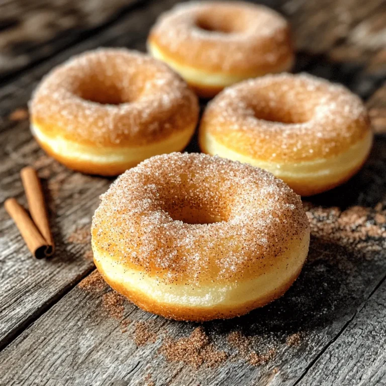 - 1 cup all-purpose flour - 1/2 cup granulated sugar - 1 tablespoon baking powder - 1/2 teaspoon salt - 1 teaspoon ground cinnamon - 1/2 cup buttermilk - 1 large egg - 2 tablespoons unsalted butter, melted - 1 teaspoon vanilla extract - 1/4 cup granulated sugar (for coating) - Cooking spray - Additional cinnamon for coating - Frosting or whipped cream Gather these ingredients to make your cinnamon sugar air fryer donuts. They are simple and quick to prepare. You can find these items at any grocery store. Using fresh ingredients makes a big difference in taste. I like to keep my pantry stocked with these essentials. This way, I can whip up these donuts anytime I crave something sweet. You can also customize the toppings. Add more cinnamon if you love the flavor. Or, try adding frosting for a special treat! Preheat your air fryer to 350°F (175°C) for about 5 minutes. This step makes sure the donuts cook evenly. If you skip this, the donuts may not rise well. In a bowl, combine the following: - 1 cup all-purpose flour - 1/2 cup granulated sugar - 1 tablespoon baking powder - 1/2 teaspoon salt - 1 teaspoon ground cinnamon Mix well until there are no lumps. This ensures every donut has great flavor. In another bowl, whisk together: - 1/2 cup buttermilk - 1 large egg - 2 tablespoons unsalted butter, melted - 1 teaspoon vanilla extract Mix until smooth. This adds moisture and flavor to your donuts. Pour the wet mixture into the dry mixture. Stir gently until just combined. Be careful not to over-mix; the batter should be a bit lumpy. This keeps the donuts light and fluffy. Lightly grease your donut pan with cooking spray. Fill each cavity about 2/3 full with the batter. This gives them room to rise without overflowing. Carefully place the filled donut pan in the air fryer basket. Cook for 5-7 minutes. The donuts should be golden brown and firm. A toothpick inserted in the center should come out clean. While the donuts cook, prepare your cinnamon sugar coating. In a shallow bowl, mix: - 1/4 cup granulated sugar - Extra ground cinnamon Once the donuts cool for a minute, roll each one in the cinnamon sugar mixture until fully coated. This step adds a sweet crunch to each bite. To get your donuts just right, avoid over-mixing the batter. This keeps them light and fluffy. Stir until the dry and wet ingredients are just combined. The batter should be a bit lumpy, not smooth. Next, monitor the cooking time closely. Every air fryer is different. Start checking your donuts at 5 minutes. They should be golden brown and cooked through. A toothpick should come out clean when you test them. Want to boost the flavor? Add more cinnamon to the batter. You can also try different extracts like almond or maple for fun twists. Mixing in flavored sugars can add a nice touch too. Consider using brown sugar for a deeper flavor. To cook your donuts evenly, rotate the donut pan halfway through cooking. This ensures all sides brown nicely. If you notice some parts are cooking faster, this step helps fix that. With a little care, you’ll have perfect air fryer donuts every time! {{image_2}} To make a simple glaze, mix 1 cup of powdered sugar with 2 tablespoons of milk. Stir until smooth. You can add a splash of vanilla or almond extract for extra flavor. For a twist, try lemon juice or maple syrup instead of milk. Adding chocolate makes these donuts even better. Melt your favorite chocolate, like dark or milk chocolate, in a bowl. Dip the tops of the cooled donuts into the melted chocolate. For fun, sprinkle crushed nuts or sprinkles on top. Use chocolate chips or bars for melting. You can swap some ingredients for healthier choices. Use whole wheat flour instead of all-purpose flour. Try almond milk or coconut milk in place of buttermilk. For a vegan option, replace the egg with a flax egg. Mix 1 tablespoon of ground flaxseed with 2.5 tablespoons of water. Let it sit for 5 minutes before using. To keep your leftover donuts fresh, place them in an airtight container. This keeps air out and moisture in. You can store them at room temperature for up to two days. If you want them to last longer, refrigerate them. Just remember, donuts may dry out faster in the fridge. If you want to freeze your donuts, first let them cool completely. Then, place them in a single layer on a baking sheet. Freeze for about an hour, then put them in a freezer bag. This method helps prevent them from sticking together. Donuts can freeze well for up to three months. To thaw, simply leave them at room temperature for about 30 minutes before enjoying. You can also heat them in the microwave for a few seconds. To reheat your donuts, the best method is using the air fryer. It keeps them warm and crispy. Set your air fryer to 300°F (150°C) and heat for about 2-3 minutes. You can also use a microwave, but be careful. Heat them in short bursts of 10 seconds to avoid making them tough. Enjoy your warm, tasty donuts! Yes, you can use a regular oven. The cooking time will change. Preheat the oven to 350°F. Bake for about 10-12 minutes. Check for doneness with a toothpick. Air fryers cook faster and use less oil. You can make your own buttermilk easily. Mix 1/2 cup of milk with 1/2 tablespoon of vinegar or lemon juice. Let it sit for 5 minutes. This will give you a similar taste and texture. Look for a golden brown color. The donuts should rise nicely. Insert a toothpick into the center. If it comes out clean, your donuts are ready. They should not be doughy inside. Yes, you can try other flours. Almond flour is a good gluten-free option. Whole wheat flour will add a nutty flavor. Just know that the texture may change a bit. You might need to adjust the liquid. No, you don’t need a special pan. You can use a muffin tin instead. Just fill each cup about halfway. Shape your donuts by using a small round cutter in the center. This will give them a lovely shape. You learned how to make delicious air fryer donuts using simple ingredients and steps. Remember to mix your wet and dry ingredients carefully to keep the texture right. You can add tasty toppings or try different flavors to make them special. Storing and reheating your donuts correctly will keep them fresh longer. With these tips, making donuts at home is easy and fun! Enjoy your fresh, tasty treats with friends and family.