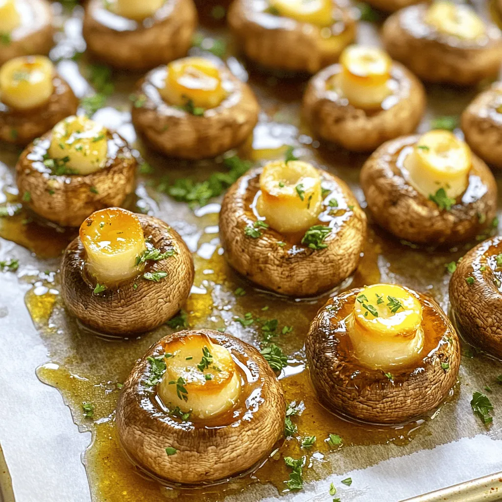 - 500g button or cremini mushrooms - 4 tablespoons unsalted butter - 3 tablespoons honey - 4 cloves garlic, minced - 1 tablespoon fresh thyme leaves (or 1 teaspoon dried thyme) - Salt and pepper to taste - Fresh parsley, chopped, for garnish - 1 tablespoon balsamic vinegar You need simple yet high-quality ingredients for honey garlic butter roasted mushrooms. Start with 500g of button or cremini mushrooms. These mushrooms are firm and flavorful. You can also use other types if you like. Next, grab 4 tablespoons of unsalted butter. Butter gives a rich flavor. You will also need 3 tablespoons of honey. Honey adds sweetness that balances the garlic. Next, use 4 cloves of minced garlic. Fresh garlic gives a strong taste. For seasoning, one tablespoon of fresh thyme leaves works well. If you don't have fresh thyme, use one teaspoon of dried thyme. Salt and pepper are also important for taste. Finally, chop some fresh parsley for garnish. It adds color and freshness to your dish. You can also add one tablespoon of balsamic vinegar. This is optional but adds depth. It gives a nice tang that pairs well with the sweet and savory flavors. With these ingredients, you can create a delightful side dish that is sure to impress! 1. Preheat your oven to 400°F (200°C). This helps the mushrooms cook evenly. 2. Clean your mushrooms under cool water. Make sure to trim the stems. 1. In a small pan, melt 4 tablespoons of unsalted butter over medium heat. 2. Add 4 cloves of minced garlic and sauté for 1-2 minutes. You want it fragrant, not brown. 3. Stir in 3 tablespoons of honey and 1 tablespoon of fresh thyme. If you like, add balsamic vinegar for a deeper flavor. 1. Place the cleaned mushrooms on a baking sheet lined with parchment paper. 2. Drizzle the honey garlic butter mixture over the mushrooms. Toss gently to coat them well. 3. Spread the mushrooms in a single layer. Season with salt and pepper. 4. Roast in the oven for 20-25 minutes. Toss halfway through for even cooking. 5. When golden brown and tender, remove from the oven. Garnish with chopped parsley before serving. - The best types for roasting are button or cremini mushrooms. Both have great taste and hold up well when cooked. - To clean mushrooms, use a damp cloth or paper towel. Avoid soaking them in water, as they absorb moisture. This can make them soggy. - Fresh garlic and herbs make a big difference in taste. They add depth and aroma to the dish. - Adjust the honey based on your taste. If you like it sweeter, add a bit more honey. A drizzle can make the dish shine. - To achieve golden brown mushrooms, roast them at 400°F. Toss them halfway through to ensure even cooking. - Overcrowding can lead to steaming, which makes mushrooms soft. Spread them out on the baking sheet for the best results. {{image_2}} Want to amp up the taste? You can add spices! Paprika adds a sweet kick. A dash of cayenne gives you heat. You can mix in both for a unique twist. Fresh herbs also boost flavor. Try rosemary for a woodsy taste. Oregano brings a nice, fragrant note. Just chop and toss them in with the mushrooms. Roasting is great, but grilling is fun too! Grilling adds a smoky flavor. Just brush the mushrooms with the honey garlic butter mix before grilling. Keep an eye on them, as they cook faster. You can also use a skillet on the stovetop. Heat the butter and garlic, then add the mushrooms. Sauté until they are golden and tender. This method is quick and easy. If you need a vegan option, substitute plant-based butter. It works just as well in this dish. You can still enjoy the sweet and savory notes. For gluten-free eaters, this recipe is already safe! Just make sure your honey is pure. Enjoy this tasty side without worry. To keep your honey garlic butter roasted mushrooms fresh, store them in an airtight container. This helps lock in moisture and flavor. Place them in the fridge within two hours of cooking. They stay good for up to three days. After that, the taste and texture can change. When it’s time to enjoy leftovers, use an oven or skillet to reheat. Preheat your oven to 350°F (175°C). Spread the mushrooms on a baking sheet and warm for about 10 minutes. If using a skillet, heat it on medium-low and add a splash of water. Stir gently to heat through while keeping them juicy. This method helps maintain their tender texture and rich flavor. Yes, you can freeze mushrooms! To do this, first, let them cool completely. Place them in a single layer on a baking sheet to freeze for a few hours. Once frozen, transfer them to a freezer-safe bag or container. They will keep for about three months. When ready to use, defrost them in the fridge overnight. This helps preserve their taste and texture better than defrosting in the microwave. You can store honey garlic butter roasted mushrooms in the fridge for up to three days. Make sure to place them in an airtight container. This keeps them fresh and tasty. Before serving, reheat them gently in the oven or on the stove. Yes, you can swap out button or cremini mushrooms for other types. Try shiitake or portobello mushrooms for a different taste. Both have great flavors and textures. Just make sure to clean and trim them well before cooking. These mushrooms pair well with many dishes. Serve them as a side with grilled chicken or steak. They also go great with pasta or on top of a salad. For a vegetarian option, enjoy them with quinoa or rice dishes. They add a burst of flavor to any meal! This blog post covered how to make honey garlic butter roasted mushrooms. We explored the main ingredients, step-by-step cooking instructions, and tips for flavor and texture. Variations allow for spice and herb adjustments to suit your taste. We also discussed storage and reheating methods to keep leftovers fresh. These mushrooms are easy to make and delicious. You can enjoy them as a side dish or snack. Each step is easy to follow and will impress your guests. Get ready to enjoy great flavors with simple ingredients!