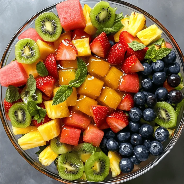For this Honey Lime Fruit Salad, I love using a mix of fresh fruits. Here’s what I recommend: - 2 cups watermelon, cubed - 1 cup pineapple, cubed - 1 cup strawberries, hulled and halved - 1 cup kiwi, peeled and sliced - 1 cup blueberries You can switch out fruits based on what’s in season or your personal favorites. Try adding mangoes or peaches for a different taste. I use honey as a natural sweetener in this recipe. Honey adds a rich flavor and works well with the fruits. Lime juice and zest are key too. Lime juice makes the fruit taste brighter. The zest gives a strong lime flavor that lifts the salad. Together, they balance the sweetness of the honey. Garnishing brings your dish to life! I often add fresh mint leaves for a pop of color and flavor. You can also sprinkle some shredded coconut or sprinkle a bit of cinnamon for an extra twist. These small touches make your salad look and taste great. Start by washing all your fruits well. Use cold water to remove dirt and germs. For the watermelon and pineapple, cut them into cubes. Make sure the pieces are about the same size. This helps with how the salad looks. For strawberries, remove the green tops and cut them in half. Peel the kiwi and slice it into rounds. Lastly, keep the blueberries whole. Once done, all the fruits should look bright and colorful in your bowl. In a small bowl, combine two tablespoons of honey, one tablespoon of lime juice, and the zest of one lime. Use a whisk to mix until it’s smooth. If it’s too thick, add a tiny bit of water to loosen it. This dressing gives the fruit a sweet and tangy flavor. It’s key to the salad’s taste, so make sure it’s well mixed before you move on. Now, drizzle the honey-lime dressing over the fruits. Use a big spoon to gently toss everything together. Make sure every piece of fruit gets coated with the dressing. After mixing, cover the salad and put it in the fridge for about 15 minutes. Chilling helps the flavors blend and makes the salad cool and refreshing. Right before serving, toss it gently one more time and add fresh mint leaves on top for extra flair. Marinating the fruit salad makes a big difference. Letting it chill for 15 minutes allows the flavors to blend. This time helps the honey and lime soak into the fruit. You can also add spices. A pinch of cinnamon or a dash of ginger can bring new life to your salad. Just be careful not to overpower the fresh flavors. For gatherings or picnics, serve the salad in a large glass bowl. This makes it look pretty and inviting. You can also use individual cups for easy serving. Pair the salad with grilled chicken or fish for a light meal. It also goes well with yogurt for a healthy breakfast. This fruit salad is not just tasty; it’s good for you too! Watermelon is hydrating, while pineapple aids digestion. Strawberries are rich in vitamins, and kiwi boosts your immune system. Honey provides natural sweetness and has antibacterial properties. Lime juice adds vitamin C and helps with digestion. Eating this salad gives you energy and keeps you refreshed. {{image_2}} You can mix and match fruits based on the season. For summer, try peaches, cherries, or nectarines. In fall, apples and pears can add a sweet crunch. You can also play with tropical fruits. Mango and papaya can give your salad an exotic twist. These fruits blend well with honey and lime. Crunch is a great addition to your fruit salad. Consider adding sliced almonds or walnuts. They provide a nutty flavor that contrasts with the sweet fruit. For a healthier option, sprinkle chia seeds on top. They add texture and boost nutrition. You can adjust sweetness by choosing salted nuts, too. You can turn this fruit salad into a filling meal. Add yogurt or cottage cheese for protein. This works well for breakfast or brunch. You can serve it in bowls for a pretty presentation. Top it with granola for extra crunch. This way, you enjoy a delicious, balanced meal. To keep your Honey Lime Fruit Salad fresh in the refrigerator, follow these tips: - Store in an airtight container to avoid moisture loss. - Use glass or plastic containers that seal tightly. - Keep it in the fridge right after serving. These practices help maintain the fruit's crispness and flavor. Your fruit salad lasts about 2 to 3 days in the fridge. Look for signs of spoilage, like a slimy texture or off smell. If you have leftovers, you can freeze the salad. However, freezing may change the texture of the fruit. Before serving leftover salad, refresh it by giving it a gentle toss. If it tastes bland, add a dash more lime juice or honey. This will bring back the vibrant flavors. For best results, serve the salad within a day or two for optimal taste. Yes, you can prepare this salad ahead. Here’s how to do it: - Prep the fruits: Cut and store them in a bowl. - Mix the dressing: Whisk honey, lime juice, and zest. - Store separately: Keep the dressing in a jar. - Combine before serving: Toss the fruit and dressing just before serving. This keeps the fruit fresh and crisp. If needed, you can chill it for 15 minutes before serving to blend the flavors. You can try many fruits! Here are some tasty ideas: - Mango - Grapes - Peaches - Oranges - Raspberries These fruits pair well with honey and lime. Each adds its unique flavor and texture. Yes, there are great alternatives! Here are some options: - Agave nectar - Maple syrup - Brown rice syrup These sweeteners work well in this salad. They blend nicely with lime, too. Choose what you like best for a tasty twist! In this article, we explored how to make a refreshing Honey Lime Fruit Salad. We discussed the best fresh fruits to use, plus tips for dressing and garnishing. You learned step-by-step instructions for preparation, chilling, and serving. Don’t forget to try the variations to customize your salad. Proper storage helps keep it fresh and tasty. With these tips, you can enjoy a delightful and healthy fruit salad that even surprises your guests. Embrace your creativity and savor every bite!