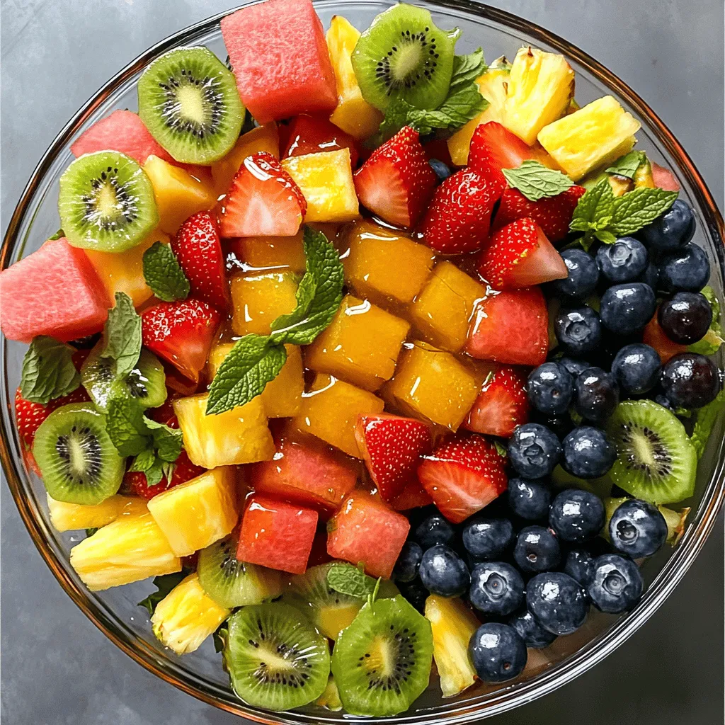 For this Honey Lime Fruit Salad, I love using a mix of fresh fruits. Here’s what I recommend: - 2 cups watermelon, cubed - 1 cup pineapple, cubed - 1 cup strawberries, hulled and halved - 1 cup kiwi, peeled and sliced - 1 cup blueberries You can switch out fruits based on what’s in season or your personal favorites. Try adding mangoes or peaches for a different taste. I use honey as a natural sweetener in this recipe. Honey adds a rich flavor and works well with the fruits. Lime juice and zest are key too. Lime juice makes the fruit taste brighter. The zest gives a strong lime flavor that lifts the salad. Together, they balance the sweetness of the honey. Garnishing brings your dish to life! I often add fresh mint leaves for a pop of color and flavor. You can also sprinkle some shredded coconut or sprinkle a bit of cinnamon for an extra twist. These small touches make your salad look and taste great. Start by washing all your fruits well. Use cold water to remove dirt and germs. For the watermelon and pineapple, cut them into cubes. Make sure the pieces are about the same size. This helps with how the salad looks. For strawberries, remove the green tops and cut them in half. Peel the kiwi and slice it into rounds. Lastly, keep the blueberries whole. Once done, all the fruits should look bright and colorful in your bowl. In a small bowl, combine two tablespoons of honey, one tablespoon of lime juice, and the zest of one lime. Use a whisk to mix until it’s smooth. If it’s too thick, add a tiny bit of water to loosen it. This dressing gives the fruit a sweet and tangy flavor. It’s key to the salad’s taste, so make sure it’s well mixed before you move on. Now, drizzle the honey-lime dressing over the fruits. Use a big spoon to gently toss everything together. Make sure every piece of fruit gets coated with the dressing. After mixing, cover the salad and put it in the fridge for about 15 minutes. Chilling helps the flavors blend and makes the salad cool and refreshing. Right before serving, toss it gently one more time and add fresh mint leaves on top for extra flair. Marinating the fruit salad makes a big difference. Letting it chill for 15 minutes allows the flavors to blend. This time helps the honey and lime soak into the fruit. You can also add spices. A pinch of cinnamon or a dash of ginger can bring new life to your salad. Just be careful not to overpower the fresh flavors. For gatherings or picnics, serve the salad in a large glass bowl. This makes it look pretty and inviting. You can also use individual cups for easy serving. Pair the salad with grilled chicken or fish for a light meal. It also goes well with yogurt for a healthy breakfast. This fruit salad is not just tasty; it’s good for you too! Watermelon is hydrating, while pineapple aids digestion. Strawberries are rich in vitamins, and kiwi boosts your immune system. Honey provides natural sweetness and has antibacterial properties. Lime juice adds vitamin C and helps with digestion. Eating this salad gives you energy and keeps you refreshed. {{image_2}} You can mix and match fruits based on the season. For summer, try peaches, cherries, or nectarines. In fall, apples and pears can add a sweet crunch. You can also play with tropical fruits. Mango and papaya can give your salad an exotic twist. These fruits blend well with honey and lime. Crunch is a great addition to your fruit salad. Consider adding sliced almonds or walnuts. They provide a nutty flavor that contrasts with the sweet fruit. For a healthier option, sprinkle chia seeds on top. They add texture and boost nutrition. You can adjust sweetness by choosing salted nuts, too. You can turn this fruit salad into a filling meal. Add yogurt or cottage cheese for protein. This works well for breakfast or brunch. You can serve it in bowls for a pretty presentation. Top it with granola for extra crunch. This way, you enjoy a delicious, balanced meal. To keep your Honey Lime Fruit Salad fresh in the refrigerator, follow these tips: - Store in an airtight container to avoid moisture loss. - Use glass or plastic containers that seal tightly. - Keep it in the fridge right after serving. These practices help maintain the fruit's crispness and flavor. Your fruit salad lasts about 2 to 3 days in the fridge. Look for signs of spoilage, like a slimy texture or off smell. If you have leftovers, you can freeze the salad. However, freezing may change the texture of the fruit. Before serving leftover salad, refresh it by giving it a gentle toss. If it tastes bland, add a dash more lime juice or honey. This will bring back the vibrant flavors. For best results, serve the salad within a day or two for optimal taste. Yes, you can prepare this salad ahead. Here’s how to do it: - Prep the fruits: Cut and store them in a bowl. - Mix the dressing: Whisk honey, lime juice, and zest. - Store separately: Keep the dressing in a jar. - Combine before serving: Toss the fruit and dressing just before serving. This keeps the fruit fresh and crisp. If needed, you can chill it for 15 minutes before serving to blend the flavors. You can try many fruits! Here are some tasty ideas: - Mango - Grapes - Peaches - Oranges - Raspberries These fruits pair well with honey and lime. Each adds its unique flavor and texture. Yes, there are great alternatives! Here are some options: - Agave nectar - Maple syrup - Brown rice syrup These sweeteners work well in this salad. They blend nicely with lime, too. Choose what you like best for a tasty twist! In this article, we explored how to make a refreshing Honey Lime Fruit Salad. We discussed the best fresh fruits to use, plus tips for dressing and garnishing. You learned step-by-step instructions for preparation, chilling, and serving. Don’t forget to try the variations to customize your salad. Proper storage helps keep it fresh and tasty. With these tips, you can enjoy a delightful and healthy fruit salad that even surprises your guests. Embrace your creativity and savor every bite!