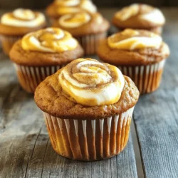 For these tasty muffins, you will need: - 1 ½ cups all-purpose flour - 1 teaspoon baking powder - ½ teaspoon baking soda - 1 teaspoon ground cinnamon - ½ teaspoon ground nutmeg - ½ teaspoon ground ginger - ¼ teaspoon salt - ½ cup granulated sugar - ½ cup brown sugar, packed - ½ cup vegetable oil - 2 large eggs - 1 cup canned pumpkin puree - 1 teaspoon vanilla extract These ingredients give the muffins a delightful flavor and texture. The pumpkin puree makes them moist, while the spices add warmth. To create the creamy swirl, gather these items: - 8 oz cream cheese, softened - ¼ cup powdered sugar - 1 tablespoon milk These ingredients mix to form a smooth cream cheese blend. This swirl adds richness to each bite. You can customize your muffins with these options: - Use whole wheat flour for a healthier twist. - Swap the sugar for a sugar substitute if desired. - Add chocolate chips or nuts for extra texture. These choices let you make the muffins fit your taste. Each option still keeps that pumpkin goodness! Start by preheating your oven to 350°F (175°C). This step is key for even baking. Line a muffin tin with paper liners or grease it with cooking spray. In a medium bowl, mix the dry ingredients. Combine 1½ cups of all-purpose flour, 1 teaspoon of baking powder, ½ teaspoon of baking soda, 1 teaspoon of ground cinnamon, ½ teaspoon of ground nutmeg, ½ teaspoon of ground ginger, and ¼ teaspoon of salt. Whisk them together until well mixed. In a large bowl, mix ½ cup of granulated sugar, ½ cup of packed brown sugar, and ½ cup of vegetable oil. Stir them until combined. Add 2 large eggs one at a time, mixing well after each addition. Then, stir in 1 cup of canned pumpkin puree and 1 teaspoon of vanilla extract until the mixture is smooth. Gradually add the dry mix to the wet mix. Gently fold until just combined. It’s okay if some flour pockets remain; don’t overmix! Next, grab another bowl and beat 8 oz of softened cream cheese with ¼ cup of powdered sugar and 1 tablespoon of milk. Mix until it’s smooth and creamy. Now, it’s time to layer! Fill each muffin cup halfway with the pumpkin batter. Add a spoonful of the cream cheese mixture on top, then cover with more pumpkin batter until the cups are about ¾ full. To create the swirl, use a toothpick or a knife. Carefully swirl the cream cheese mixture into the pumpkin batter for a marbled look. This will give each muffin a beautiful and tasty surprise. Now, place the muffin tin in your preheated oven. Bake for 18-22 minutes. To check if they are done, insert a toothpick into the center. If it comes out clean, they are ready! Let the muffins cool in the pan for about 5 minutes. After that, transfer them to a wire rack to cool completely. These steps will guide you to make Pumpkin Cream Cheese Swirl Muffins that are soft and delicious. Enjoy them warm, and feel free to add a drizzle of honey or maple syrup on top! To get that beautiful swirl, start with the right batter. Fill each muffin cup halfway with pumpkin batter. Then, add a dollop of the cream cheese mix. Don’t overfill! Top with more pumpkin batter until the cup is about three-quarters full. Use a toothpick or knife to gently swirl the cream cheese. Aim for a marbled look, not a mixed one. The key is light pressure. This way, you keep both flavors distinct. Baking can be tricky. Here are some common mistakes to watch for. First, don’t skip the measuring. Use the correct measuring cups for dry and wet ingredients. Second, avoid overmixing the batter. Mix just until combined to keep muffins light. Another mistake is not preheating the oven. Always let it reach the right temperature before baking. Lastly, check muffins with a toothpick for doneness. If it comes out clean, they are ready! You can easily boost the flavor and texture of your muffins. Try adding chopped nuts like walnuts for crunch. Dried fruits such as cranberries can also add sweetness. For a spice kick, mix in some cloves or allspice. If you want a richer taste, use brown sugar instead of white sugar. You can also replace some of the oil with applesauce. This adds moisture and makes the muffins even softer. Enjoy experimenting with different flavors! {{image_2}} You can make these muffins gluten-free easily. Just swap the all-purpose flour with a gluten-free blend. Look for blends that include xanthan gum, as this helps with texture. Use the same amount as the recipe calls for. Your muffins will still be moist and delicious! To make vegan pumpkin muffins, replace the eggs with flax eggs. Mix one tablespoon of ground flaxseed with three tablespoons of water. Let it sit for a few minutes until it gels. Use a plant-based milk instead of regular milk in the cream cheese filling. You can also use vegan cream cheese for a tasty twist. Mix-ins add fun to your muffins! Consider adding chocolate chips for a sweet surprise. Chopped nuts like walnuts or pecans give a great crunch. Dried cranberries or raisins add a fruity touch. Just fold them in gently with the batter to keep the texture light. After baking your pumpkin cream cheese swirl muffins, let them cool completely. Place them in an airtight container. Store them at room temperature for up to three days. If you want them to last longer, refrigerate them. They can stay fresh in the fridge for about a week. When you want to enjoy a muffin again, reheating them is easy. You can use a microwave or an oven. For the microwave, heat for about 15-20 seconds. For the oven, preheat to 350°F (175°C) and warm them for about 5-7 minutes. This will bring back their soft texture and warm flavors. Freezing muffins is a great option. Wrap each muffin tightly in plastic wrap, then place them in a freezer bag. They can stay in the freezer for up to three months. When you are ready to eat, just take one out and let it thaw at room temperature. You can also heat them up directly from the freezer in the oven. Yes, you can use fresh pumpkin. Start by roasting a pumpkin. Cut it in half, remove the seeds, and bake it until soft. Scoop the flesh and mash it until smooth. Use this fresh puree in your muffins instead of canned. The taste will be fresher, and it can add a nice texture. To cut back on sweetness, reduce the granulated sugar and brown sugar. Try using half a cup of each instead of the full amount. You could also add spices like cinnamon or nutmeg to enhance flavor without adding sugar. Another option is to swap some sugar for unsweetened applesauce. If you need a cream cheese substitute, try Greek yogurt or ricotta cheese. Both give a creamy texture. You can also use softened tofu blended until smooth for a dairy-free option. This keeps the muffins moist, but the flavor will be different. Check the muffins after 18 minutes. Insert a toothpick into the center. If it comes out clean or with a few crumbs, they are ready. If it has wet batter on it, bake for a few more minutes. The tops should look golden and spring back when touched. You now have a clear guide to making delicious pumpkin cream cheese swirl muffins. We discussed the main ingredients, helpful tips, and how to store them properly. You also learned about variations like gluten-free or vegan options. Remember, avoiding common baking mistakes can help you achieve that perfect swirl. Use this knowledge to create tasty muffins that everyone will enjoy. Happy baking!