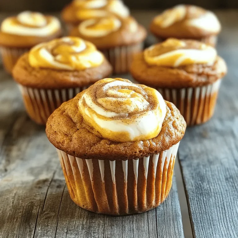 For these tasty muffins, you will need: - 1 ½ cups all-purpose flour - 1 teaspoon baking powder - ½ teaspoon baking soda - 1 teaspoon ground cinnamon - ½ teaspoon ground nutmeg - ½ teaspoon ground ginger - ¼ teaspoon salt - ½ cup granulated sugar - ½ cup brown sugar, packed - ½ cup vegetable oil - 2 large eggs - 1 cup canned pumpkin puree - 1 teaspoon vanilla extract These ingredients give the muffins a delightful flavor and texture. The pumpkin puree makes them moist, while the spices add warmth. To create the creamy swirl, gather these items: - 8 oz cream cheese, softened - ¼ cup powdered sugar - 1 tablespoon milk These ingredients mix to form a smooth cream cheese blend. This swirl adds richness to each bite. You can customize your muffins with these options: - Use whole wheat flour for a healthier twist. - Swap the sugar for a sugar substitute if desired. - Add chocolate chips or nuts for extra texture. These choices let you make the muffins fit your taste. Each option still keeps that pumpkin goodness! Start by preheating your oven to 350°F (175°C). This step is key for even baking. Line a muffin tin with paper liners or grease it with cooking spray. In a medium bowl, mix the dry ingredients. Combine 1½ cups of all-purpose flour, 1 teaspoon of baking powder, ½ teaspoon of baking soda, 1 teaspoon of ground cinnamon, ½ teaspoon of ground nutmeg, ½ teaspoon of ground ginger, and ¼ teaspoon of salt. Whisk them together until well mixed. In a large bowl, mix ½ cup of granulated sugar, ½ cup of packed brown sugar, and ½ cup of vegetable oil. Stir them until combined. Add 2 large eggs one at a time, mixing well after each addition. Then, stir in 1 cup of canned pumpkin puree and 1 teaspoon of vanilla extract until the mixture is smooth. Gradually add the dry mix to the wet mix. Gently fold until just combined. It’s okay if some flour pockets remain; don’t overmix! Next, grab another bowl and beat 8 oz of softened cream cheese with ¼ cup of powdered sugar and 1 tablespoon of milk. Mix until it’s smooth and creamy. Now, it’s time to layer! Fill each muffin cup halfway with the pumpkin batter. Add a spoonful of the cream cheese mixture on top, then cover with more pumpkin batter until the cups are about ¾ full. To create the swirl, use a toothpick or a knife. Carefully swirl the cream cheese mixture into the pumpkin batter for a marbled look. This will give each muffin a beautiful and tasty surprise. Now, place the muffin tin in your preheated oven. Bake for 18-22 minutes. To check if they are done, insert a toothpick into the center. If it comes out clean, they are ready! Let the muffins cool in the pan for about 5 minutes. After that, transfer them to a wire rack to cool completely. These steps will guide you to make Pumpkin Cream Cheese Swirl Muffins that are soft and delicious. Enjoy them warm, and feel free to add a drizzle of honey or maple syrup on top! To get that beautiful swirl, start with the right batter. Fill each muffin cup halfway with pumpkin batter. Then, add a dollop of the cream cheese mix. Don’t overfill! Top with more pumpkin batter until the cup is about three-quarters full. Use a toothpick or knife to gently swirl the cream cheese. Aim for a marbled look, not a mixed one. The key is light pressure. This way, you keep both flavors distinct. Baking can be tricky. Here are some common mistakes to watch for. First, don’t skip the measuring. Use the correct measuring cups for dry and wet ingredients. Second, avoid overmixing the batter. Mix just until combined to keep muffins light. Another mistake is not preheating the oven. Always let it reach the right temperature before baking. Lastly, check muffins with a toothpick for doneness. If it comes out clean, they are ready! You can easily boost the flavor and texture of your muffins. Try adding chopped nuts like walnuts for crunch. Dried fruits such as cranberries can also add sweetness. For a spice kick, mix in some cloves or allspice. If you want a richer taste, use brown sugar instead of white sugar. You can also replace some of the oil with applesauce. This adds moisture and makes the muffins even softer. Enjoy experimenting with different flavors! {{image_2}} You can make these muffins gluten-free easily. Just swap the all-purpose flour with a gluten-free blend. Look for blends that include xanthan gum, as this helps with texture. Use the same amount as the recipe calls for. Your muffins will still be moist and delicious! To make vegan pumpkin muffins, replace the eggs with flax eggs. Mix one tablespoon of ground flaxseed with three tablespoons of water. Let it sit for a few minutes until it gels. Use a plant-based milk instead of regular milk in the cream cheese filling. You can also use vegan cream cheese for a tasty twist. Mix-ins add fun to your muffins! Consider adding chocolate chips for a sweet surprise. Chopped nuts like walnuts or pecans give a great crunch. Dried cranberries or raisins add a fruity touch. Just fold them in gently with the batter to keep the texture light. After baking your pumpkin cream cheese swirl muffins, let them cool completely. Place them in an airtight container. Store them at room temperature for up to three days. If you want them to last longer, refrigerate them. They can stay fresh in the fridge for about a week. When you want to enjoy a muffin again, reheating them is easy. You can use a microwave or an oven. For the microwave, heat for about 15-20 seconds. For the oven, preheat to 350°F (175°C) and warm them for about 5-7 minutes. This will bring back their soft texture and warm flavors. Freezing muffins is a great option. Wrap each muffin tightly in plastic wrap, then place them in a freezer bag. They can stay in the freezer for up to three months. When you are ready to eat, just take one out and let it thaw at room temperature. You can also heat them up directly from the freezer in the oven. Yes, you can use fresh pumpkin. Start by roasting a pumpkin. Cut it in half, remove the seeds, and bake it until soft. Scoop the flesh and mash it until smooth. Use this fresh puree in your muffins instead of canned. The taste will be fresher, and it can add a nice texture. To cut back on sweetness, reduce the granulated sugar and brown sugar. Try using half a cup of each instead of the full amount. You could also add spices like cinnamon or nutmeg to enhance flavor without adding sugar. Another option is to swap some sugar for unsweetened applesauce. If you need a cream cheese substitute, try Greek yogurt or ricotta cheese. Both give a creamy texture. You can also use softened tofu blended until smooth for a dairy-free option. This keeps the muffins moist, but the flavor will be different. Check the muffins after 18 minutes. Insert a toothpick into the center. If it comes out clean or with a few crumbs, they are ready. If it has wet batter on it, bake for a few more minutes. The tops should look golden and spring back when touched. You now have a clear guide to making delicious pumpkin cream cheese swirl muffins. We discussed the main ingredients, helpful tips, and how to store them properly. You also learned about variations like gluten-free or vegan options. Remember, avoiding common baking mistakes can help you achieve that perfect swirl. Use this knowledge to create tasty muffins that everyone will enjoy. Happy baking!