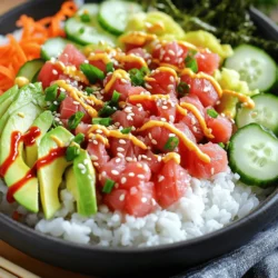 - 1 cup sushi rice - 8 ounces sushi-grade tuna, diced - 2 tablespoons mayonnaise (preferably Kewpie) - 1 tablespoon sriracha (plus more for drizzling) - 1 avocado, sliced - 1 cucumber, thinly sliced - 1 small carrot, shredded Sushi rice is the base of this dish. It’s sticky and holds together well. Sushi-grade tuna gives the dish its fresh, rich flavor. You can find it at fish markets or specialty stores. Mayonnaise and sriracha create a creamy and spicy sauce for the tuna. Fresh avocado, cucumber, and carrot add nice textures. - 1 tablespoon rice vinegar - 1 teaspoon sugar - ½ teaspoon salt - 1 teaspoon sesame oil - 1 tablespoon sesame seeds (for garnish) Rice vinegar balances the flavors in the sushi rice. Sugar and salt enhance the taste. Sesame oil adds a nutty flavor. Sesame seeds give a nice crunch and extra flavor. - Seaweed sheets, cut into strips - 2 green onions, chopped Seaweed sheets can add a fun touch. They bring a slight saltiness. Chopped green onions add a fresh bite. You can use them for extra flavor and color. First, rinse the sushi rice until the water runs clear. This step is key to removing extra starch, which helps the rice stay fluffy. Next, cook the rice. In a medium saucepan, combine the rinsed rice and 1 ¼ cups of water. Bring it to a boil over high heat. After it boils, reduce the heat to low, cover, and let it simmer for 20 minutes. Once done, remove it from heat and let it sit, covered, for 10 minutes. This resting time helps the rice finish cooking. Now, we need to season the rice. In a small bowl, mix 1 tablespoon of rice vinegar, 1 teaspoon of sugar, and ½ teaspoon of salt until it dissolves. Once the rice is ready, transfer it to a large bowl. Gently fold in the vinegar mixture using a spatula. Let the rice cool to room temperature before using it. For the spicy tuna mixture, start by combining 8 ounces of sushi-grade tuna, 2 tablespoons of mayonnaise, 1 tablespoon of sriracha, and 1 teaspoon of sesame oil in a bowl. Mix it until the tuna is well-coated. This mixture is the star of your sushi bowl. You can adjust the spiciness to your taste. If you like it hotter, add more sriracha. To assemble the bowls, divide the cooled sushi rice among two bowls. Top each bowl with the spicy tuna mixture. Next, add slices of avocado, thin cucumber slices, and shredded carrot for a fresh crunch. For the finishing touch, garnish with chopped green onions and sesame seeds. If you want extra heat, drizzle more sriracha on top. You can also add strips of seaweed on the side or on top for a fun touch. Enjoy your vibrant and tasty spicy tuna sushi bowls! Rinsing sushi rice is key. It removes extra starch and helps the rice cook better. Wash it under cold water until the water runs clear. This makes the texture light and fluffy. For cooking, use a medium saucepan. Combine rinsed rice and water. Bring it to a boil on high heat. Then, lower the heat and cover it. Let it simmer for 20 minutes. After that, let it sit for 10 minutes with the lid on. This step lets the rice finish cooking in its steam. Sushi-grade tuna is safe to eat raw. It comes from fish that are handled with care. Look for bright color and a fresh smell. Avoid fish with a dull or brownish hue. When selecting fresh tuna, buy from a trusted source. Ask your fishmonger if it is sushi-grade. If possible, buy it the same day you plan to use it. Fresh fish tastes best and ensures safety. You can use different sauces and seasonings to add flair. Try spicy mayo or a drizzle of ponzu. These options can give your bowl a new twist. To adjust the spiciness, add more sriracha to the tuna mix. If you prefer less heat, reduce the sriracha. You can also mix in a bit of cream for a smoother texture. This adds a nice balance to the dish. {{image_2}} You can switch up the protein in your spicy tuna sushi bowls. If you prefer salmon, use sushi-grade salmon instead of tuna. Cooked shrimp is another tasty choice. It gives a sweet flavor that pairs well with all the toppings. For a vegetarian option, tofu works great. Just cube it and marinate it in the same sauces. This keeps the dish fresh and fun. The veggies you add can make your bowl special. Besides avocado, cucumber, and carrot, consider using radishes for a crunch. You can also try thinly sliced bell peppers or edamame for color and taste. Seasonal vegetables like peas or asparagus can brighten your dish. Think about mixing in your favorites to keep it exciting. Want to mix things up? Add fruits like mango or pineapple for a sweet twist. These fruits blend well with the spicy mayo. You can also try different sauces. A drizzle of teriyaki or ponzu sauce adds a zesty kick. Get creative and explore new flavors. Just remember to balance them with your spicy tuna. To store your spicy tuna sushi bowls, cover them tightly with plastic wrap or place them in airtight containers. This helps keep them fresh. It's best to store the rice and toppings separately. The rice can dry out if mixed with moist toppings. - For rice: Keep it in a sealed container at room temperature for up to 4 hours. After that, refrigerate for up to 2 days. - For toppings: Place the spicy tuna mixture, avocado, cucumber, and carrot in separate containers. They can stay fresh in the fridge for about 1 day. When reheating sushi rice, do it slowly. Use a microwave or stovetop. If using a microwave, add a splash of water to the rice. Cover it with a damp paper towel. This keeps the rice moist. - Safe reheating for sushi rice: Warm it in 30-second bursts. Stir between each to heat evenly. - Tips for maintaining texture: Avoid overheating. Overcooked rice can become hard and dry. You can freeze sushi rice, but it won’t have the same texture after thawing. It is best to use fresh rice for the best results. - Can you freeze sushi rice?: Yes, let it cool completely. Place it in a freezer bag and remove air before sealing. Use within 1 month. - Freezing fish safely: If you want to freeze tuna, wrap it tightly in plastic wrap. Use a freezer-safe bag. It can last for about 2 months. Always thaw tuna in the fridge before using. Sushi rice lasts about 3 to 5 days when stored in the fridge. Keep it in an airtight container. If you notice any off smell or texture, it’s best to discard it. Fresh is always best for flavor and safety. Yes, you can prepare some parts in advance. You can cook the sushi rice and store it in the fridge. You can also mix the spicy tuna a few hours before serving. However, assemble the bowls just before eating. This keeps the rice and toppings fresh. You can find pre-made spicy tuna sushi bowls at local sushi shops or grocery stores with sushi counters. Many online grocery services also offer them. Look for quality brands that use fresh ingredients. Check places like Whole Foods or local Asian markets. If you can’t find sushi-grade tuna, you have options. Cooked shrimp or salmon works well. For a vegetarian twist, try marinated tofu. You can also use canned tuna, but choose high-quality brands for better flavor. Spicy Tuna Sushi Bowls are simple yet tasty. We covered key ingredients like sushi rice and fresh tuna. You learned how to prepare the rice, mix the tuna, and assemble the bowls. Remember those helpful tips for perfecting sushi rice and choosing quality tuna. Feel free to customize with different proteins and veggies. Enjoy making this meal your own. With practice, you will impress your friends and family with delicious sushi bowls. Dive in and have fun experimenting!