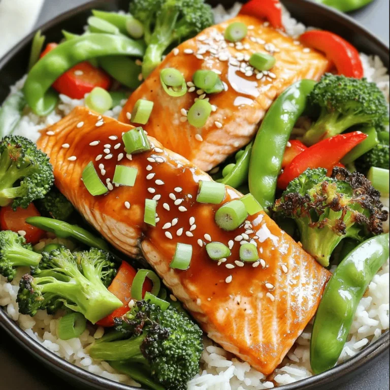 - 4 salmon fillets - 1 cup teriyaki sauce - 2 cups broccoli florets - 1 bell pepper (red or yellow), sliced - 1 cup snap peas The salmon fillets serve as the star of this dish. They bring a rich flavor and healthy fats. Teriyaki sauce adds the sweet and salty kick we all love. Fresh vegetables like broccoli, bell pepper, and snap peas provide crunch and color. They are also packed with nutrients. - 2 cups cooked jasmine rice - 1 tablespoon sesame oil - 2 green onions, sliced (for garnish) - 1 tablespoon sesame seeds (for garnish) Jasmine rice makes a perfect base. It’s fluffy and absorbs the sauce well. Sesame oil adds a nutty aroma and enhances the dish's flavor. Green onions and sesame seeds are great for garnishing. They give a nice touch to the bowls and a little extra crunch. Marinating the salmon Start by placing your salmon fillets in a bowl. Pour half of the teriyaki sauce over the fish. Make sure each piece gets a nice coat. Let the salmon marinate for about 15 minutes. This step infuses great flavor into the fish. Prepping vegetables and salmon for baking While the salmon marinates, wash and cut your vegetables. Chop the broccoli into small florets. Slice the bell pepper into strips. Rinse the snap peas to keep them crisp. On a large sheet pan, lay out the broccoli, bell pepper, and snap peas. Drizzle them with sesame oil and the rest of the teriyaki sauce. Toss the veggies to coat them evenly. Arranging ingredients on the sheet pan After marinating, create space in the middle of the sheet pan. Place the salmon fillets skin-side down in that space. Ensure the veggies are spread out around the salmon for even cooking. Cooking time and temperature Preheat your oven to 400°F (200°C). Bake the salmon and vegetables for 15-20 minutes. Check for doneness; the salmon should flake easily with a fork. The veggies should be tender but still crisp. Assembling the bowls Once cooked, let everything rest for a minute. Grab a bowl and add a scoop of jasmine rice to the bottom. Place a salmon fillet on top of the rice. Add a generous portion of roasted vegetables beside the salmon. Garnishing for presentation To finish, sprinkle sliced green onions and sesame seeds on top. This not only adds flavor but also makes your dish look great. Enjoy your colorful and tasty teriyaki salmon bowl! How do I know when salmon is cooked? Salmon is ready when it flakes easily with a fork. It should be bright pink inside. If it looks dull, it may be overcooked. A good way to check is to use a meat thermometer. The safe cooking temperature is 145°F (63°C). What are marination tips for flavor enhancement? Marinating salmon in teriyaki sauce adds great taste. I recommend marinating for at least 15 minutes. For deeper flavor, try marinating for up to an hour. You can also add garlic or ginger to the marinade for more zing. How do I choose the right vegetables? Fresh, crisp vegetables make the best dish. Look for bright-colored broccoli and bell peppers. Snap peas should be firm and green. Always wash and trim your veggies well before cooking. What are alternatives for seasonal variations? You can swap in seasonal vegetables. Asparagus or zucchini works well in spring. In fall, try sweet potatoes or Brussels sprouts. Mix and match based on what you find at the market. How can I customize teriyaki sauce? You can tweak the teriyaki sauce to fit your taste. Try adding more soy sauce for saltiness or honey for sweetness. A splash of rice vinegar adds a nice tang, too. What spicy or sweet variations can I try? If you like spice, add sriracha or red pepper flakes to the sauce. For sweeter flavors, mix in pineapple juice or brown sugar. Adjust the sauce until it suits your palate. {{image_2}} You can swap salmon for chicken or tofu. For chicken, use boneless, skinless thighs or breasts. Marinate them just like salmon. Bake them until they reach 165°F. If you prefer tofu, choose firm tofu. Press it to remove extra moisture, then cut it into cubes. Marinate and bake for a tasty, plant-based meal. Change up the rice! Quinoa adds a nutty flavor and is packed with protein. Brown rice gives a chewy texture and extra fiber. Cauliflower rice is a great low-carb option. It cooks quickly and absorbs flavors well. Choose the grain that fits your diet best. Want to mix things up? Try adding different sauces or seasonings. A sprinkle of garlic powder or ginger can boost flavor. You might also like a drizzle of sriracha for heat. Experiment with teriyaki variations, like a honey-soy mix. Each choice can create a new, exciting taste in your bowls. To keep your sheet-pan teriyaki salmon bowls fresh, follow these tips: - Store leftovers in airtight containers. - Keep the salmon and veggies separate from the rice. - Refrigerate within two hours of cooking. - Consume leftovers within three days for best taste. You can reheat your meal in two ways: - Microwaving: Use a microwave-safe dish. Heat for 1-2 minutes. Stir halfway for even heat. - Oven Reheating: Preheat the oven to 350°F (175°C). Place the leftovers in an oven-safe dish. Cover with foil and heat for 10-15 minutes. This keeps your salmon moist. Freezing is a great way to save your meal: - Freeze salmon and veggies in separate bags. This keeps their flavors fresh. - Cooked jasmine rice can also be frozen. Use freezer-safe bags or containers. - Thaw overnight in the fridge before reheating. This gives you a tasty meal anytime! To make teriyaki sauce, combine soy sauce, sugar, garlic, and ginger in a pot. Cook this mix over medium heat until it thickens. You can adjust the sweetness by adding honey or brown sugar. For a bit of spice, add chili flakes. This sauce is simple and adds great flavor to many dishes. Yes, you can prep the ingredients ahead of time! Chop the vegetables and store them in the fridge. You can also marinate the salmon a few hours before cooking. Just keep everything in airtight containers to keep them fresh. This makes cooking quick and easy on busy nights. Many vegetables work well with teriyaki salmon. Broccoli, snap peas, and bell peppers are great choices. You can also add carrots, zucchini, or even asparagus. The key is to use fresh veggies that you enjoy. They add color and nutrients to your meal. This recipe is not gluten-free due to the soy sauce in teriyaki sauce. However, you can use gluten-free soy sauce or tamari as a substitute. This way, you can still enjoy the same delicious flavors without gluten. To make this recipe low-carb, skip the jasmine rice or use cauliflower rice instead. You can also add more non-starchy vegetables, like spinach or mushrooms. This keeps the meal filling while lowering the carbs. Enjoy a tasty dish without the extra carbs! In this blog post, we explored making teriyaki salmon bowls. We covered key ingredients like fresh salmon, vegetables, and jasmine rice. I shared easy steps for marinating and baking. You learned tips for perfecting the salmon and customizing the sauce. We also discussed variations like using chicken or tofu. Finally, I provided guidance on storing leftovers and reheating methods. Teriyaki salmon bowls are versatile, tasty, and satisfying. Enjoy creating your own delicious version tonight!