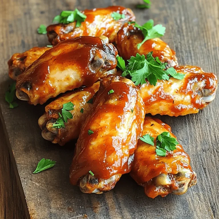 - 2 pounds chicken wings - 1 tablespoon olive oil - 1 cup BBQ sauce (your favorite variety) - 1 teaspoon garlic powder - 1 teaspoon onion powder - 1 teaspoon smoked paprika - 1 teaspoon black pepper - 1 teaspoon sea salt - Fresh parsley or cilantro for garnish When making crispy air fryer BBQ chicken wings, the right ingredients matter a lot. Start with fresh chicken wings, as they give the best taste. You need about 2 pounds. Olive oil helps the wings get that nice, crispy texture. Just one tablespoon is enough. Now, let's talk about the seasoning blend. Garlic powder adds flavor without being too strong. Onion powder gives a nice touch too. Smoked paprika adds a warm, smoky taste. Black pepper and sea salt enhance the overall flavor. Each seasoning plays a role in making your wings delicious. Finally, don’t forget the BBQ sauce! Pick your favorite kind to coat the wings after cooking. It brings everything together with a sweet and tangy kick. For a nice finish, use fresh parsley or cilantro as a garnish. It adds color and freshness to your dish. Enjoy crafting these tasty wings! Start by patting the chicken wings dry. This helps them get really crispy. Use paper towels to remove extra moisture. Next, take a large bowl and add the wings. Pour in 1 tablespoon of olive oil. Then, add 1 teaspoon each of garlic powder, onion powder, smoked paprika, black pepper, and sea salt. Mix it well. You want every wing covered with the tasty seasoning. Now, preheat your air fryer to 375°F (190°C). This step is key for even cooking. Let it warm up for about 5 minutes. After that, place the wings in the fryer basket. Make sure they are in a single layer. If you have lots of wings, cook them in batches. Air fry them for 25-30 minutes. Remember to shake the basket halfway through. This helps them cook evenly. When done, they should look golden brown and crispy. Once the wings are cooked, move them to a big bowl. Pour 1 cup of your favorite BBQ sauce over them. Toss the wings well to coat them in the sauce. Next, return the wings to the fryer. Turn the temperature up to 400°F (200°C) and cook for another 5 minutes. This will caramelize the BBQ sauce and make them extra crispy. Finally, take them out and let them rest for a couple of minutes. You can garnish with fresh parsley or cilantro for a nice touch before serving. To get your wings crispy, drying them is key. Use paper towels to pat them dry before seasoning. This step removes excess moisture. If the wings are dry, they will crisp better in the air fryer. Set your air fryer to 375°F (190°C). This temperature cooks the wings evenly and creates that perfect golden crust. Cook the wings in batches if needed. Overcrowding makes it hard for the air to circulate. If you have a lot of wings, cook them a few at a time. This ensures even cooking and crispiness. Wing sizes can vary. Smaller wings may cook faster than larger ones. Check their doneness around the 20-minute mark. You want them golden brown and fully cooked. Choose a BBQ sauce that you love. This makes a big difference in flavor. Sweet, spicy, or smoky BBQ sauces all work well. If you want to make your own, use simple ingredients. Combine ketchup, brown sugar, vinegar, and spices. Mix until smooth for a tasty homemade sauce. {{image_2}} You can switch up the taste of your BBQ chicken wings in fun ways. Here are two ideas: - Spicy BBQ chicken wings: Add hot sauce or cayenne pepper to your seasoning mix. This gives the wings a nice kick. You can mix in some extra black pepper for added heat. - Honey garlic version: Replace BBQ sauce with a mix of honey and minced garlic. This sweet and savory mix will make your wings shine with a tasty glaze. If you don't have an air fryer, no worries! You can still make great wings using these methods: - Using an oven for baking: Preheat your oven to 400°F (200°C). Spread the wings on a baking sheet. Bake for about 40 minutes, flipping halfway through. This will give you crispy wings without an air fryer. - Grilling as an alternative method: Heat your grill to medium-high. Grill the wings for about 20 minutes, turning them often. This adds a nice smoky flavor that is hard to beat. Serving your wings can be just as fun as cooking them. Here are some ideas: - Pairing with sides and dips: Serve your wings with ranch or blue cheese dressing. Fresh veggies like carrots and celery make great sides. You can also add fries or a simple salad for a nice balance. - Creative plating ideas: Arrange wings on a large platter. Garnish with fresh parsley or cilantro for a pop of color. You can even add lemon wedges for a fresh touch. This makes your dish look as good as it tastes! To keep your leftover wings fresh, follow these tips: - Refrigeration: Place the wings in an airtight container. Store them in the fridge. They last for up to 3 days. - Freezing: For longer storage, freeze the wings. Lay them flat in a single layer on a baking sheet. Once frozen, transfer them to a freezer bag. They can last up to 3 months in the freezer. To enjoy crispy wings again, use these reheating methods: - Oven Method: Preheat your oven to 375°F (190°C). Spread wings on a baking sheet. Heat for about 10-15 minutes until hot and crispy. - Air Fryer Method: Set your air fryer to 375°F (190°C). Heat wings for about 5-7 minutes. This keeps them crispy and tasty. These tips will help you enjoy your Air Fryer BBQ Chicken Wings even after the first meal! Cook chicken wings for 25-30 minutes at 375°F (190°C). The time can change based on wing size and quantity. If you use larger wings, add a few minutes. For small wings, check them at 20 minutes. Always shake the basket halfway through for even cooking. Yes, you can use frozen wings. If you cook from frozen, it may take longer. Start by cooking them at 375°F (190°C) for about 30-35 minutes. Check them near the end to see if they are cooked through. You may want to add extra seasoning after the first cook. You can try different sauces for your wings. Hot sauce gives a spicy kick. Teriyaki sauce adds a sweet flavor. You can also mix honey with mustard for a tangy taste. Experiment with your favorite flavors to find what you love best! This post shows you how to make tasty air-fried BBQ chicken wings. We covered key ingredients like chicken, olive oil, and BBQ sauce. You learned step-by-step instructions for preparing, cooking, and garnishing your wings. We shared tips for crispiness and variations to suit your taste. Lastly, we discussed storage and reheating methods. Enjoy your wings with confidence. You can impress friends and family with your new cooking skills. Happy cooking!