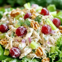 - 2 cups cooked chicken, shredded - 1 cup plain Greek yogurt - 1/4 cup mayonnaise - 1/2 cup celery, finely chopped - 1/2 cup red grapes, halved - 1/4 cup chopped toasted walnuts (or pecans) - 1/4 cup red onion, finely chopped - 1 tablespoon Dijon mustard - 1 tablespoon apple cider vinegar - Salt and pepper to taste - Fresh dill, for garnish I love using cooked chicken. It gives the salad a hearty base. You can use leftover chicken or grab a rotisserie chicken for ease. Greek yogurt adds a creamy texture and tangy taste. The mayonnaise gives extra moisture. Celery adds crunch, while red grapes bring a sweet touch. The walnuts (or pecans) offer a nice nutty flavor. Chopped red onion adds a bit of bite. Dijon mustard gives a slight tang that wakes up the dish. Apple cider vinegar adds brightness, balancing the creaminess. Finally, season with salt and pepper to round out the flavors. Fresh dill is the perfect garnish, adding a pop of green and aroma. - Substitute rotisserie chicken for leftover chicken - Alternative nuts: pecans or almonds - Add-ins: dried cranberries or apples Feel free to mix it up! If you want a different crunch, use pecans or almonds. Dried cranberries or chopped apples can add sweetness. These changes make the salad your own while keeping it fresh and flavorful. In a large bowl, combine 1 cup of plain Greek yogurt and 1/4 cup of mayonnaise. This mix gives the salad a creamy texture. Next, stir in 1 tablespoon of Dijon mustard and 1 tablespoon of apple cider vinegar. This adds a nice tangy flavor. Mix well until everything is smooth. Now, add 2 cups of shredded chicken into the bowl. You can use rotisserie chicken or any cooked chicken. Toss the chicken in the yogurt mixture until it's fully coated. Then, fold in 1/2 cup of finely chopped celery, 1/2 cup of halved red grapes, 1/4 cup of chopped toasted walnuts, and 1/4 cup of finely chopped red onion. Gently mix to keep some texture in the salad. Season the salad with salt and pepper to your taste. Chill it in the refrigerator for at least 30 minutes. This helps the flavors blend together. Before serving, garnish with fresh dill for a pop of color and aroma. Enjoy your fresh and flavorful Greek yogurt chicken salad! To perfect the flavors in your Greek yogurt chicken salad, start by adjusting the seasonings. I like to add salt and pepper gradually. Taste after each addition. You want a balance that suits your palate. If it feels flat, a splash more apple cider vinegar can brighten the taste. For the right consistency, ensure your Greek yogurt is creamy but not too thick. If it feels too dense, mix in a little more mayonnaise. This keeps the salad smooth and easy to scoop. When it comes to presentation, serve your chicken salad on a bed of mixed greens. This adds color and freshness. You can also use cucumber boats. Just hollow out the cucumbers and fill them with the salad. Drizzle a bit of olive oil on top for extra flavor. Pair this dish with crunchy crackers or whole-grain bread. You can also add a light soup. A fresh tomato basil soup works well. If you want to prepare your salad in advance, it’s simple. You can make it a day before serving. Just store it in an airtight container in the fridge. This allows the flavors to blend well. For overnight storage, keep the salad chilled. Use glass or plastic containers with tight lids. This keeps it fresh and tasty. Just remember to give it a good stir before serving! {{image_2}} You can make this chicken salad lighter. Here are a couple of ideas: - Use low-fat yogurt: Swap regular Greek yogurt for low-fat. - Try vegan alternatives: Use coconut yogurt or cashew cream. - Cut down on mayo: You can skip it and use only Greek yogurt. Want to add a twist to your chicken salad? Consider these ideas: - Fresh herbs: Add basil or tarragon for a fragrant touch. - Spicy kick: Mix in jalapeños or a splash of sriracha for heat. Sometimes you run out of ingredients. Here are some easy swaps: - Celery substitutes: Use cucumber or bell peppers for crunch. - Alternate fruits: Swap red grapes for apples or pears for sweetness. Each of these variations keeps the dish fresh and exciting. You can tailor it to fit your taste! This chicken salad stays fresh in the fridge for up to three days. Store it in an airtight container to keep it tasty. Glass or plastic containers work well. They help prevent spills and keep your salad safe. This salad is not freezer-friendly. Freezing can change the texture of the chicken and yogurt. If you must freeze it, try to eat it fresh. If you do freeze it, thaw it in the fridge overnight. Then, stir in a bit of fresh yogurt to refresh its flavor. Check for signs of spoilage before eating. If it smells off or has a strange color, it’s best to toss it. I recommend using this salad within three days for the best taste and texture. Yes, you can use canned chicken. It saves time and is convenient. However, the taste and texture may differ from fresh chicken. Canned chicken often has a softer texture. It also may contain added sodium. If you choose canned chicken, drain it well. Rinse it to reduce salt if needed. Fresh or rotisserie chicken usually gives a better flavor. Greek yogurt is typically healthier than mayonnaise. It has fewer calories and less fat. Greek yogurt also offers more protein. One cup of Greek yogurt has about 20 grams of protein. Mayonnaise, on the other hand, contains mostly fat with little protein. Greek yogurt helps add creaminess without the extra calories. Plus, it has probiotics that are good for your gut. Yes, you can make this salad vegan. Substitute the chicken with chickpeas or tofu. Use a vegan yogurt instead of Greek yogurt. You can also skip the mayonnaise. For added flavor, mix in some avocado or vegan mayo. Fresh herbs and spices will also enhance the taste. This way, you keep it tasty and plant-based. This blog covered a delicious chicken salad recipe. It included main and optional ingredients, step-by-step instructions, and helpful tips. I shared ways to make it healthier and variations to keep it exciting. Proper storage and serving ideas were also provided to enhance your experience. Remember, cooking should be fun and creative. Use this recipe as a base and let your tastes shine. Enjoy making this salad your own, and serve it with pride!