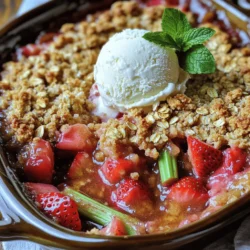 For this recipe, you need two cups of fresh strawberries. Make sure to hull and quarter them. Then, you will also need two cups of rhubarb. Trim the ends and cut it into one-inch pieces. The sweet strawberries balance the tart rhubarb perfectly. This mix creates a bright flavor that shines. You will use one cup of granulated sugar. This amount may change if your fruit is very tart. Add one tablespoon of lemon juice for a fresh zing. A teaspoon of vanilla extract adds warmth. Finally, include one teaspoon of cornstarch. This helps thicken the fruit filling as it bakes. For the crisp topping, gather one cup of rolled oats. You also need half a cup of all-purpose flour. Combine this with half a cup of packed brown sugar for richness. Melt a quarter cup of unsalted butter and mix it in. Add one teaspoon of cinnamon for warmth and a pinch of salt to enhance flavor. This mixture will create a crunchy topping that contrasts nicely with the fruit. Start by washing your strawberries. Remove the green tops and cut them into quarters. For the rhubarb, trim the ends and slice it into 1-inch pieces. In a large bowl, mix the strawberries and rhubarb together. Add sugar, lemon juice, vanilla extract, and cornstarch. Toss the fruit gently so every piece is coated. This mixture brings out the sweet and tart flavors. Once mixed, pour it into a greased 9x13 inch baking dish. In another bowl, combine rolled oats, flour, brown sugar, and a pinch of salt. Pour in the melted butter and cinnamon. Mix until the ingredients form a crumbly texture. This topping adds a nice crunch to your dish. Make sure it’s evenly mixed so every bite is tasty. Preheat your oven to 350°F (175°C). Once the oven is hot, sprinkle the crisp topping over the fruit mixture. Bake for 35 to 40 minutes. Watch for the top to turn golden brown. You will also see the fruit bubbling around the edges. After baking, take it out and let it cool for a few minutes. This cooling time helps the crisp set up. Enjoy your warm, homemade strawberry rhubarb crisp! To get a perfect crisp, follow these steps: - Use fresh strawberries and rhubarb. They bring out the best flavor. - Mix the fruit with sugar, lemon juice, and cornstarch. This helps thicken the filling. - Make sure the oat topping is crumbly. Use melted butter for a rich flavor. - Bake until the top is golden brown. This usually takes around 35-40 minutes. - Let it cool a bit before serving. This helps the filling set. Here are some common mistakes to watch out for: - Not measuring the sugar correctly. This can make your crisp too sweet or too tart. - Skipping the cornstarch. It is key to thickening the fruit mixture. - Overmixing the topping. This can lead to a dense, rather than crumbly, texture. - Not checking for doneness. Look for bubbling around the edges and a golden top. - Serving it too hot. Allow it to cool slightly for better texture and flavor. For serving, try these ideas: - Serve warm with a scoop of vanilla ice cream. The cold ice cream pairs well with the warm crisp. - Add a sprig of mint for a nice touch on the plate. - Pair with whipped cream for a creamy contrast. - Enjoy it as a breakfast dish with yogurt. It makes for a great morning treat. - Consider serving it with a drizzle of caramel sauce for extra sweetness. {{image_2}} If you want to make a gluten-free version, swap the all-purpose flour for a gluten-free blend. Look for a blend that works well in baking. You can also use almond flour or oat flour as a substitute. Make sure to check labels for any hidden gluten. You can change the fruits based on what you have. Try using peaches, blueberries, or blackberries instead of strawberries and rhubarb. Each fruit gives a new taste. You can mix and match your favorites. Just keep the ratio of fruit the same for best results. Add different spices to boost the flavor. Try nutmeg or cardamom for a warm twist. You can also add a splash of orange juice for a bright note. If you love nuts, sprinkle some chopped walnuts or pecans on top of the crisp. This adds crunch and flavor. After you make your strawberry rhubarb crisp, let it cool. Store leftovers in an airtight container. Keep it in the fridge. It stays fresh for about three days. If you want to keep it longer, try freezing it. To reheat your crisp, preheat your oven to 350°F (175°C). Place the crisp in a baking dish. Cover it with foil to keep it from drying out. Heat for about 15 to 20 minutes. You want the top to be warm and crisp again. You can also use a microwave. Heat it for about 30 seconds to 1 minute. If you want to freeze your crisp, do it before baking. Assemble the fruit and topping in a freezer-safe dish. Cover tightly with plastic wrap, then foil. It can last up to three months in the freezer. When you're ready to bake, just remove it from the freezer. Bake it straight from frozen. Add an extra 10 to 15 minutes to the baking time. Enjoy that fresh taste anytime! Yes, you can use frozen fruit. Frozen strawberries and rhubarb work well in this recipe. They may release more water, so you might need to adjust the sugar. Use about 1 tablespoon more cornstarch to help thicken the filling. The crisp is done when the top is golden brown. You should see the fruit bubbling around the edges. Bake for 35-40 minutes at 350°F. If it looks too dry, it may need a few more minutes. Serve warm crisp with vanilla ice cream for a tasty treat. You can also add whipped cream or yogurt. A sprig of mint on top adds a nice touch. Enjoy your dessert with family and friends! You learned how to make a delicious strawberry rhubarb crisp. We covered the fresh ingredients, step-by-step instructions, and handy tips. Remember, the right sweetener and crisp topping make a big difference. Don’t skip the variations to fit your needs and taste. Proper storage keeps leftovers tasty. Enjoy your crisp warm, and pair it with ice cream or whipped cream. Sharing this treat makes it even better. Now, go ahead and make your own perfect strawberry rhubarb crisp!