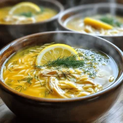 - 1 lb boneless, skinless chicken breasts - 6 cups chicken broth - 1 medium onion, finely chopped - 2 celery stalks, diced - 2 medium carrots, diced - 3 cloves garlic, minced - 2 large lemons (juiced and zested) - 1 cup orzo pasta - 1/2 cup fresh dill, chopped (or 2 tablespoons dried dill) - 3 large eggs - Salt and pepper to taste - 2 tablespoons olive oil In this soup, chicken is the star. I use boneless, skinless breasts for a tender bite. It cooks quickly and stays juicy. You can also use thighs if you like richer flavor. Next, I add fresh vegetables. Onions, celery, and carrots form a classic base. They bring sweetness and depth. Garlic adds a punch of flavor. For broth, I use chicken broth for a warm, comforting taste. It forms the soup's heart. Season it with salt and pepper to fit your taste. Orzo pasta adds a nice texture. It absorbs the broth and makes the soup filling. Lastly, fresh herbs bring brightness. I love using dill for its unique flavor. Lemon juice and zest add a refreshing zing to the soup. I recommend using high-quality, fresh ingredients. They enhance the dish's flavor and health benefits. Enjoy this delightful blend in your cooking! First, grab a large pot and place it on the stove. Heat two tablespoons of olive oil over medium heat. This oil adds flavor and helps cook the veggies. Next, add one medium onion, two diced celery stalks, and two diced carrots to the pot. Stir them often for about 5 to 7 minutes. You want them soft and fragrant. Then, toss in three cloves of minced garlic and cook for one more minute. This adds a lovely aroma. Now, pour in six cups of chicken broth and bring it to a boil. Once boiling, add one pound of boneless, skinless chicken breasts and one cup of orzo pasta. Reduce the heat to a simmer. Cook for about 15 minutes until the chicken is cooked through. Remove the chicken, shred it with two forks, and set it aside. In a separate bowl, whisk together three large eggs, the juice of two large lemons, and the zest of those lemons. Mix well until it is smooth and combined. To temper the eggs, slowly add a ladle of hot broth from the pot to the egg mixture. Whisk continuously as you do this. This helps the eggs warm up without scrambling. Gradually pour the tempered egg mixture back into the soup while stirring. This gives the soup a creamy texture. Return the shredded chicken to the soup. Then, add half a cup of chopped fresh dill. If you don’t have fresh, you can use two tablespoons of dried dill. Season the soup with salt and pepper to taste. Let it simmer for an extra five minutes before serving. Your soup will be warm, delicious, and ready to enjoy. Ensuring Perfectly Shredded Chicken To get tender shredded chicken, cook the chicken breasts well. After boiling them in the soup, take them out. Use two forks to pull apart the meat into bite-sized pieces. This makes it easy to mix into the soup. Achieving the Right Soup Consistency You want your soup to be creamy but not too thick. The eggs and lemon juice blend adds a smooth texture. If it’s too thick, add more chicken broth. Stir well to keep it light and fresh. Adding Extra Herbs or Spices You can boost flavor by adding fresh herbs like parsley or thyme. Just chop them finely and add them in at the end. This gives your soup a fresh and vibrant taste. Adjusting Lemon Flavor Intensity If you love lemon, feel free to add more juice or zest. Start with a little and taste it. You can always add more for that bright, tangy flavor. Balance it with a pinch of salt to enhance the taste. {{image_2}} You can switch up your Greek Lemon Chicken Soup with different pasta. Instead of orzo, try small shells or even rice. These options add variety and can change the texture. If you want to keep it simple, use whatever pasta you have on hand. Vegetables are another great way to mix things up. You can add spinach for a pop of color and nutrients. Kale works well, too. Chopped zucchini or bell peppers can add sweetness. Feel free to get creative with your veggie choices! If you need a gluten-free option, you can make this soup without orzo. Use gluten-free pasta instead. There are many good brands out there. You can also skip the pasta and add more veggies. This way, you still enjoy a hearty soup. For a vegetarian version, leave out the chicken and use vegetable broth. You can add beans for protein and texture. Chickpeas work great here. This keeps the soup filling and tasty. Remember to adjust the seasonings for your new ingredients! To keep your Greek lemon chicken soup fresh, store it in an airtight container. Make sure it cools to room temperature before sealing. This helps prevent bacteria growth. Enjoy your leftovers within three to four days to ensure safety and taste. If you notice any off smells or changes in color, it's best to throw it away. You can freeze Greek lemon chicken soup, but it's best if you do not add the orzo yet. First, let the soup cool completely. Then, pour it into freezer-safe containers, leaving some space at the top for expansion. Seal them tightly and label with the date. The soup can stay frozen for up to three months. To reheat, thaw the soup in the fridge overnight. Then, warm it on the stove over low heat. Stir in cooked orzo before serving. This keeps the pasta from getting mushy. If the soup seems too thick, add a little water or broth to reach your desired consistency. What can I serve with Greek Lemon Chicken Soup? You can serve this soup with crusty bread or a fresh salad. A Greek salad is a great choice. The tangy flavors match well with the soup. You can also add a side of pita chips for some crunch. How do I make this soup ahead of time? To make this soup ahead, cook it first but leave out the eggs. Store the soup in the fridge for up to three days. When ready to serve, heat it up and add the egg mixture. This keeps the soup creamy and fresh. Can I use rotisserie chicken for this recipe? Yes, rotisserie chicken works great! Just shred the cooked chicken and add it to the soup. This saves time and adds a nice flavor. Be sure to add it at the end so it heats through without overcooking. Is it possible to make this soup dairy-free? Yes, you can make this soup dairy-free! Just skip the eggs, or use a dairy-free egg substitute. The soup will still be tasty and creamy. You may also add a splash of dairy-free cream for extra richness. You learned how to make Greek Lemon Chicken Soup with simple steps. We covered the key ingredients, from chicken to herbs. You now know how to prep and cook the soup, ensuring the perfect texture and taste. Consider the tips to enhance flavor or make adjustments for dietary needs. Finally, understand how to store or freeze leftovers for another meal. This soup’s comforting essence is perfect for any day. Enjoy your cooking adventure!