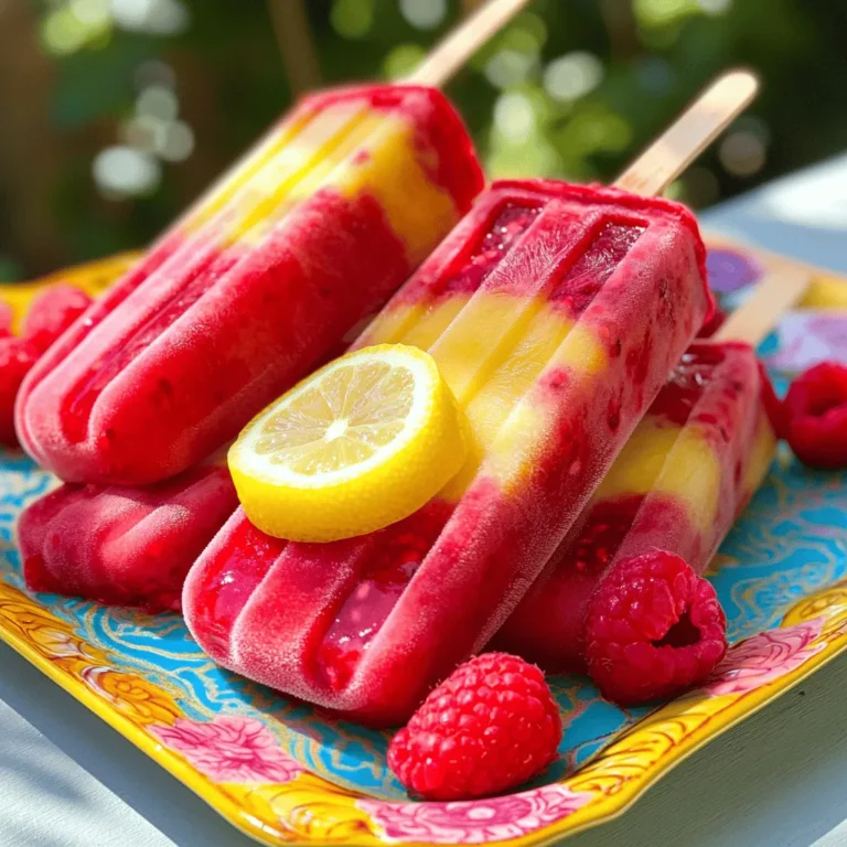 For these popsicles, you will need 2 cups of fresh raspberries. Choose ripe, plump berries for the best flavor. Look for bright red raspberries with no signs of mold. The fresher the raspberries, the more vibrant your popsicles will taste. You can also use frozen raspberries if fresh ones are not available, but fresh gives better texture. You will use 1 cup of fresh lemon juice, which is about 4 to 5 lemons. Fresh is best because it has a bright, tangy flavor. Bottled lemon juice can work, but it often lacks the fresh taste. Always choose real lemons if you want the best popsicles. The zest from these lemons adds even more flavor, so don’t skip it! You’ll need 1 cup of water and ½ cup of granulated sugar. Adjust sugar to your taste. A pinch of salt helps balance the sweetness and brings out the fruit flavors. Finally, add 1 teaspoon of lemon zest for an extra citrus kick. This zest gives the popsicles a lovely aroma and depth of flavor. To start, grab a medium saucepan. Combine 1 cup of water and ½ cup of sugar in it. Set the heat to medium. Stir the mixture until the sugar dissolves completely. This creates a sweet simple syrup. Once done, let the syrup cool down. Next, take your cooled syrup. Add 1 cup of fresh lemon juice, which is about 4-5 lemons. Then, include 1 teaspoon of lemon zest and a pinch of salt. Mix everything together well. This lemon mixture gives a bright flavor to the popsicles. Now, it’s time to work with the raspberries. In a blender, place 2 cups of fresh raspberries. Pour in about half of the lemon mixture you just made. Blend until smooth. If you want some raspberry chunks, pulse the blender a few times instead of blending fully. This adds texture to your popsicles. Now, take your popsicle molds. Fill each mold halfway with the remaining lemon mixture. Carefully spoon the raspberry puree on top of the lemon layer, filling the molds to the top. This creates beautiful layers of flavor. Insert popsicle sticks into each mold. Place the molds in the freezer for at least 6 hours, or until they are completely solid. When you’re ready to enjoy, run warm water over the outside of the molds for about 30 seconds. Gently pull the sticks to remove the popsicles. Enjoy this refreshing treat on a sunny day! You can change the sweetness of your popsicles. Start with the half cup of sugar. After mixing it in, taste the lemon mixture. If it’s too tart, add more sugar. You can add one tablespoon at a time. Mix well after each addition. Remember, your taste buds matter! The blending method affects the texture of the raspberries. For a smooth puree, blend the raspberries fully. If you want some chunks, pulse the blender. This keeps some pieces whole. You can also mash the raspberries with a fork if you prefer. This gives a nice texture contrast in each bite. Want to make your popsicles even better? Try adding fresh herbs. Mint or basil add a nice twist. You can also use honey instead of sugar for a different taste. Another idea is adding a splash of vanilla. This will deepen the flavor and make it unique! {{image_2}} You can mix things up by using other berries. Blackberries, strawberries, or blueberries work great. Each berry has its own flavor and sweetness. You can blend two or more berries together for a fun twist. Just keep the same amounts. This way, you can create your own tasty popsicle mix. Try adding herbs for a unique taste. Mint adds a refreshing touch. Basil brings a sweet and earthy flavor. Use fresh herbs to keep it bright and tasty. To do this, blend the herbs with the raspberries. You can also layer them in between the fruit puree. It makes your popsicles even more special. You can make these popsicles vegan and sugar-free too. Use maple syrup or agave instead of sugar. These sweeteners provide a natural taste. To go fully vegan, ensure your lemon juice is pure. You can also replace water with coconut water for a tropical vibe. This way, everyone can enjoy a cool treat! To freeze your raspberry lemonade popsicles, choose sturdy molds. Fill them to the top with the mixture. Leave a small space at the top for expansion. This helps prevent spills while freezing. Once filled, insert popsicle sticks straight into the center. Place your molds in the coldest part of the freezer. This keeps them frozen solid and ready to enjoy. Raspberry lemonade popsicles stay tasty for about 4 to 6 weeks. After that, they may lose flavor or texture. To keep them fresh, wrap each popsicle in plastic wrap. You can also store them in an airtight container. This adds a layer of protection against freezer air. Freezer burn can spoil the taste of your popsicles. To avoid freezer burn, keep the popsicles wrapped well. Use plastic wrap or airtight containers. Make sure the lids are tight. Also, avoid opening the freezer too often. This helps keep the cold air in, maintaining quality. If you notice ice crystals forming, eat the popsicles soon. They are still safe but may not taste as good. Yes, you can use frozen raspberries for these popsicles. They work well and save time. Just make sure to let them thaw a bit before blending. This will help create a smoother texture. You might also want to adjust the sweetness, as frozen raspberries can be a bit tart. To make sugar-free popsicles, use a natural sweetener like honey or agave syrup. You can also try using ripe bananas for sweetness. If you prefer, you can skip sweeteners altogether. The lemon and raspberry flavors are strong enough to shine through. Just taste the mixture as you go to find what you like. You can add a few mint leaves for a fresh twist. Pineapple juice can give a tropical vibe. Try using a splash of sparkling water for fizz. You can also mix in other fruits like strawberries or blueberries. Each addition brings a new flavor to your popsicle. Store your popsicles in an airtight container. This helps keep them fresh and prevents freezer burn. You can also wrap each popsicle in plastic wrap for extra protection. They will last about 2 to 3 months in the freezer. Just make sure to label them with the date for easy tracking. Making raspberry popsicles is simple and fun. We covered key ingredients like fresh raspberries, lemon juice, and sugar. You learned how to prepare syrup, mix flavors, and freeze your popsicles. I shared tips on adjusting sweetness and blending for the best texture. Consider swapping fruits or adding herbs for new tastes. Store popsicles carefully to keep them fresh. I hope you feel inspired to create these tasty treats at home! Enjoy your popsicle-making journey!