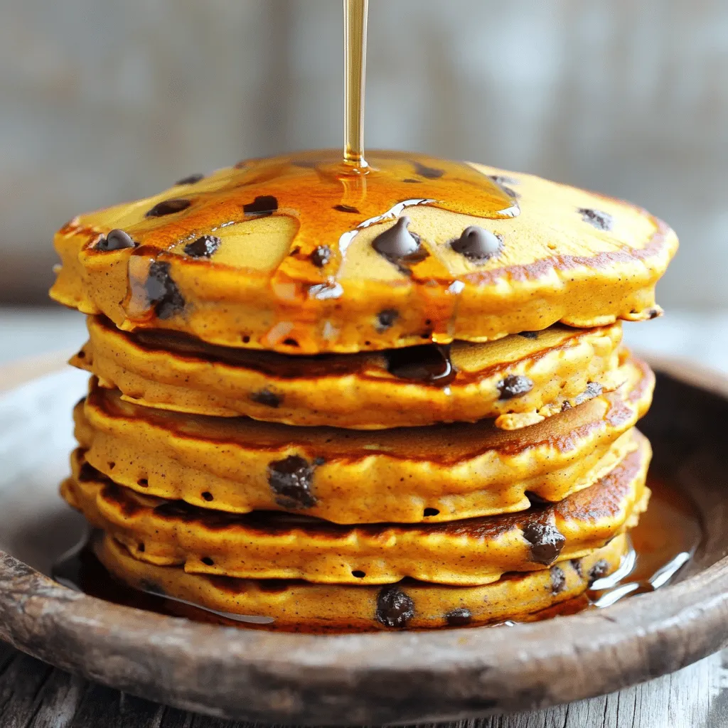 To make delicious chocolate chip pumpkin pancakes, gather these ingredients: - 1 cup all-purpose flour - 1 tablespoon baking powder - 1 teaspoon cinnamon - ½ teaspoon nutmeg - ¼ teaspoon salt - 1 cup pumpkin puree - 2 tablespoons sugar - 1 cup milk (dairy or non-dairy) - 1 large egg - 2 tablespoons melted butter (or coconut oil for a non-dairy option) - ½ cup chocolate chips - Maple syrup for serving You can add extra toppings to enhance your pancakes: - Whipped cream - Sliced bananas - Chopped nuts - More chocolate chips - A sprinkle of powdered sugar If you need swaps for any ingredients, here are some ideas: - Use whole wheat flour for a healthier option. - Replace sugar with maple syrup or honey. - Almond milk works well in place of regular milk. - For vegan pancakes, use flaxseed meal mixed with water instead of egg. - You can skip the chocolate chips or use dark chocolate for a richer taste. 1. Gather all your ingredients. You will need flour, baking powder, cinnamon, nutmeg, salt, pumpkin puree, sugar, milk, an egg, melted butter, and chocolate chips. 2. In a large bowl, whisk together the flour, baking powder, cinnamon, nutmeg, and salt. Mix them until they blend well. 3. In a separate bowl, mix the pumpkin puree, sugar, milk, egg, and melted butter. Stir until this mixture is smooth and uniform. 4. Pour the wet mix into the dry mix. Stir gently until just combined. Do not overmix; a few lumps are okay. 5. Carefully fold in the chocolate chips, ensuring they spread throughout the batter. 1. Heat a non-stick skillet or griddle on medium heat. Lightly grease it with butter or oil. 2. Pour ¼ cup of batter for each pancake onto the skillet. Cook until bubbles form and edges look set, about 2-3 minutes. 3. Flip the pancakes and cook for another 1-2 minutes. They should turn golden brown and be cooked through. 4. Repeat with the remaining batter. Adjust the heat if needed to avoid burning. 1. Serve the pancakes warm. Stack them high on a plate for a great look. 2. Drizzle maple syrup over the pancakes. Add more chocolate chips on top if you like. 3. For a festive touch, sprinkle a dash of cinnamon over the pancakes. Enjoy your tasty treat! To make perfect pancakes, start with a good mix. Combine your dry ingredients first. Whisk the flour, baking powder, cinnamon, nutmeg, and salt together. This helps spread the flavors well. When mixing the wet ingredients, make sure they are smooth. This includes pumpkin puree, sugar, milk, egg, and melted butter. Pour the wet mix into the dry mix. Stir gently, and don’t overmix. It’s okay to have lumps. Overmixing can make your pancakes tough. One common mistake is cooking on high heat. This can burn the pancakes outside and leave them raw inside. Keep your heat at medium. Another mistake is using too much batter. Use only ¼ cup for each pancake. This helps them cook evenly. Lastly, don’t skip the resting time. Let the batter sit for a few minutes. This allows the baking powder to work, making your pancakes fluffier. Serve your pancakes warm. Drizzle maple syrup over the top. Add extra chocolate chips for a sweet touch. You can also sprinkle cinnamon for added flavor. Pair these pancakes with fresh fruit like bananas or berries. A dollop of whipped cream can make them even more special. This breakfast treat is perfect for cozy mornings or special occasions. Enjoy your delightful chocolate chip pumpkin pancakes! {{image_2}} You can tailor these pancakes to fit different diets. If you're gluten-free, swap all-purpose flour for a gluten-free blend. Use a dairy-free milk like almond or oat milk to make it vegan. Replace the egg with a flax egg—mix one tablespoon of ground flaxseed with three tablespoons of water. Let it sit for five minutes to thicken. For a lower sugar option, reduce the sugar or use a sugar alternative like stevia or monk fruit. These pancakes are a great base for flavor twists. Add a teaspoon of vanilla extract to the wet mix for a richer taste. Try mixing in chopped nuts for crunch. For a spiced kick, include a dash of ginger or cloves. You can even use different chips like white chocolate or peanut butter chips. If you love fruit, fold in some blueberries or banana slices into the batter. Toppings can elevate your pancakes to new heights. Classic maple syrup is always a hit, but consider adding a dollop of whipped cream for creaminess. Fresh fruit like sliced bananas or strawberries adds color and flavor. Drizzle some chocolate sauce for a sweet treat. You can also sprinkle chopped nuts or a dash of cinnamon on top for extra texture and warmth. You can store leftover pancakes easily. Place them in an airtight container. Keep them in the fridge for up to three days. If you want them fresh for longer, freezing is best. Reheat pancakes for best taste. Use a microwave for quick heating. Warm them for 20-30 seconds. For a crispy finish, try a skillet. Heat on low for a few minutes. Flip them to warm both sides. Freezing pancakes is a smart choice. Let them cool completely first. Then, stack them with parchment paper in between. Place them in a freezer-safe bag. They can last up to two months in the freezer. When ready, thaw overnight in the fridge before reheating. Enjoy your tasty pancakes anytime! To stop pancakes from sticking, use a non-stick skillet. Heat it to medium before adding batter. Lightly grease the pan with butter or oil. This ensures a smooth flip. If you find them sticking, try lowering the heat slightly. Yes, you can make these pancakes ahead. Cook them, then let them cool. Place the pancakes in an airtight container. Store them in the fridge for up to three days. They will still taste great when reheated. If you don’t have pumpkin puree, use applesauce or mashed banana. Both add moisture and flavor. You can also try sweet potato puree for a similar taste. Each option adds a unique twist to the pancakes. You can substitute whole wheat flour for all-purpose flour. The pancakes will be denser but still tasty. You might need to adjust the liquid slightly. Use a little more milk if the batter seems too thick. Pancakes are done when they are golden brown and firm. Look for bubbles on the surface before flipping. The edges should also look set. Cook for another minute after flipping to ensure they are fully cooked. Maple syrup is a classic topping for these pancakes. You can also add whipped cream or yogurt. Fresh fruits like bananas or berries make great additions. Sprinkle nuts or extra chocolate chips for added crunch. In this post, we covered key ingredients for pancakes, cooking steps, and tips. You learned about optional toppings and ingredient swaps that suit your taste. I shared common mistakes to avoid for the perfect pancake. You also discovered how to store and reheat leftovers. With these insights, you can make delicious pancakes that fit your needs. Enjoy experimenting with flavors and toppings to make them your own!