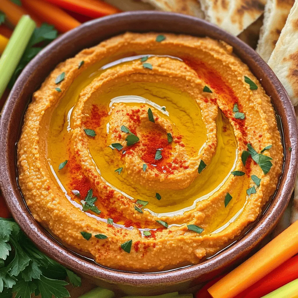 - 1 cup canned chickpeas, rinsed and drained - 1 large roasted red bell pepper (jarred or homemade) - 1/4 cup tahini - 2 tablespoons olive oil - 2 tablespoons lemon juice - 1 garlic clove, minced - 1/2 teaspoon cumin - Salt and pepper to taste - Water, as needed for consistency - Paprika and fresh parsley for garnish - Chickpeas: Packed with protein and fiber, they help keep you full longer. - Roasted Red Bell Pepper: Rich in vitamins A and C, good for skin health. - Tahini: Made from sesame seeds, it adds healthy fats and calcium. - Olive Oil: Contains heart-healthy fats and antioxidants. - Lemon Juice: Provides vitamin C and adds a fresh taste. - Garlic: Known for its immune-boosting properties and flavor. - Cumin: Adds flavor and may aid digestion. - Paprika: Offers antioxidants and enhances color. - Fresh Parsley: Full of vitamins and adds a fresh touch. - Chickpeas: Use white beans or lentils if you prefer. - Tahini: Sunflower seed butter works well for nut-free diets. - Olive Oil: Any light oil, like avocado oil, can be used. - Lemon Juice: Lime juice provides a nice twist. - Garlic: Garlic powder is a quick swap if fresh isn't handy. - Cumin: Try coriander for a different flavor. - Paprika: Use chili powder for more heat if desired. To make roasted red pepper hummus, start by gathering your ingredients. You will need: - 1 cup canned chickpeas, rinsed and drained - 1 large roasted red bell pepper (jarred or homemade) - 1/4 cup tahini - 2 tablespoons olive oil - 2 tablespoons lemon juice - 1 garlic clove, minced - 1/2 teaspoon cumin - Salt and pepper to taste - Water, as needed for consistency - Paprika and fresh parsley for garnish First, rinse your chickpeas well. This helps remove any extra salt or liquid. If using jarred peppers, drain them too. If you prefer homemade, roast your bell pepper until charred. Let it cool, then peel off the skin. Now, take a food processor. Add the rinsed chickpeas, roasted red pepper, tahini, olive oil, lemon juice, minced garlic, and cumin. Blend on high speed. Make sure to stop and scrape down the sides. This ensures all ingredients mix well. Blend until the mixture is smooth. You want a creamy texture, not chunky. If your hummus is too thick, add water. Do this one tablespoon at a time. Blend again after each addition. Keep adding until you reach your desired smoothness. Taste the hummus and add salt and pepper as needed. Blend once more to combine. Once done, transfer the hummus to a serving bowl. Drizzle with olive oil and sprinkle paprika and fresh parsley on top. Enjoy your delicious hummus with pita or veggies! Roasting red peppers is easy and adds great flavor. You can roast them in the oven or over a flame. If you use an oven, set it to 450°F. Place the peppers on a baking sheet. Roast them for about 20 minutes, turning once. Look for blackened skin. After roasting, place the peppers in a bowl and cover it. This helps loosen the skin when they cool. Once cool, peel off the skin and remove the seeds. You can also buy jarred roasted peppers for convenience. You can make hummus even better with spices and herbs. Try adding fresh basil or cilantro for a fresh taste. A pinch of paprika adds warmth and color. For heat, use a dash of cayenne pepper. You can also mix in lemon zest for a bright flavor. Experiment with these additions to find your favorite blend. If you have extra hummus, store it in an airtight container. Keep it in the fridge for up to a week. To keep it fresh, drizzle a little olive oil on top before sealing. You can also freeze hummus for up to three months. Just thaw it in the fridge when you’re ready to eat. To make it smooth again, blend it briefly after thawing. {{image_2}} To make your hummus spicy, add jalapeños or cayenne pepper. Start with a small amount. Blend it in with the other ingredients. Taste and adjust until it reaches your heat level. This adds a nice kick to the flavor. You can give your hummus a Mediterranean twist. Try mixing in olives or sun-dried tomatoes. They add a rich taste and a pop of color. You could also add fresh herbs like basil or oregano. These additions make your dish more vibrant and aromatic. If you want a nut-free hummus, skip the tahini. You can use sunflower seed butter instead. This still keeps the creamy texture. Another option is to blend in extra chickpeas for thickness. You won’t lose flavor, and it remains delicious and safe for nut allergies. Roasted red pepper hummus is versatile and pairs well with many foods. Here are some great options: - Warm pita bread - Fresh cucumber slices - Carrot sticks - Celery sticks - Bell pepper strips - Cherry tomatoes These pairings add crunch and flavor. They make great snacks or sides. You can use hummus in many fun and tasty ways. Here are some ideas: - Spread it on sandwiches for extra flavor. - Use it as a dip for crackers. - Top a salad with a scoop for added creaminess. - Mix it into pasta for a unique twist. - Add it to wraps with veggies and proteins. Hummus makes meals more exciting and healthy. When serving hummus to guests, a nice presentation makes a big difference. Here are some tips: - Use a shallow bowl for serving. - Drizzle olive oil on top in a fun pattern. - Sprinkle paprika and chopped parsley for color. - Arrange fresh veggies around the bowl. - Serve with a side of warm pita. These ideas impress guests and make the meal more inviting. Roasted red pepper hummus lasts about 4 to 7 days in the fridge. Store it in an airtight container. The flavors may deepen as it sits. If you notice any off smells or mold, it's best to toss it. Yes, you can freeze homemade hummus! Place it in a freezer-safe container. Leave space at the top for expansion. It can last up to four months. To eat, defrost it in the fridge overnight. Homemade hummus tastes fresher and has better flavor. You control the ingredients. Store-bought hummus may have preservatives and less flavor. Homemade hummus can be customized to your liking. You can add more garlic or spices as desired. To make hummus creamier, use a bit more tahini. Adding a splash of cold water helps too. Blend the hummus longer for a smoother texture. You can also try using ice cubes while blending. This creates a lighter, fluffier dip. This blog covered the best ways to make hummus, focusing on ingredients, preparation, and serving. We learned how to choose and benefit from the right ingredients. I shared tips for blending, roasting, and storing to improve your hummus experience. Don't forget to try fun variations and creative presentations. With this guide, you can whip up delicious hummus that impresses everyone. Enjoy making your tasty spread and sharing it with friends and family!