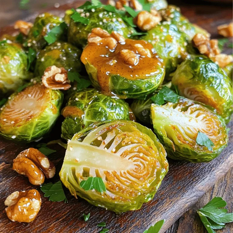 To make Honey Mustard Brussels Sprouts, gather these items: - 1 pound Brussels sprouts, halved - 3 tablespoons olive oil - 2 tablespoons honey - 2 tablespoons Dijon mustard - Salt and pepper to taste - 1 tablespoon apple cider vinegar - 1/4 cup toasted walnuts, chopped - 1 tablespoon fresh parsley, chopped (for garnish) You will need some tools to prepare this dish: - Baking sheet - Parchment paper - Large bowl - Small bowl - Whisk or fork - Knife and cutting board Each serving of Honey Mustard Brussels Sprouts offers a healthy balance. This dish is low in calories and high in nutrients. It provides: - Fiber from Brussels sprouts - Healthy fats from olive oil and walnuts - Antioxidants from honey and mustard This recipe serves four people. Enjoy a tasty and healthy side dish! Start by preheating your oven to 400°F (200°C). This helps the sprouts roast well. Next, take 1 pound of Brussels sprouts and cut them in half. Place them in a large bowl. Add 3 tablespoons of olive oil, salt, and pepper to taste. Toss everything together. Make sure the sprouts are well coated in oil. This step is key for flavor and texture. While the sprouts roast, you can make the honey mustard dressing. In a small bowl, mix 2 tablespoons of honey, 2 tablespoons of Dijon mustard, and 1 tablespoon of apple cider vinegar. Add a pinch of salt and pepper. Whisk everything together until it is smooth. This dressing adds a sweet and tangy kick to the dish. Spread the Brussels sprouts out on a baking sheet, cut side down. Roast them in the oven for 20-25 minutes. You want them golden brown and tender. After roasting, take them out and drizzle the honey mustard dressing over the sprouts. Toss to coat evenly. Return them to the oven for an extra 5 minutes. This helps the dressing caramelize. Once done, mix in 1/4 cup of chopped toasted walnuts. Finally, sprinkle with fresh parsley for a nice touch. Enjoy your tasty dish! Roasting Brussels sprouts gives them a nice crunch. First, always cut them in half. This helps them cook evenly. Use a good amount of olive oil. It helps the sprouts get golden brown. Make sure to spread them out on the baking sheet. Crowding them makes them steam instead of roast. To get the best flavor, season well. Use salt and pepper to taste. The honey mustard dressing adds a sweet and tangy kick. Whisk the honey, Dijon mustard, and apple cider vinegar together. Drizzle this over the roasted sprouts for full flavor. Adding toasted walnuts at the end gives a nice crunch. Aim for a crispy outside and tender inside. Roast the sprouts for about 20-25 minutes first. This gives them time to soften and brown. After adding the dressing, roast for five more minutes. This allows the dressing to caramelize and enhance the flavor. Enjoy the mix of textures in every bite! {{image_2}} You can make Honey Mustard Brussels Sprouts even better by adding more ingredients. Here are some ideas: - Bacon: Add crispy bacon bits for a smoky flavor. - Cheese: Sprinkle some feta or goat cheese for creaminess. - Garlic: Toss in minced garlic for a savory kick. - Cranberries: Dried cranberries add a sweet contrast. - Apples: Add diced apples for a sweet crunch. This dish is easy to adapt for different diets. To make it vegan: - Replace honey: Use maple syrup instead of honey. - Check mustard: Ensure the Dijon mustard is vegan. For gluten-free options, use gluten-free mustard. Always check labels to be sure. You can enhance the flavor of your Honey Mustard Brussels Sprouts in fun ways. Here are some tips: - Spices: Add smoked paprika or chili flakes for heat. - Citrus: A squeeze of lemon juice brightens the dish. - Herbs: Use thyme or rosemary for an earthy taste. - Nuts: Experiment with different nuts like pecans or almonds. These variations will keep your Brussels sprouts exciting and delicious! To keep your Honey Mustard Brussels Sprouts fresh, place them in an airtight container. Store them in the fridge. They will last about three to four days. Make sure they cool down before sealing the container. This helps prevent moisture buildup. When you're ready to enjoy your leftovers, reheat them in the oven for the best results. Preheat your oven to 350°F (175°C). Place the sprouts on a baking sheet and heat for about 10-15 minutes. This keeps them crispy. You can also use the microwave, but they may become soft. Heat in 30-second intervals, stirring in between. If you want to freeze these sprouts, first let them cool completely. Then, spread them out on a baking sheet and freeze for about an hour. This prevents clumping. After they are frozen, transfer them to a freezer bag. They can last up to three months. When ready to eat, thaw them in the fridge overnight before reheating. Yes, you can use frozen Brussels sprouts. They are convenient and save time. However, fresh sprouts give better flavor and texture. If you use frozen, thaw them first. Then, follow the same roasting steps. Honey mustard Brussels sprouts pair well with many dishes. Here are some great options: - Grilled chicken or turkey - Pork chops or roast pork - Quinoa or rice dishes - A fresh green salad These sides enhance the sweet and tangy flavors of the sprouts. You can easily adjust the dressing to fit your taste. To make it sweeter, add more honey. If you like it tangy, add more Dijon mustard or apple cider vinegar. Mix well after each addition, and taste until it is just right for you. You learned how to make honey mustard Brussels sprouts by exploring key ingredients, equipment, and nutrition. I shared step-by-step cooking instructions, plus tips for the best roasting results. Various adaptations catered to different diets, while clear storage guidelines kept your leftovers fresh. In closing, these simple steps help you create a tasty dish everyone will love. Enjoy the unique flavors and share them with friends!