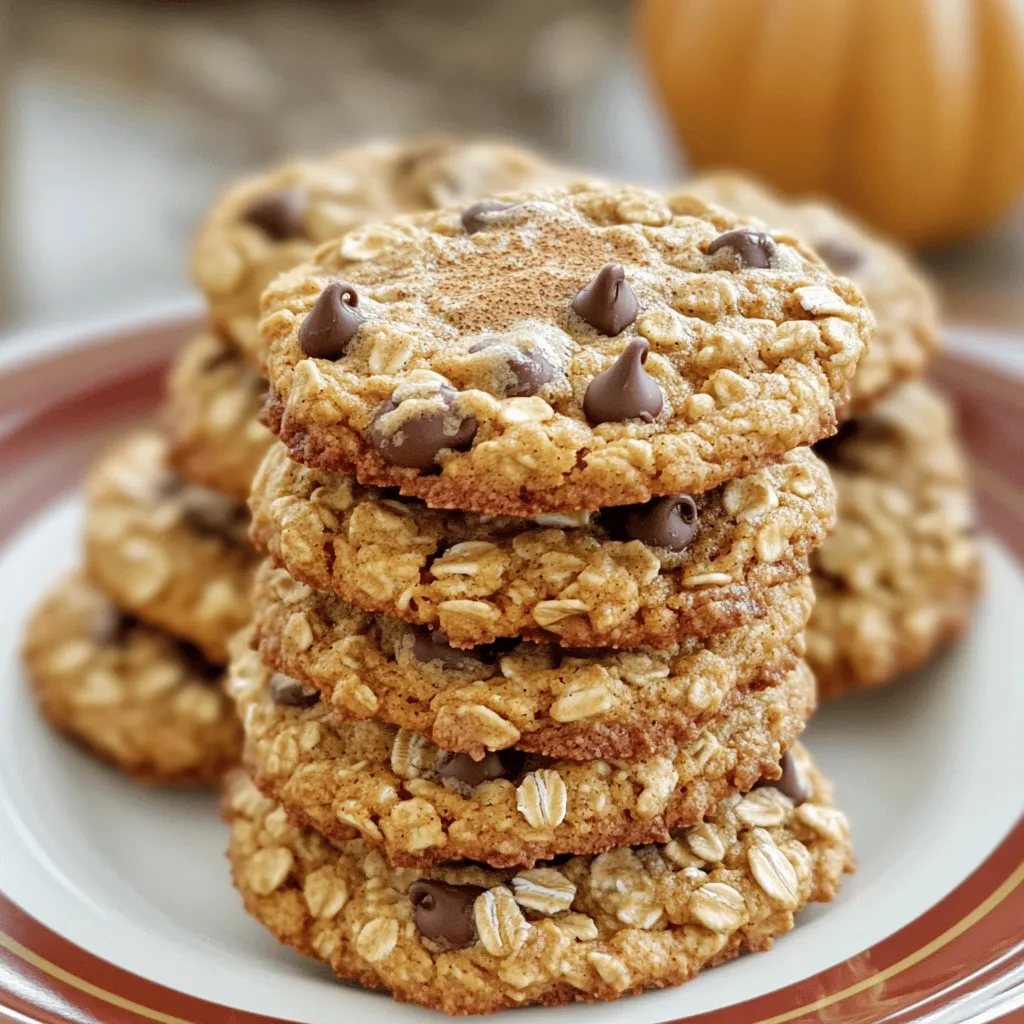 To make these delicious pumpkin spice oatmeal chocolate chip cookies, gather the following ingredients: - 1 cup rolled oats - 1 cup all-purpose flour - 1/2 teaspoon baking soda - 1/2 teaspoon baking powder - 2 teaspoons pumpkin pie spice - 1/4 teaspoon salt - 1/2 cup unsalted butter, softened - 1 cup brown sugar, packed - 1/4 cup granulated sugar - 1 large egg - 1/2 cup pure pumpkin puree - 1 teaspoon vanilla extract - 1 cup chocolate chips - 1/2 cup walnuts or pecans, chopped (optional) These ingredients blend together to create a warm, tasty cookie. The rolled oats add a nice texture, while the pumpkin brings a rich flavor. The blend of sugars gives the cookies a sweet edge. You can use walnuts or pecans for added crunch if you like. Each component plays a role, so don’t skip any! - Preheat your oven to 350°F (175°C). - Line a baking sheet with parchment paper. Start by preheating your oven. This step helps cookies bake evenly. Also, lining the baking sheet prevents sticking. It makes cleanup easy, too! - Combine oats, flour, baking soda, baking powder, pumpkin pie spice, and salt. In a bowl, mix the oats, flour, baking soda, baking powder, pumpkin pie spice, and salt. This mix adds flavor and helps the cookies rise. Set it aside; you will use it soon. - Cream together the softened butter, brown sugar, and granulated sugar. In a large bowl, cream the softened butter, brown sugar, and granulated sugar. Use a mixer or a spoon. Mix until it’s light and fluffy. This step helps make your cookies soft and sweet. - Beat in the egg, pumpkin puree, and vanilla extract. Now, beat in the egg, pumpkin puree, and vanilla extract. Mix well until it is smooth. The pumpkin adds moisture and flavor. - Gradually add the dry mixture and stir until combined. Next, gradually add the dry mix to the wet mix. Stir gently until just combined. Do not overmix; this keeps the cookies tender. - Fold in chocolate chips and optional nuts. Now, fold in the chocolate chips and nuts if you like. The chocolate adds sweetness, while nuts give crunch. This combination is simply delightful. - Drop tablespoon-sized portions on the baking sheet. - Bake for 10-12 minutes. Drop tablespoon-sized portions of dough onto the prepared baking sheet. Space them about 2 inches apart. Bake for 10-12 minutes. Look for lightly golden edges. - Let cookies cool on the baking sheet before transferring to a wire rack. After baking, let the cookies cool on the baking sheet for about 5 minutes. Then, transfer them to a wire rack. This cooling step helps them firm up and makes them easier to handle. To get soft cookies, watch your baking time. Pull them out when the edges are light brown. If you want chewy cookies, let them cool on the baking sheet longer. This keeps the center soft while setting the edges. Measuring ingredients is key to great cookies. Use a kitchen scale for accuracy. If you use cups, spoon the flour into the cup and level it off. Too much flour makes cookies dry. You can spice things up! Add a pinch of nutmeg for warmth. A dash of cinnamon brings out the pumpkin flavor too. If you love a kick, try adding ground ginger. For the chocolate chips, mix dark and semi-sweet for depth. You can also use white chocolate or butterscotch chips for a different taste. Don’t be afraid to try mini chips for a fun twist! To serve your cookies beautifully, stack them on a festive plate. Add a sprinkle of pumpkin pie spice on top for flair. For storage, use an airtight container to keep them fresh. You can also wrap them in parchment paper for a nice touch. Warm cookies are always a hit, so serve them right out of the oven! {{image_2}} You can make these cookies gluten-free. Just swap the all-purpose flour for a gluten-free blend. Look for a mix that has a good balance of starches and flours. This change helps keep the cookies soft and chewy. Always check the label to ensure it’s truly gluten-free. If you have nut allergies, you can skip the walnuts or pecans. Instead, add more chocolate chips or use seeds like sunflower seeds. They add a nice crunch without the nut risk. Just make sure your chocolate chips are also nut-free. To make these cookies vegan, replace the butter with coconut oil or vegan butter. For the egg, use a flax egg. Mix 1 tablespoon of flaxseed meal with 2.5 tablespoons of water and let it sit until thick. This will help bind the cookies together. These swaps keep the cookies tasty while being plant-based. To keep your cookies fresh, store them in an airtight container. This helps lock in moisture and flavor. Line the container with parchment paper for added protection. If you stack the cookies, place parchment paper between layers. This prevents sticking and keeps them looking nice. Want to save some for later? You can freeze the dough or baked cookies. For dough, scoop it into balls and place them on a baking sheet. Freeze until solid, then transfer to a freezer bag. For baked cookies, let them cool completely. Then, layer them in a freezer-safe container with parchment paper between layers. They can last up to three months in the freezer. When you crave a warm cookie, reheating is easy. For baked cookies, place them on a plate and microwave for about 10-15 seconds. This warms them without drying them out. If you prefer the oven, preheat it to 350°F (175°C) and warm the cookies for about 5 minutes. Enjoy them warm and gooey! Yes, you can use quick oats instead of rolled oats. Quick oats cook faster and can change the cookie's texture. The cookies may turn out softer and less chewy. I recommend sticking with rolled oats for the best results. To make the cookies softer, try these tips: - Use more butter or a little extra pumpkin puree. - Do not overmix the dough; mix just until combined. - Bake for a shorter time, around 10 minutes, for softer cookies. If you don’t have pumpkin puree, use mashed banana or applesauce. Both will add moisture and a hint of flavor. You can also try sweet potato puree for a similar taste. Yes, you can make the dough ahead of time. Just wrap it in plastic wrap and store it in the fridge for up to three days. For longer storage, freeze the dough. When ready to bake, let it thaw in the fridge overnight. The cookies are done when the edges turn lightly golden. The centers should look set but soft. If you press them gently, they should spring back. Remember, they will continue to cook slightly after you take them out. These cookies are a treat you can enjoy any time. We covered sweet ingredients and easy steps to bake them. I shared tips to help you make them just right. Plus, you have ideas for variations to fit your needs. Whether you want gluten-free, nut-free, or vegan options, there’s a way to enjoy these cookies. With the right storage, they'll stay fresh and tasty. Now, gather your ingredients and get baking! You'll have a delicious snack to share or savor alone.