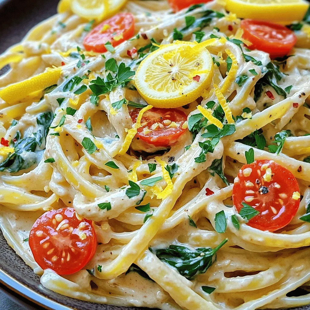 - 8 oz (225g) linguine or spaghetti - 1 cup creamy hummus - 1/4 cup fresh lemon juice - 3 cloves garlic - 1/4 cup extra-virgin olive oil To create a tasty Creamy Lemon Garlic Hummus Pasta, you need a few simple items. Start with 8 ounces of linguine or spaghetti. This pasta forms the base of the dish. Next, grab 1 cup of creamy hummus. You can use store-bought hummus or make your own for a fresher taste. Squeeze in 1/4 cup of fresh lemon juice, about two lemons. This adds a bright and zesty flavor. Don’t forget 3 cloves of minced garlic to give the dish a savory kick. Finally, drizzle in 1/4 cup of extra-virgin olive oil to bring all the flavors together. - 1/4 teaspoon red pepper flakes - 1 cup cherry tomatoes - 1/2 cup fresh spinach - Fresh parsley and lemon zest for garnish To customize your pasta, consider adding optional ingredients. A pinch of 1/4 teaspoon of red pepper flakes can add some heat. You may want to toss in 1 cup of halved cherry tomatoes for a pop of color and sweetness. Adding 1/2 cup of roughly chopped fresh spinach provides a nice green touch. For the finishing touch, garnish your dish with fresh parsley and lemon zest. These add flavor and make your dish look lovely on the plate. To start, boil a large pot of salted water. Add the linguine or spaghetti. Cook it until it is al dente, about 8 to 10 minutes. Al dente means the pasta is cooked but still firm. This gives it a nice bite. Before you drain the pasta, reserve about 1/2 cup of the pasta water. This water will help later with the sauce. In a large mixing bowl, combine the creamy hummus, fresh lemon juice, minced garlic, and extra-virgin olive oil. Mix these together until the sauce is smooth and creamy. If it seems too thick, add some of the reserved pasta water. This will help you get the right consistency for the sauce. Now it’s time to bring it all together. Add the drained pasta to the bowl with the hummus sauce. Toss the pasta well so it gets fully coated in the sauce. If the sauce is still too thick, you can add more reserved water. Next, gently fold in the cherry tomatoes and chopped spinach. If you like a bit of heat, add red pepper flakes. Cook this mixture for 2 to 3 minutes on low heat. This will slightly wilt the spinach and warm the dish. Season with salt and pepper to taste. When choosing hummus, you can go for store-bought or make your own. Store-bought hummus is quick and easy. Look for smooth, creamy options with fresh ingredients. If you want to make it from scratch, blend chickpeas, tahini, lemon juice, and garlic. You can also play with flavors. Try adding roasted red peppers, sun-dried tomatoes, or herbs to your hummus for a unique taste. This can change the whole vibe of your pasta dish. Cooking pasta al dente is key. This means the pasta should be firm but not hard. To achieve this, follow the package instructions but check the pasta a minute early. It should have a slight bite. Don’t forget to save some pasta water! This starchy water helps bind the sauce to the pasta. It can also help adjust the sauce's thickness if it’s too thick. Just add a little at a time until it’s perfect. Garnishing adds fun and flavor. Fresh herbs like parsley or basil work well on this dish. They brighten up the plate and add a fresh taste. Spices can also enhance your dish. Add a sprinkle of red pepper flakes for heat. You can also use lemon zest to boost that citrus flavor. Serve the pasta warm and enjoy its creamy goodness! {{image_2}} You can boost your creamy lemon garlic hummus pasta with protein. Grilled chicken or shrimp makes a tasty addition. Just add the cooked protein to the pasta after mixing in the sauce. For a plant-based choice, try chickpeas or tofu. Cook them well and mix them in for a hearty meal. If you need gluten-free options, use gluten-free pasta. It works well with this recipe. You can also make vegan adjustments. Make sure your hummus is vegan. This dish is already dairy-free, so it fits perfectly. Get creative with flavor! You can add different veggies like bell peppers or zucchini. Spices like cumin or paprika can give new depth. You can also experiment with types of hummus. Try roasted red pepper or basil hummus for a twist. Each change gives a fresh taste to your dish. To keep your leftover creamy lemon garlic hummus pasta fresh, store it in an airtight container. This helps prevent moisture loss and keeps flavors strong. You can refrigerate it for up to three days. After that, the pasta may lose its texture and taste. To reheat, place the pasta in a pan over low heat. Add a splash of water or olive oil to keep it moist. Stir gently until warmed through. This method helps maintain the creamy texture. Avoid using a microwave, as it can dry out the pasta. You can freeze the creamy lemon garlic hummus pasta if you want to save it for later. Place it in a freezer-safe container, leaving space for expansion. It will stay fresh for about one month. To thaw, move it to the fridge overnight. Reheat gently on the stove, adding a bit of water to restore creaminess. To make homemade hummus, you need these basic ingredients: - 1 can of chickpeas, drained and rinsed - 1/4 cup tahini - 2 tablespoons lemon juice - 1 clove garlic - 2 tablespoons olive oil - Salt to taste 1. Blend the chickpeas, tahini, lemon juice, and garlic in a food processor. 2. Slowly add olive oil as you blend until smooth. 3. Season with salt to your liking. 4. For a creamier texture, add a little water. This hummus is perfect for the pasta and adds great flavor. Yes, you can use various pasta shapes. Some great options include: - Penne - Fusilli - Farfalle These shapes will still hold the creamy sauce well. Just make sure to adjust the cooking time as needed. Yes, this dish is great for meal prep. Here are some tips: - Cook the pasta and toss it with the sauce. - Store in airtight containers. - Add fresh veggies just before serving. This way, your pasta stays fresh and tasty all week long. This dish combines creamy hummus and al dente pasta for a tasty meal. You learned about the key ingredients, step-by-step cooking methods, and tips to enhance flavor. There are many ways to customize this recipe, from adding protein to using different spices. Plus, you can store leftovers easily or prepare ahead for future meals. Try it out and enjoy a quick yet satisfying dish that keeps hunger at bay. Your taste buds will thank you!