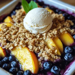 You need 2 cups of fresh blueberries. These tiny fruits burst with flavor. They add a sweet and tangy touch to the dish. Next, use 2 cups of fresh peaches. Peel and slice them for the best taste. Together, these fruits create a colorful and tasty mix. For extra sweetness, add 1 tablespoon of honey or maple syrup. This step is optional, but it can enhance the flavor. Honey brings a floral note, while maple syrup adds a warm taste. You can choose either based on your preference. The crisp topping needs 1 cup of rolled oats. These oats give the dish a chewy texture. Then, mix in 1/2 cup of all-purpose flour. This flour helps bind the topping together. For sweetness, add 1/2 cup of packed brown sugar. Sprinkle in 1/2 teaspoon of cinnamon for warmth and flavor. Lastly, add 1/4 teaspoon of salt to balance the taste. This mixture creates a crumbly topping that will bake to a golden brown. Start by preheating your oven to 350°F (175°C). In a mixing bowl, add 2 cups of fresh blueberries and 2 cups of sliced peaches. These fruits are sweet and juicy. Drizzle 1 tablespoon of lemon juice over them. This adds brightness and balance. If you want more sweetness, add 1 tablespoon of honey or maple syrup. Toss gently to coat the fruit. You want the flavors to mix well. Once combined, transfer the fruit mixture into a greased 9x9 inch baking dish. Spread the fruit out evenly. This ensures every bite is tasty. In another bowl, mix together 1 cup of rolled oats, 1/2 cup of all-purpose flour, 1/2 cup of packed brown sugar, 1/2 teaspoon of ground cinnamon, and 1/4 teaspoon of salt. These ingredients create a great texture for your topping. If you like a crunch, add 1/4 cup of chopped nuts, like pecans or almonds. Stir everything until combined. Then, pour in 1/2 cup of melted unsalted butter. Mix until the topping looks crumbly and well blended. Now, sprinkle the oat mixture evenly over the fruit in the baking dish. Make sure to cover the fruit well. This will create a nice crust when baked. Place the dish in the preheated oven and bake for about 30-35 minutes. You’ll know it’s ready when the topping is golden brown and the fruit is bubbling. When it’s done, remove it from the oven. Let it cool slightly before serving. This crisp is best enjoyed warm. To get the best texture for your crisp, focus on the topping. Use rolled oats for a chewy bite. Mix the oats with flour and brown sugar to create a crumbly feel. When you melt the butter, make sure it coats all the dry mix. This helps bind everything together. Don’t skip the nuts; they add a nice crunch. You can use pecans or almonds, depending on your taste. Spices can really boost the taste of your crisp. Ground cinnamon is a must, as it pairs well with both blueberries and peaches. Try adding a pinch of nutmeg for warmth, too. If you like a bit of heat, a dash of ginger works great. These spices bring out the fruit's natural sweetness and make each bite more exciting. Serving your Blueberry Peach Crisp is fun! I love it warm right out of the oven. A scoop of vanilla ice cream on top melts beautifully into the crisp. If you want a lighter option, whipped cream is a great choice. For a touch of color, add a sprig of mint on top. This not only looks pretty but also adds a fresh taste. Enjoy it with friends or family for a sweet treat! {{image_2}} You can easily make a gluten-free version. Just swap the all-purpose flour for a gluten-free flour blend. This blend usually contains rice flour, potato starch, and tapioca flour. Most brands work well in baking. Check labels to ensure they are certified gluten-free. This way, you can enjoy the crisp without worry! To make this crisp vegan, replace the butter with coconut oil or a vegan butter substitute. Instead of honey, use maple syrup or agave nectar for sweetness. This keeps it plant-based and just as tasty. If you have nut allergies, skip the nuts in the topping. You can replace them with more oats or sunflower seeds for added crunch. This keeps the texture nice without any nuts. Enjoy your Blueberry Peach Crisp safe and sound! To store leftover blueberry peach crisp, let it cool completely. Cover it with plastic wrap or foil. You can keep it in the fridge for up to four days. Make sure to place it in an airtight container for best results. When you're ready to enjoy the crisp again, preheat your oven to 350°F (175°C). Place the crisp in the oven for about 10 to 15 minutes. This will warm it up and make the topping crisp again. You can also use a microwave, but the oven gives better results. If you want to freeze blueberry peach crisp, let it cool first. Wrap it tightly in plastic wrap and then in foil. You can freeze it for up to three months. When you're ready to eat it, thaw it in the fridge overnight. Reheat it in the oven for the best taste. Yes, you can use frozen fruit. Just thaw it first and drain excess liquid. Frozen fruit may release more juice during baking. This can make your crisp a bit juicier but still tasty. If you prefer a thicker filling, add a little extra flour to help absorb the juices. Blueberry Peach Crisp lasts about 3 to 5 days in the fridge. Store it in an airtight container to keep it fresh. You can also freeze it for up to 3 months. Just make sure to wrap it well to prevent freezer burn. If you want a dairy-free option, use coconut oil or vegan butter. You can also try applesauce for a lighter option. Just remember that the texture may change slightly. Adjust the amount based on your preference for moisture and richness. You now know how to make a delicious Blueberry Peach Crisp. We covered key ingredients and the step-by-step process. I shared tips on texture and flavor, plus fun variations. Storing leftovers and reheating them correctly ensures more tasty treats. Remember, feel free to adapt the recipe to your needs. Whether using fresh or frozen fruit, this dessert is sure to please. Enjoy your time in the kitchen, and happy baking!