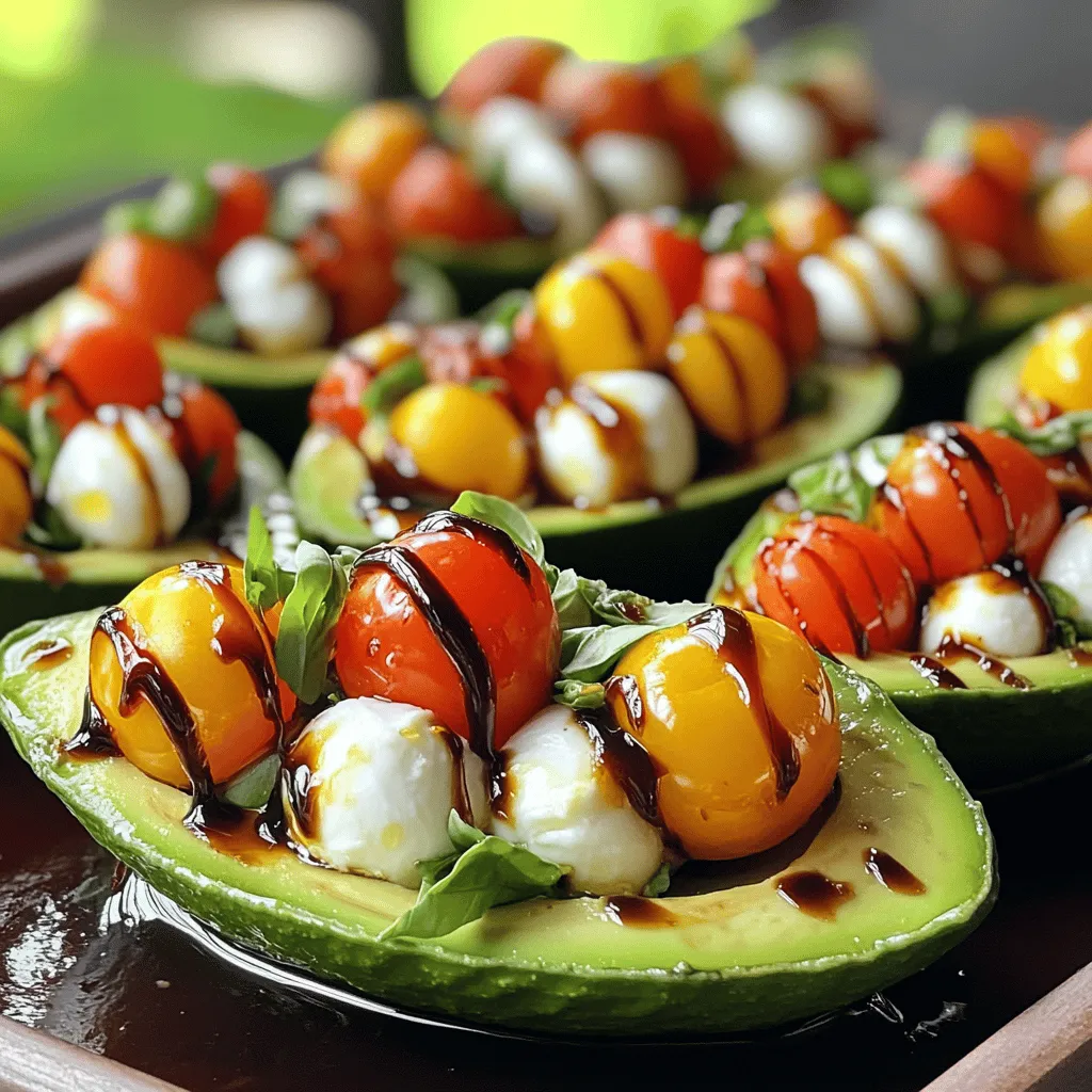 - 2 ripe avocados - 1 cup cherry tomatoes, halved - 1 cup fresh mozzarella balls (bocconcini), drained - 1/4 cup fresh basil, chopped - 2 tablespoons balsamic glaze - 1 tablespoon extra virgin olive oil - Salt and pepper to taste When picking avocados, look for ones that feel soft but not mushy. Gently press the skin with your fingers. If it gives a little, it is ready to eat. If it feels hard, let it sit for a couple of days. Keep your avocados away from direct sunlight to help them ripen slowly. You can also place them in a paper bag with bananas or apples to speed up the ripening process. You can easily switch out the cherry tomatoes for regular tomatoes. If you prefer a different cheese, try goat cheese or feta. For those who don’t like basil, you can use parsley or arugula instead. If you want a kick of flavor, add some crushed red pepper. Instead of balsamic glaze, you can use lemon juice or a different vinegar for a fresh twist. To start, take two ripe avocados. Slice each avocado in half. Remove the pit carefully. Use a spoon to scoop out a little flesh. This helps create space for the filling. Set aside the scooped avocado flesh for later. You can save it for the filling for creaminess. Next, grab a mixing bowl. Add one cup of halved cherry tomatoes. Then, add one cup of fresh mozzarella balls. Make sure the mozzarella is drained well. Chop a quarter cup of fresh basil and add it to the bowl. Gently mix all the ingredients together. Now, take the scooped avocado flesh and mash it slightly with a fork. Add it to the bowl and mix again. Drizzle two tablespoons of extra virgin olive oil and two tablespoons of balsamic glaze into the mix. Season it with salt and pepper to taste. Fold everything together until it's fully combined. Now it's time to fill the avocados! Carefully take each avocado half. Spoon the Caprese mixture into each half. Mound the filling slightly for a nice look. If you want, drizzle more balsamic glaze on top just before serving. This adds a nice touch of flavor. Enjoy your tasty and colorful Caprese stuffed avocados! To make the best Caprese stuffed avocados, use ripe avocados. They should feel soft but not mushy. When you cut the avocados, be careful. Remove the pit gently to avoid any mess. Scoop out a small part of the flesh to create space for the filling. This step helps the mixture fit better. Mix cherry tomatoes, mozzarella, and basil in a bowl. Use fresh mozzarella for the best taste. Add the reserved avocado flesh to the bowl and mash it lightly. This creates a creamy texture that blends well. Drizzle olive oil and balsamic glaze to add flavor. Salt and pepper enhance the taste. Fill each avocado half with the mixture. Make sure to mound it high for a nice look. A little extra balsamic glaze on top adds a great touch. Serve them fresh for the best flavor experience. A common mistake is using unripe avocados. They will not taste as good and can be hard to scoop. Another mistake is overmixing the filling. You want to keep some texture, not make it a paste. Also, avoid adding too much salt. You can always add more later, but you can’t take it out. Lastly, don’t skip the balsamic glaze. It adds a sweet and tangy kick. Without it, the dish may taste flat and dull. Keep these tips in mind for the best results. Caprese stuffed avocados pair well with many dishes. Try serving them with grilled chicken or fish for a full meal. They also go well with a fresh green salad. A light vinaigrette can complement the flavors nicely. If you want a snack, pair them with toasted bread. The crunch from the bread works well with the creamy filling. For drinks, a crisp white wine or sparkling water is perfect. These options balance the rich flavors of the avocados. Enjoy experimenting to find your favorite pairings! {{image_2}} You can change the ingredients in Caprese stuffed avocados. Try adding grilled chicken for protein. You can also use different cheeses, like feta or goat cheese. If you love spice, add sliced jalapeños for a kick. For a smoky flavor, consider adding smoked paprika to the mix. You can even switch cherry tomatoes for sun-dried tomatoes for a rich taste. To make this dish vegan, simply swap mozzarella for a plant-based cheese. You can use nutritional yeast for a cheesy flavor without dairy. For gluten-free, this recipe is already safe. Just be sure to check any sauces you use, like balsamic glaze, for gluten. Serve these stuffed avocados on a bed of greens for a fresh salad. You can also use them as a topping for toast or a side dish at a barbecue. For a fun twist, scoop the filling into lettuce cups for a crunchy bite. You might even try them as a filling for wraps or sandwiches. These ideas will make your meal fun and tasty! To store leftover Caprese stuffed avocados, keep them in an airtight container. Place the container in the fridge. This helps to keep them fresh for a short time. Use them within one day for the best taste. The avocado may brown, but the flavor remains good. To maintain freshness, cover the exposed avocado flesh with lemon juice. This slows down browning. You can also place plastic wrap over the filling. Press it down to remove air. This helps keep the mixture from drying out. I do not recommend freezing stuffed avocados. The texture changes when thawed. The creamy avocado becomes mushy, and the filling may lose its charm. Instead, prepare the filling separately and freeze it. You can stuff fresh avocados when ready to eat. You can add many tasty items to Caprese stuffed avocados. Consider adding grilled chicken for extra protein. You could also include roasted red peppers for a smoky flavor. If you enjoy nuts, try adding pine nuts or walnuts for crunch. For a spicy kick, diced jalapeños work great too. Just remember to keep it fresh and colorful! Yes, you can prepare the filling in advance. Mix the tomatoes, mozzarella, and basil ahead of time. Just store it in the fridge in an airtight container. However, I recommend waiting to fill the avocados until you are ready to serve. This keeps the avocado from browning and ensures a fresh look and taste. Absolutely! Caprese stuffed avocados are great for meal prep. You can make a batch and store the filling separately from the avocado halves. This way, you can enjoy them over a few days. Just remember to scoop out the avocado fresh each day for the best flavor and texture. You've learned how to make tasty Caprese stuffed avocados. We covered the right ingredients, how to prepare avocados, and possible substitutions. I shared tips for avoiding common mistakes and storage ideas, so your dish stays fresh. Explore variations to fit different diets or personal tastes. Always be open to trying new ingredients. Caprese stuffed avocados can be fun and easy for any meal. Enjoy your cooking journey and impress your friends and family! Your new recipe will surely be a hit.
