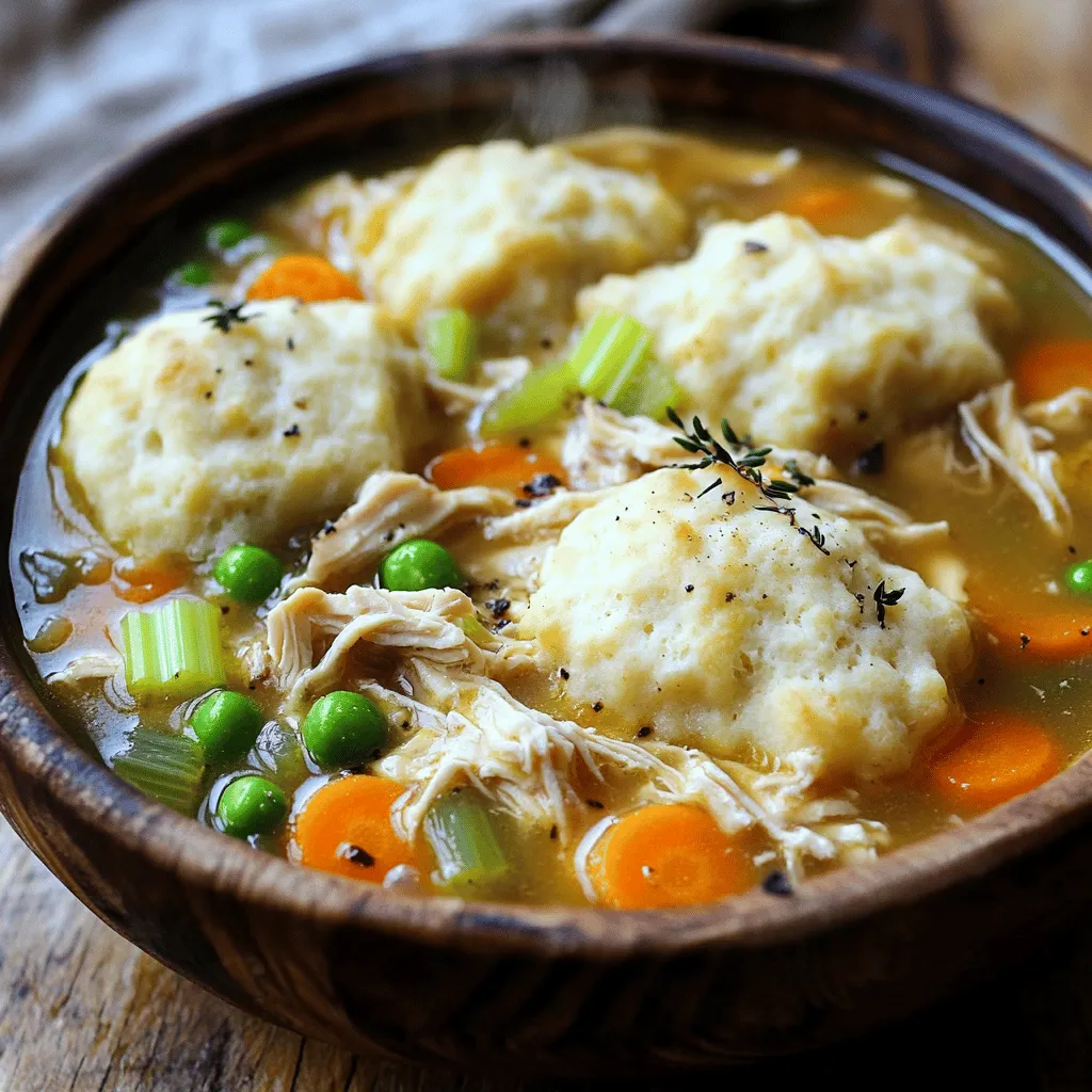 - 2 lbs boneless, skinless chicken thighs - 4 cups chicken broth - 1 cup carrots, sliced - 1 cup celery, diced - 1 onion, diced - 2 cloves garlic, minced For this dish, the chicken thighs are the star. They stay juicy and tender as they cook. The chicken broth adds deep flavor. Carrots, celery, onion, and garlic make the base bright and fresh. - 1 teaspoon dried thyme - 1 teaspoon dried parsley - Salt and pepper to taste Seasoning is key for taste. Thyme brings a nice earthiness. Parsley adds a touch of freshness. A little salt and pepper enhance all the flavors. - 1 cup frozen peas - 1 can (16 oz) refrigerated biscuit dough - 2 tablespoons cornstarch mixed with 2 tablespoons water (optional) Frozen peas add color and sweetness. The biscuit dough forms fluffy dumplings. If you want a thicker stew, cornstarch mixed with water works well. - Prepare the chicken and season Start by placing 2 lbs of boneless, skinless chicken thighs in the slow cooker. Sprinkle salt, pepper, 1 teaspoon of dried thyme, and 1 teaspoon of dried parsley over the chicken. This seasoning gives the dish a great flavor. - Add vegetables to the slow cooker Next, chop 1 cup of carrots, 1 cup of celery, and 1 onion. Dice 2 cloves of garlic. Layer these vegetables over the chicken in the slow cooker. They add color and nutrients to your meal. - Pour the broth and cook settings Carefully add 4 cups of chicken broth into the slow cooker. Make sure the chicken and veggies are fully submerged. Cover and set your slow cooker to low for 6-8 hours or high for 3-4 hours. This slow cooking makes the chicken tender and juicy. - Shred the chicken and return it to the slow cooker Once the chicken is cooked, remove it from the slow cooker. Use two forks to shred the chicken into bite-sized pieces. Return the shredded chicken to the pot. This step helps the chicken absorb all the tasty broth. - Cut the biscuit dough While the chicken heats, take a can of refrigerated biscuit dough and cut it into quarters. This will make fluffy dumplings that soak up the broth. - Add dumplings and final cooking time Gently drop the biscuit pieces on top of the soup mixture in the slow cooker. Cover and cook on high for an extra 30-40 minutes. This allows the dumplings to rise and cook through. If you prefer a thicker soup, mix 2 tablespoons of cornstarch with 2 tablespoons of water, stir it in, and cook for another 10 minutes. Enjoy the warm, comforting dish! Choosing the right cut of chicken is key. I prefer boneless, skinless chicken thighs. They stay moist and tender during cooking. Chicken breasts can dry out, so avoid them if you can. Seasoning is crucial for flavor. I use salt, pepper, thyme, and parsley. These herbs bring depth to the dish. Don't be shy; taste as you go! Adjust the seasoning to your liking. To avoid dense dumplings, handle the dough gently. Cut the biscuit dough into quarters, but don’t overwork it. This keeps them light and fluffy. Cooking time matters for fluffiness. After adding the dumplings, cook on high for 30-40 minutes. Check them to ensure they are cooked through and soft. Adding fresh herbs can elevate your dish. I love tossing in some chopped parsley or rosemary at the end. Fresh herbs brighten up the flavors. Incorporating vegetables or spices can add depth. Consider adding peas, corn, or even a dash of cayenne for heat. Mix it up to find your favorite combination! {{image_2}} You can easily change the chicken in this dish. If you prefer, use chicken breast instead of thighs. Chicken breast cooks faster but can be a bit dry. Thighs offer rich flavor and stay juicy. You can also mix up the veggies. Try adding green beans, corn, or even mushrooms. These options add color and texture. You can customize the dish to fit your taste. If you want a quicker meal, use the stovetop. Just simmer everything in a big pot. Cook the chicken for about 30 minutes. Then add the dumplings for another 15 minutes. This method cuts down on cook time. Another option is the Instant Pot. This tool saves time and keeps the chicken tender. Set it to high pressure for 10 minutes. The dumplings can cook in just a few minutes after that. For gluten-free options, check the biscuit dough. Many brands offer gluten-free versions. This swap keeps the dish safe for those with dietary needs. You can also reduce sodium. Look for low-sodium chicken broth. This simple change helps maintain flavor while cutting salt. Balance is key in any dish! To keep your chicken and dumplings fresh, place any leftovers in an airtight container. Make sure to let it cool first. Store it in the fridge for up to three days. If you want longer storage, you can freeze it. For freezing, use a freezer-safe container or bag. It can last up to three months in the freezer. Just remember to label the container with the date. The best way to reheat chicken and dumplings is on the stove. Pour the leftovers into a pot over medium heat. Stir often until it warms through. You can also use a microwave. Place it in a microwave-safe bowl and cover it. Heat in short bursts, stirring in between. This helps prevent uneven heating. Add a splash of broth if it seems dry to keep the flavor and texture. In the fridge, chicken and dumplings last about three days. If it smells off or has a strange color, it’s best to throw it away. Signs of spoilage also include a slimy texture or mold. Always trust your senses; if it seems off, don't eat it. Yes, you can use chicken breast instead. Chicken breast cooks faster and stays tender. You can also try other meats like turkey for a twist. Just make sure to adjust cooking times. For a vegetarian option, use mushrooms or jackfruit. These will give a hearty feel without meat. You can thicken your dish by using cornstarch. Mix 2 tablespoons of cornstarch with 2 tablespoons of water. Stir this mixture into your slow cooker about ten minutes before serving. You can also let it cook longer with the lid off to reduce the liquid. Another way is to mash some of the cooked dumplings into the broth. Absolutely! This dish is very flexible. You can add green beans, peas, or corn for more color and taste. Spinach or kale can also work for added greens. Just remember to chop them small so they cook evenly. Add them in the last hour of cooking for best results. This blog post covered making slow cooker chicken and dumplings from scratch. We discussed the key ingredients, the cooking process, and helpful tips for success. Remember, choosing the right chicken cut and seasoning well makes a big difference. You can always swap ingredients or adjust methods to fit your needs. Enjoy your meal, and don’t forget to store leftovers properly. With these steps, you’ll create a warm, hearty dish everyone will love!