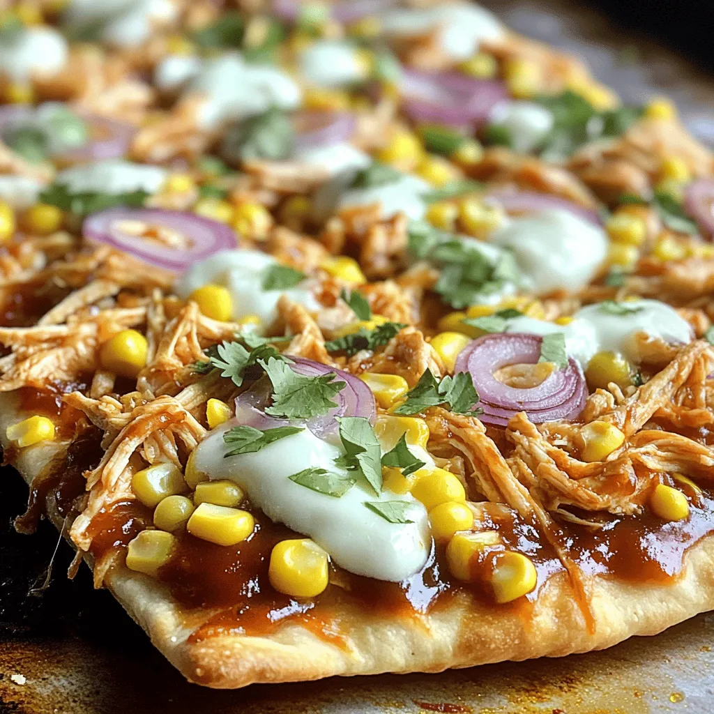 To make BBQ chicken flatbread pizza, gather these ingredients: - 2 large flatbreads or naan bread - 1 cup cooked chicken, shredded - 1/2 cup BBQ sauce (your favorite brand) - 1 cup shredded mozzarella cheese - 1/2 red onion, thinly sliced - 1/2 cup corn kernels (fresh or frozen) - 1/4 cup fresh cilantro, chopped - Salt and pepper to taste - Olive oil for drizzling These ingredients create a tasty and simple pizza. The flatbreads serve as a perfect base. You can add more flavors to your pizza with these options: - Jalapeños for heat - Pineapple for sweetness - Bell peppers for crunch - Goat cheese for creaminess Feel free to mix and match these extras. They can make your pizza unique and fun. Choosing the right BBQ sauce can make a big difference. Here are some brands I recommend: - Sweet Baby Ray's for a sweet taste - Stubbs for a more smoky flavor - Kraft for classic BBQ flavor Each brand adds its own twist to the pizza. Try different ones to find your favorite! To make BBQ chicken flatbread pizza, start by gathering all your ingredients. You need two large flatbreads, shredded cooked chicken, BBQ sauce, mozzarella cheese, red onion, corn, cilantro, salt, pepper, and olive oil. First, preheat your oven to 425°F (220°C). This step ensures your pizza cooks evenly. Mix the shredded chicken with BBQ sauce in a bowl. Make sure the chicken is well coated. Next, place your flatbreads on a baking sheet lined with parchment paper. Drizzle a bit of olive oil on top. This helps keep the flatbread crispy. Spread the BBQ chicken mix evenly over each flatbread. Leave a small border around the edges for crust. Now, sprinkle the shredded mozzarella on top. Follow with the sliced red onion and corn. Season with salt and pepper to taste. Bake your pizzas in the preheated oven for about 10-12 minutes. Keep an eye on them. You want the cheese to melt and bubble, and the edges to turn golden brown. Once done, take them out and let them cool for a minute. Before slicing your pizza, sprinkle fresh cilantro over the top. This adds a nice touch of flavor and color. Cut the flatbread into pieces and serve warm. Enjoy your tasty BBQ chicken flatbread pizza! To make great BBQ chicken, use cooked chicken. Shredded rotisserie chicken works well. It saves time and adds flavor. Always mix the chicken with BBQ sauce. This helps the chicken stay moist. Make sure every piece is coated well. If you have time, marinate the chicken in BBQ sauce for a deeper taste. For crispy flatbread, start with a light drizzle of olive oil. This helps the edges crisp up nicely. Preheat your oven to 425°F (220°C) before baking. The heat is key. Bake the flatbreads for about 10-12 minutes. Keep an eye on them. You want the cheese melted and the edges golden brown. If you like extra crunch, you can toast the flatbreads lightly before adding toppings. BBQ chicken flatbread pizza pairs well with many sides. A fresh salad adds a nice crunch. Try a simple green salad with a light vinaigrette. You could also serve it with coleslaw for a classic BBQ touch. For drinks, iced tea or lemonade works great. These options balance the rich flavors of the pizza. Enjoy your meal with friends or family! {{image_2}} You can make a tasty vegetarian BBQ flatbread pizza. Replace the chicken with more veggies. Use bell peppers, mushrooms, or zucchini. Add black beans for protein. Mix these with your BBQ sauce. This makes a colorful and yummy pizza. Feel free to get creative with toppings. You can add sliced jalapeños for heat. Pineapple brings a sweet touch. Try feta cheese for a salty kick. Spinach adds a fresh taste. Mix and match until you find your favorite combo. While BBQ sauce shines in this recipe, you can switch it up. Use ranch dressing for a creamy base. A spicy buffalo sauce adds a kick. Pesto gives a fresh herb flavor. Each sauce changes the whole pizza experience. Try different ones to find your perfect flavor. To keep your leftover BBQ chicken flatbread pizza fresh, wrap it tightly in plastic wrap. You can also use aluminum foil or place it in an airtight container. Store it in the fridge for up to three days. This way, you can enjoy it later without losing flavor. For the best taste, reheat your pizza in the oven. Preheat the oven to 350°F (175°C). Place the pizza on a baking sheet and heat for about 10 minutes. This method keeps the flatbread crispy. You can also use a skillet. Heat it on medium for 5 minutes. Cover it to melt the cheese evenly. Avoid using the microwave, as it can make the flatbread soggy. If you want to save pizza for later, freezing works great. First, let the pizza cool completely. Wrap each piece in plastic wrap, then in aluminum foil. This will prevent freezer burn. Store it in the freezer for up to three months. When ready to eat, thaw it in the fridge overnight. Then, reheat it in the oven as mentioned above for the best taste. Yes, you can use store-bought BBQ sauce. It saves time and is tasty. Look for a sauce that you enjoy. You can find many flavors, like sweet or spicy. Choose one that fits your taste. Making your own BBQ sauce is simple and fun. Here’s a quick recipe: - 1 cup ketchup - 1/4 cup apple cider vinegar - 1/4 cup brown sugar - 1 tablespoon Worcestershire sauce - 1 teaspoon smoked paprika - Salt and pepper to taste Mix everything in a bowl. Adjust the flavors as needed. This sauce adds a personal touch to your pizza. You can use many proteins for this flatbread pizza. Some great options are: - Cooked beef - Grilled shrimp - Shredded pork - Tofu for a vegetarian choice Each protein gives a different flavor. Choose what you like best! This blog post covered everything you need for BBQ chicken flatbread pizza. You learned about ingredients, preparation steps, and cooking tips. We explored exciting variations and how to store leftovers properly. In my opinion, this dish is fun and versatile. Try new flavors and toppings to make it your own. Use these tips to impress your friends and family. Enjoy your tasty creation!