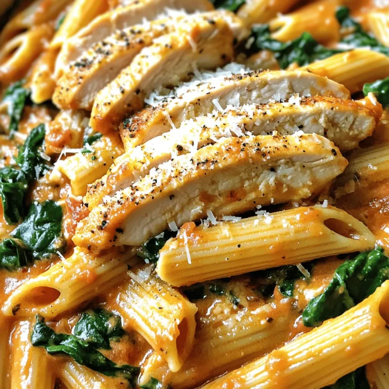 - 2 boneless, skinless chicken breasts - 8 oz penne pasta - 2 tablespoons olive oil - 3 cloves garlic, minced - 1 can crushed tomatoes (14 oz) - 1 cup heavy cream - 1/2 cup grated Parmesan cheese - 2 cups fresh spinach - 1/4 cup fresh basil, chopped - Salt and pepper to taste - Red pepper flakes (optional, for heat) These ingredients come together to create a delicious meal. The chicken provides protein, while the penne pasta gives you a hearty base. Olive oil and garlic add rich flavors that make every bite special. The sauce is creamy and smooth. The crushed tomatoes make it tangy, and the heavy cream brings richness. Parmesan cheese adds a salty punch. This mix creates a perfect balance in taste. Fresh spinach and basil brighten the dish. They add color and a fresh taste. Seasoning with salt, pepper, and red pepper flakes gives you control over the heat. You can adjust it to suit your taste. With these simple ingredients, you can make a satisfying meal in no time. They are easy to find and fun to work with. You will love how they transform into a creamy tomato basil chicken pasta feast. 1. Fill a large pot with water and add salt. 2. Bring the water to a rolling boil. 3. Add the penne pasta to the boiling water. 4. Cook according to the package instructions until al dente. 5. Drain the pasta and set it aside. 1. Season both chicken breasts with salt and pepper. 2. Heat two tablespoons of olive oil in a large skillet over medium heat. 3. Place the chicken in the skillet and cook for 6-7 minutes on each side. 4. Ensure the chicken is golden brown and cooked through. 5. Remove the chicken from the skillet and let it rest before slicing. 1. In the same skillet, add three minced garlic cloves. 2. Sauté the garlic for about one minute until it smells nice. 3. Pour in one can of crushed tomatoes and bring it to a simmer. 4. Let it cook for about five minutes to blend the flavors. 5. Lower the heat and stir in one cup of heavy cream and half a cup of grated Parmesan cheese. 6. Allow the sauce to simmer for another five minutes until creamy and smooth. 1. Add two cups of fresh spinach and a quarter cup of chopped basil to the sauce. 2. Stir until the spinach wilts down. 3. Season the sauce with salt, pepper, and red pepper flakes if you want some heat. 4. Toss the cooked penne pasta and sliced chicken in the creamy sauce. 5. Cook everything together for an additional 2-3 minutes to heat through. To make a great sauce, you need to adjust the seasoning. Taste your sauce as you cook. Adding salt and pepper can enhance the flavor. If you want a little heat, sprinkle in some red pepper flakes. This adds a nice kick! Heat levels matter too. When you add cream, lower the heat. This prevents the cream from curdling. A gentle simmer helps blend all the flavors well. Let it bubble softly for a creamy texture. To keep your chicken juicy, watch the cooking time. Cook the chicken for about 6-7 minutes on each side. Use a meat thermometer if you can. Chicken should reach 165°F (75°C) to be safe. Let the chicken rest after cooking. This helps the juices stay inside. Then slice it just before adding it to the pasta. This way, your chicken stays moist and tasty. Don’t be afraid to try different pasta types! Penne is great, but you can use fusilli or rigatoni. Each shape holds the sauce differently. If you need gluten-free options, try rice pasta or chickpea pasta. They work well in this dish. Just follow package instructions for cooking times. Enjoy your meal without worry! {{image_2}} You can swap chicken for turkey or shrimp. Both proteins work well in this dish. For a lighter touch, use turkey. It’s lean and still very tasty. Shrimp cooks fast and adds a nice texture. If you want to replace heavy cream, try using Greek yogurt. It gives creaminess with less fat. Coconut milk is another option. It adds a unique flavor while keeping it rich. To boost flavor, add mushrooms or bell peppers. Sauté mushrooms until golden for an earthy taste. Bell peppers add sweetness and color to your dish. You can also experiment with different herbs. Try thyme or oregano for a new twist. Fresh parsley or chives can brighten up the sauce too. For a vegetarian option, skip the chicken and add more veggies. Use mushrooms, zucchini, or even chickpeas for protein. This keeps the dish hearty and filling. If you want a low-carb version, swap the pasta for zucchini noodles. They soak up the sauce nicely and reduce carbs. Cauliflower rice is another great choice for a light meal. To keep your creamy tomato basil chicken pasta fresh, follow these steps: - Refrigeration: Place leftovers in an airtight container. This helps prevent air exposure and keeps flavors intact. - Duration: You can safely eat the leftovers for up to 3 days. After that, freshness may decline. When reheating, you want to keep the pasta tasty and not soggy. Here’s how: - Microwave Method: Heat in short bursts. Stir after each burst to ensure even heating. - Stovetop Method: Add a splash of water or cream in a pan. Heat over low heat, stirring often. This keeps the sauce creamy. If you want to store pasta longer, freezing is a great option. Here’s how to do it: - Packing: Use a freezer-safe container. Make sure to leave space for expansion as it freezes. - Thawing: For best results, thaw overnight in the fridge. If you’re short on time, use the microwave on the defrost setting. Feel free to keep this creamy delight for those busy nights! Yes, you can use frozen chicken. Just remember to thaw it first. The best way is to place the chicken in the fridge overnight. If you're short on time, you can put it in a sealed bag and submerge it in cold water for about an hour. Cooking frozen chicken takes longer. Make sure it reaches 165°F (74°C) inside for safety. To make this dish dairy-free, swap the heavy cream with coconut cream or cashew cream. For cheese, you can use nutritional yeast for a cheesy flavor. It gives a nice taste without using dairy. Always check your labels for dairy-free options. These swaps keep the dish creamy and delicious. Yes, this recipe works well for meal prep. You can store it in airtight containers. Keep it in the fridge for up to 4 days. For reheating, use a microwave or skillet. Add a splash of water to keep it moist. You can also freeze it for up to 3 months. Just thaw it overnight in the fridge before reheating. This blog covered a flavorful dish made with chicken, penne pasta, and a creamy sauce. You learned how to cook pasta, prepare chicken, and make a delicious sauce that brings everything together. We included tips for perfecting your dish, swapping ingredients, and storing leftovers effectively. Explore these steps and variations to find your favorite version. Cooking can be fun and rewarding, so dive in and enjoy your tasty creations!