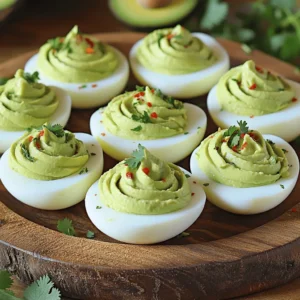 - 6 large eggs - 1 ripe avocado - 2 tablespoons Greek yogurt (or sour cream) - 1 tablespoon Dijon mustard - 1 tablespoon lime juice - 1/2 teaspoon garlic powder - Salt and pepper, to taste - 1 tablespoon fresh cilantro, finely chopped (optional) - Red pepper flakes, for garnish (optional) Avocado deviled eggs are healthy and tasty. Here’s what you need. Start with six large eggs. The eggs give a rich base for our dish. Next, grab one ripe avocado. A good avocado is soft but not mushy. It adds creaminess to the filling. You’ll also need two tablespoons of Greek yogurt or sour cream. This adds tang and moisture. One tablespoon of Dijon mustard brings a nice kick. Don’t skip the lime juice; one tablespoon brightens the flavors. For seasoning, use half a teaspoon of garlic powder. Add salt and pepper to taste. If you like fresh herbs, chop one tablespoon of cilantro. It adds freshness. Finally, red pepper flakes can be used as a garnish. They give a pop of color and a little heat. These ingredients work together to make a delightful snack. Enjoy preparing your avocado deviled eggs! To start, you need to hard boil the eggs. Place the six large eggs in a pot. Cover them with cold water. Heat the pot over medium-high heat until it boils. Once it boils, cover the pot and take it off the heat. Let the eggs sit for 12 to 14 minutes. Next, you will transfer the eggs to an ice bath. This means placing them in a bowl filled with ice and cold water for at least five minutes. This cools the eggs quickly and makes peeling easier. After the eggs cool, peel them. Slice each egg in half lengthwise. Carefully remove the yolks and place them in a bowl. In the same bowl, add the ripe avocado, Greek yogurt, Dijon mustard, lime juice, and garlic powder. Season with salt and pepper. Use a fork to mash and mix everything together. Keep mashing until the mixture is smooth. Taste it, and adjust the seasoning if needed. Now, it’s time to fill the egg whites. You can spoon the avocado mixture into each egg white half. For a fun touch, you could also use a piping bag for a fancier look. Finally, garnish your avocado deviled eggs. Sprinkle red pepper flakes on top for some heat. If you like, add finely chopped cilantro for a fresh touch. Enjoy your tasty and healthy snack! To make great avocado deviled eggs, start with boiling the eggs just right. Here are some tips: - Boiling eggs: Place the eggs in a pot and cover them with cold water. Bring the water to a boil over medium-high heat. Once it boils, cover the pot and take it off the heat. Let the eggs sit for 12 to 14 minutes. This method cooks them perfectly without a green ring. - Ice bath: After cooking, put the eggs in an ice bath for at least 5 minutes. This cools them down quickly and makes it easier to peel the shells. Next, let’s talk about choosing the right avocado. Look for a ripe avocado that feels slightly soft when you press it. A ripe avocado will mash well and give a creamy texture to the filling. Now, let's get creative with flavors! Here are some tasty suggestions: - Seasonings: You can add other spices to the filling. Try smoked paprika for a smoky taste or cayenne pepper for some heat. Fresh herbs like dill or chives can also add a fresh burst of flavor. - Dairy-free options: If you want a dairy-free version, use mashed avocado alone or mix in a bit of tahini or silken tofu. This keeps the filling creamy without any dairy. Feel free to mix and match flavors to make your avocado deviled eggs your own! {{image_2}} You can change up your avocado deviled eggs with different herbs or spices. Try adding dill for a fresh taste, or smoked paprika for a deeper flavor. You can also use fresh basil or chives to bring a new twist to the dish. These small changes can make a big difference! If you want a creamier texture, consider using alternatives to Greek yogurt. Sour cream works well and gives a nice tang. You can also use dairy-free options like cashew cream or silken tofu for a smooth consistency. These swaps make the recipe more flexible for different diets. For a kick, try making spicy avocado deviled eggs. Add a few dashes of hot sauce or mix in diced jalapeños. This will give your eggs a nice heat that adds excitement to each bite. Mediterranean-style deviled eggs are another fun option. Mix in chopped sun-dried tomatoes and crumbled feta cheese. You can add a sprinkle of oregano for that classic Mediterranean flavor. This combination will transport your taste buds straight to the Mediterranean coast! To keep your avocado deviled eggs fresh, store them in the fridge. Place the eggs in an airtight container. This will help prevent drying out and keep them tasty. They will last for about 2 to 3 days. After that, the texture may change, and they might not taste as good. If you see any browning on the avocado, it’s best to toss them. If you want to save time, make the filling ahead of time. You can mix the avocado and egg yolks a day before serving. Just remember to store it in an airtight container. To keep it fresh, press plastic wrap directly onto the surface of the filling. This helps reduce air exposure. When ready to serve, fill the egg whites and garnish them. You can also boil the eggs a day early and store them in the fridge. This way, you can assemble your tasty snack quickly! Can I make avocado deviled eggs ahead of time? Yes, you can make these eggs ahead. Prepare them, but wait to add the garnish until serving. This keeps them fresh and tasty. Store the eggs in an airtight container in the fridge. They will be good for about two days. How do I prevent the avocado from browning? To stop avocado from browning, add lime juice to the mix. The acid in lime juice slows down oxidation. You can also cover the eggs tightly with plastic wrap. Make sure the wrap touches the filling to block air. Are avocado deviled eggs healthier than traditional deviled eggs? Yes, they are a healthier choice. Avocados add healthy fats and fiber. They also have fewer calories than mayonnaise, which is common in traditional recipes. This makes avocado deviled eggs a smart snack. What are the calorie counts per serving? Each half of an avocado deviled egg has about 60 calories. This can change based on your ingredients. Using Greek yogurt instead of mayo keeps it light and nutritious. What to serve with avocado deviled eggs? These eggs pair well with fresh veggies like carrot sticks or cucumber slices. You can also serve them with whole-grain crackers. They are great for brunch or as a light snack. Best occasions for serving this dish Avocado deviled eggs shine at parties and picnics. They are perfect for holidays or game days. Their bright color and unique taste make them a hit anywhere! In this article, you learned how to make tasty avocado deviled eggs. We covered the ingredients, step-by-step instructions, and helpful tips. You can customize the flavor and explore variations to suit your taste. Now that you have the recipe, don’t be afraid to experiment. Enjoy making these healthy treats for your next gathering. They are a great way to impress friends and family with your kitchen skills!