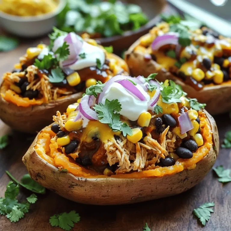 - 4 medium sweet potatoes - 2 cups cooked chicken, shredded - 1 cup BBQ sauce (your choice) - 1 cup black beans, rinsed and drained - 1 cup corn (fresh or frozen) - 1/2 red onion, finely chopped - 1 teaspoon cumin - 1/2 teaspoon garlic powder - 1 cup shredded cheddar cheese - Chopped fresh cilantro for garnish - Sour cream for serving (optional) - Oven - Baking tray - Mixing bowl - Fork Sweet potatoes bring a sweet flavor to your meal. Shredded chicken adds protein and heartiness. BBQ sauce gives a smoky kick. Black beans and corn add texture and color. For optional ingredients, red onion gives a nice crunch. Cumin and garlic powder add depth to the filling. Cheddar cheese melts deliciously on top. Fresh cilantro brightens the dish. Sour cream adds creaminess, but it's not a must. You need some basic gear to make this meal. An oven cooks the sweet potatoes perfectly. A baking tray holds them while they bake. A mixing bowl helps combine all your filling ingredients. A fork is handy for piercing the sweet potatoes before baking. Gather these items, and you are ready to create a tasty BBQ chicken stuffed sweet potato! 1. Preheating the oven Start by preheating your oven to 400°F (200°C). This heat will cook the sweet potatoes just right. 2. Scrubbing and piercing the sweet potatoes Take the medium sweet potatoes and scrub them well under running water. Pierce each sweet potato several times with a fork. This helps steam escape while they bake. 3. Baking time and checking doneness Place the sweet potatoes on a baking tray lined with parchment paper. Bake them for about 45-50 minutes. To check doneness, poke them with a fork; they should feel soft. 1. Combining shredded chicken and BBQ sauce While the sweet potatoes bake, grab a mixing bowl. Combine 2 cups of shredded chicken with 1 cup of your favorite BBQ sauce. 2. Adding black beans, corn, and spices Next, add 1 cup of rinsed black beans and 1 cup of corn. Mix in 1/2 finely chopped red onion, 1 teaspoon of cumin, and 1/2 teaspoon of garlic powder. 3. Mixing and seasoning the filling Stir everything well, and season with salt and pepper to taste. This filling will be packed with flavor. 1. Cutting and scooping out the sweet potatoes After baking, let the sweet potatoes cool for a few minutes. Cut them open lengthwise and carefully scoop out some flesh. Be gentle to keep the skins intact. 2. Filling with BBQ chicken mixture Generously fill each sweet potato with the BBQ chicken mixture. Press it down a bit to fit it all in. 3. Melting cheese and final bake Top each stuffed sweet potato with 1 cup of shredded cheddar cheese. Return them to the oven and bake for another 10-15 minutes, until the cheese is melted and bubbly. Now you’re ready to enjoy a hearty meal! To bake sweet potatoes perfectly, choose medium-sized ones. Wash them well and pierce each one with a fork. This helps steam escape. Bake them at 400°F (200°C) for 45-50 minutes. They should feel soft when you poke them with a fork. For an extra tasty BBQ chicken filling, mix your shredded chicken with your favorite BBQ sauce. Add black beans and corn for texture. Red onion, cumin, and garlic powder boost the flavor. Make sure to season with salt and pepper. This blend creates a rich, smoky taste. Garnish your stuffed sweet potatoes with chopped fresh cilantro. It adds color and flavor. You can also drizzle some sour cream on top if you like. For side dishes, pair them with a simple green salad or coleslaw. These sides add crunch and balance. For a low-calorie option, use less cheese or skip it entirely. You can also swap sweet potatoes for a lighter veggie like zucchini or bell peppers. If you need gluten-free options, check your BBQ sauce. Many sauces are gluten-free. For proteins, try shredded turkey or plant-based meat. This keeps your meal healthy and tasty. {{image_2}} You can switch up the meat in this dish. Pulled pork works great instead of chicken. The tender pork mixes well with the sweet potatoes. You can also use ground beef if you want something heartier. For a vegetarian twist, try plant-based proteins. Use lentils or chickpeas instead of chicken. They soak up the flavors and add protein, too. Don't be afraid to play with BBQ sauce. Try different flavors like sweet, spicy, or smoky. Each sauce brings a new taste to the dish. You can also add more veggies. Try bell peppers, zucchini, or even spinach for extra nutrients. Mixing in these veggies adds color and crunch. Toppings can make this meal even better. If you're not a fan of cheddar, swap it out for mozzarella or feta cheese. They melt nicely and add a different taste. Also, think about adding garnishes. Chopped green onions or creamy avocado can really enhance your meal. They add freshness and a nice look to your plate. To store stuffed sweet potatoes in the fridge, let them cool first. Place them in an airtight container. They stay fresh for up to four days. You can enjoy them warm or cold. To freeze stuffed sweet potatoes, wrap each one in plastic wrap. Then, place them in a freezer bag. They last for up to three months. When ready to eat, thaw them in the fridge overnight. For the best taste and texture, reheat them in the oven. Preheat to 350°F (175°C) and heat for about 20 minutes. You can also use the microwave. Just heat for two to three minutes. The oven gives a crispier skin, while the microwave is quicker. Choose what works best for you! Can I make BBQ chicken stuffed sweet potatoes ahead of time? Yes, you can prepare these ahead of time. Bake the sweet potatoes, cool, and stuff them. Cover and store in the fridge for up to two days. When ready, just reheat in the oven until warm. What types of BBQ sauce work best? You can use any BBQ sauce you like. Sweet, smoky, or tangy sauces work well. If you want a kick, try spicy BBQ sauce. Choose a sauce that matches your taste. Are there vegan-friendly substitutes for this recipe? Yes! You can use jackfruit or chickpeas instead of chicken. Make sure to use vegan BBQ sauce. Replace cheese with a dairy-free option if desired. This way, you can enjoy the dish without meat or dairy. Calories and macros for one serving Each serving (one stuffed sweet potato) has about 450 calories. It includes 20g of protein, 60g of carbs, and 10g of fat. Adjust these numbers based on your sauce and toppings. Health benefits of sweet potatoes and BBQ chicken Sweet potatoes are high in fiber and vitamins A and C. They support healthy digestion and boost your immune system. BBQ chicken adds lean protein to your meal. This combination makes a healthy, satisfying dish. How many sweet potatoes per person? Generally, one medium sweet potato per person is a good portion. If your guests are big eaters, consider two each. Adjusting the recipe for larger gatherings To serve more people, just double or triple the recipe. Bake more sweet potatoes and increase the filling amounts. This dish scales well, so you can easily serve a crowd. This blog post covered how to make BBQ chicken stuffed sweet potatoes. We discussed the key ingredients, essential cooking gear, and detailed steps for preparation. You learned tips for flavor and healthier options, plus ways to store and reheat leftovers. In summary, these stuffed sweet potatoes are tasty, easy to customize, and perfect for sharing. Enjoy experimenting with different flavors and ingredients. Happy cooking!