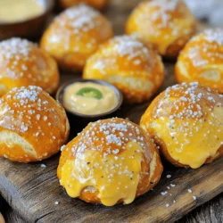 When making Cheddar Jalapeño Pretzel Bites, you need fresh and simple ingredients. Here’s what to gather: - 1 cup warm water (110°F/45°C) - 2 tablespoons granulated sugar - 2 1/4 teaspoons active dry yeast (1 packet) - 4 cups all-purpose flour - 1 teaspoon kosher salt - 3/4 cup shredded sharp cheddar cheese - 1-2 jalapeños, finely chopped (adjust based on spice preference) - 1/4 cup baking soda - 1 egg, beaten (for egg wash) - Coarse sea salt (for topping) These ingredients create a balance of flavors. The warm water helps activate the yeast, giving a nice rise. The sugar feeds the yeast, ensuring a fluffy texture. Flour adds structure, while salt enhances flavor. Sharp cheddar cheese and jalapeños bring richness and heat. Feel free to adjust the number of jalapeños based on your spice preference. If you like it hot, use two. For a milder version, stick with one. Enjoy collecting these ingredients, as they set the stage for a delicious snack! 1. In a large bowl, mix warm water, sugar, and yeast. Let it sit for 5 minutes. It should get frothy. 2. Add flour and kosher salt to the yeast mix. Stir until a rough dough forms. 3. Knead the dough on a floured surface for 5 to 7 minutes until smooth. 4. Mix in the shredded cheddar cheese and chopped jalapeños. Make sure they are well spread throughout the dough. 1. Place the dough in a greased bowl. Cover with a towel and let it rise for 1 hour. It should double in size. 2. Preheat your oven to 425°F (220°C). Line a baking sheet with parchment paper. 3. In a large pot, boil about 10 cups of water. Add the baking soda. 4. Once the dough has risen, punch it down. Divide it into small pieces, about 1-2 inches each. Roll each piece into a ball. 5. Carefully add the pretzel balls to the boiling water in batches, about 5 at a time. Boil for 30 seconds. Remove them with a slotted spoon. Place them on the baking sheet. 6. Brush each pretzel bite with the beaten egg. Sprinkle coarse sea salt on top. 7. Bake in the preheated oven for 12 to 15 minutes. They should be golden brown. 8. Let them cool slightly before you serve. Enjoy them warm with your favorite dip! To make the best Cheddar Jalapeño Pretzel Bites, start with the right water temperature. Use warm water at about 110°F (45°C). This temperature helps activate the yeast. Make sure it’s not too hot; otherwise, it can kill the yeast. Knead the dough well for 5-7 minutes. This step builds a strong texture. A smooth dough will help your bites rise and become fluffy. Want to mix it up? You can try different cheeses! Pepper jack adds a nice kick. Monterey Jack gives a milder taste. Adjust the jalapeño amount based on your spice level. If you love heat, add more jalapeños. If you prefer a milder flavor, use just one. These simple tweaks can make a big difference in taste. {{image_2}} If you want to mix things up, try using different cheeses. Pepper jack cheese adds a spicy kick. Monterey Jack offers a milder flavor and a creamy texture. Both cheeses melt well. You can even blend them for a unique taste. The cheese you choose can change the whole vibe of your snack. Experiment and find your favorite combo! You can also take these pretzel bites in a new direction. Add herbs like rosemary or thyme for a fresh twist. Spices like garlic powder or smoked paprika can enhance the flavor. For a sweet version, try adding cinnamon and sugar. Shape the dough into small bites and roll them in the sweet mix before baking. This will give you a fun, sweet snack! Keep your leftover pretzel bites in an airtight container. This helps keep them fresh and soft. You can store them at room temperature for up to two days. If you want them to last longer, place them in the fridge. They will stay good for up to a week. The best way to reheat pretzel bites is in the oven. Preheat your oven to 350°F (175°C). Place the pretzel bites on a baking sheet. Cover them with aluminum foil to keep them soft. Heat for about 5-10 minutes. You want them warm but not dry. Another option is to use the microwave. Place a damp paper towel over the bites. Heat them for about 15-20 seconds. This keeps them soft but may not give them the same crunch as the oven. Enjoy your pretzel bites warm! Yes, but it may alter consistency. Whole wheat flour can make the dough denser and chewier. For a lighter bite, you may want to mix it with all-purpose flour. Substitute cheese and egg wash with plant-based options. Use vegan cheese that melts well. Instead of an egg wash, use a mixture of plant milk and a bit of oil. Check local grocery stores and online retailers. Many stores have frozen or fresh options. Look in the snack aisle or the deli section. Suggestions for sauces that complement the flavor include cheese sauce, spicy mustard, or ranch dressing. You can also try a creamy avocado dip for a fresh twist. In this post, we explored the key ingredients and steps to make delicious cheddar jalapeño pretzel bites. You learned how to prepare the dough, boil, and bake for that perfect texture. Remember to adjust spices for your taste and try out different cheeses. With a few simple twists, these bites can be a fun treat for any occasion. Enjoy making them with your own unique flavors, and don’t forget to store leftovers properly. Happy baking!