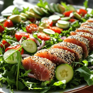 You need two fresh ahi tuna steaks, about 6 ounces each. They bring rich flavor and protein to the salad. Look for bright color and firm texture when choosing your tuna. The sesame seeds add crunch and flavor. Use 1/4 cup of white sesame seeds and 1/4 cup of black sesame seeds. The mix creates a lovely look and taste on the tuna. For the salad, gather 4 cups of mixed greens. I like arugula, spinach, and romaine for a fresh base. Add 1 cup of halved cherry tomatoes for sweetness. Slice 1/2 cucumber thinly for a crisp bite. Include 1/4 red onion, also thinly sliced, for a bit of sharpness. Finally, add 1 avocado, sliced, for creaminess. The dressing ties everything together. You’ll need 2 tablespoons of soy sauce for saltiness. Add 1 tablespoon of rice vinegar for tang. Use 1 tablespoon of sesame oil for depth. Mix in 1 teaspoon of honey for sweetness. Lastly, include 1 teaspoon of grated ginger for a nice kick. To start, I dry the ahi tuna steaks with paper towels. This step helps the sesame seeds stick better. Next, I season both sides of the tuna with salt and pepper. This adds flavor to each bite. In a shallow dish, I mix the white and black sesame seeds. I press each tuna steak into the sesame mixture. I make sure both sides are fully coated. This creates a tasty crust that adds crunch. I heat olive oil in a non-stick skillet over medium-high heat. Once the oil is hot, I add the sesame-crusted tuna steaks. I sear them for about 1-2 minutes on each side for rare. The goal is to have a warm center. After searing, I remove the tuna and let it rest for a few minutes. I take a large bowl and combine the mixed salad greens. I add the cherry tomatoes, cucumber, red onion, and avocado. I toss everything gently. This mix brings freshness and color to the salad. In a small bowl, I whisk together the soy sauce, rice vinegar, sesame oil, honey, and grated ginger. I keep whisking until the ingredients blend well. This dressing adds a sweet and tangy kick to the salad. I slice the seared tuna into thin strips. I arrange the salad mixture on individual plates or a large serving platter. I top it with the sliced tuna. This makes the dish look inviting and vibrant. Finally, I drizzle the dressing over the salad just before serving. This keeps the greens crisp and fresh. To get that perfect sear on your tuna, start with dry steaks. Pat them with paper towels. This helps the sesame seeds stick better. Season both sides with salt and pepper. Heat olive oil in a non-stick skillet. Make sure the oil is hot before adding the tuna. Sear each side for just 1-2 minutes. This keeps the inside rare and tender. If you want it more cooked, leave it on longer. Remember, a quick sear seals in the flavor. Mixing your salad greens can be fun. In a large bowl, add the mixed greens first. Then, toss in the cherry tomatoes, cucumber, red onion, and avocado. Use your hands or salad tongs to mix gently. This ensures every bite is filled with flavor. Avoid squishing the avocado. It should stay in nice slices for texture. If you want, you can add some nuts or seeds for crunch. Presentation makes your salad pop. Serve it on a large platter for a family-style meal. Slice the seared tuna into thin strips. Arrange the slices on top of the salad. Sprinkle extra sesame seeds for a nice finish. Add a lime wedge for a splash of color. This not only looks great but adds a zesty kick when served. A beautiful salad makes everyone excited to eat! {{image_2}} You can switch out ahi tuna for other proteins. Salmon works great and adds a rich flavor. Grilled chicken is another good choice, offering a milder taste. If you want a plant-based option, try marinated tofu. Just remember to press the tofu to remove excess water before cooking. Feel free to change the salad greens. Baby kale adds a nice crunch and flavor. You can also use a mix of spinach and arugula for a peppery kick. If you want something lighter, try using shredded cabbage. Each mix brings its own taste and texture. You can play with the dressing to suit your taste. Add a splash of lime juice for a zesty twist. If you love heat, stir in some chili flakes or sriracha. For a creamier dressing, mix in a little Greek yogurt. Each change will make the salad feel fresh and new. To keep your sesame crusted ahi tuna salad fresh, store it properly. Place leftover salad in an airtight container. This helps prevent wilting and keeps flavors intact. It's best to eat the salad within one day. If you leave it longer, the greens may get soggy. Store the dressing separately to keep it fresh. You can freeze the tuna steaks if you have extra. Wrap each steak tightly in plastic wrap or foil. Then, place wrapped steaks in a freezer-safe bag. This keeps air out and prevents freezer burn. Use frozen tuna within three months for the best taste. When ready to use, thaw in the fridge overnight. For the salad components, store each in separate containers. Keep greens in a damp paper towel inside a bag. This keeps them crisp. Store sliced veggies like cucumber and onion in airtight containers. They stay fresh for two to three days. If you slice the avocado, cover it tightly with lime juice to prevent browning. Yes, you can use frozen tuna, but it is best to thaw it first. Frozen tuna may not have the same taste as fresh. Always check for quality when thawing. To thaw, place it in the fridge overnight. You can also place it in cold water for quicker results. Ahi tuna is low in calories and high in protein. It contains omega-3 fatty acids that are good for your heart. This fish is also rich in vitamins and minerals like B vitamins and selenium. Eating ahi tuna can help support brain function and reduce inflammation. To make this salad gluten-free, use gluten-free soy sauce. Check the labels on other ingredients too. Avoid any dressings that may contain wheat. Most fresh vegetables and the tuna are already gluten-free, making this salad easy to adapt. This salad goes great with simple sides. Consider steamed rice or quinoa for a filling option. Grilled vegetables add color and flavor. A light soup, like miso, can also work well. These sides complement the flavors of the salad nicely. You can store the dressing in the fridge for up to a week. Keep it in a sealed container to maintain freshness. Before using, give it a good shake to mix the ingredients again. If it separates, this is normal; just mix it up before serving. This article explored how to create a tasty sesame-crusted ahi tuna salad. You learned about the key ingredients, including fresh tuna, salad components, and flavorful dressings. I provided clear steps for preparing and cooking the tuna, assembling the salad, and dressing it. Tips and variations helped you customize this dish to your liking. Finally, we covered storage best practices and answered common questions. With these insights, you can enjoy a delightful meal. Now, go ahead and try making this salad yourself!