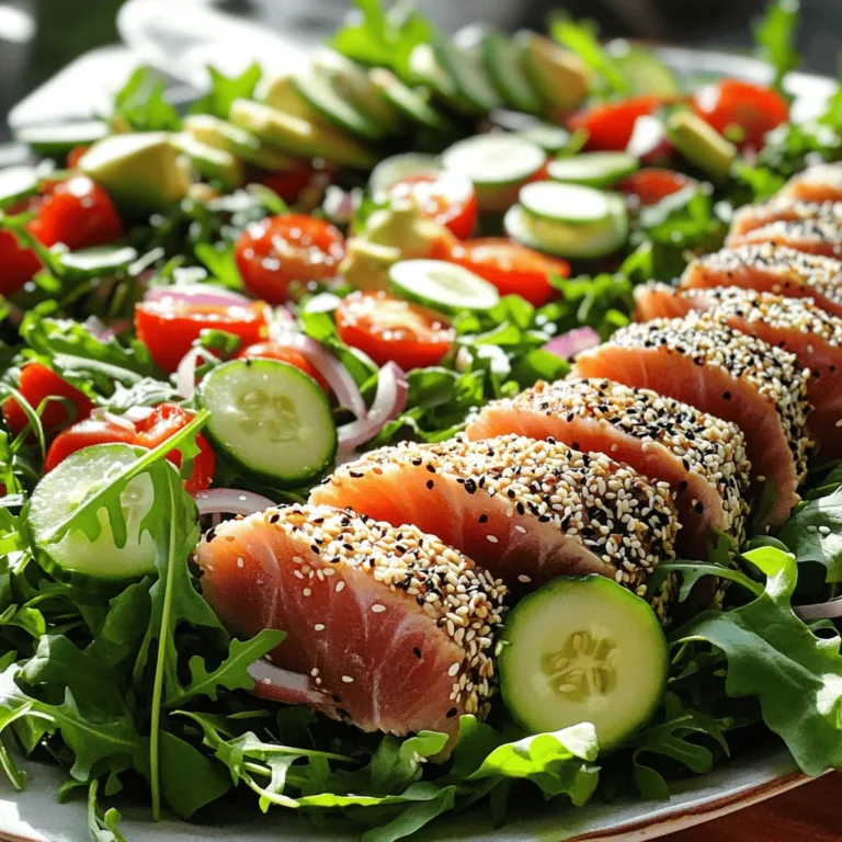 You need two fresh ahi tuna steaks, about 6 ounces each. They bring rich flavor and protein to the salad. Look for bright color and firm texture when choosing your tuna. The sesame seeds add crunch and flavor. Use 1/4 cup of white sesame seeds and 1/4 cup of black sesame seeds. The mix creates a lovely look and taste on the tuna. For the salad, gather 4 cups of mixed greens. I like arugula, spinach, and romaine for a fresh base. Add 1 cup of halved cherry tomatoes for sweetness. Slice 1/2 cucumber thinly for a crisp bite. Include 1/4 red onion, also thinly sliced, for a bit of sharpness. Finally, add 1 avocado, sliced, for creaminess. The dressing ties everything together. You’ll need 2 tablespoons of soy sauce for saltiness. Add 1 tablespoon of rice vinegar for tang. Use 1 tablespoon of sesame oil for depth. Mix in 1 teaspoon of honey for sweetness. Lastly, include 1 teaspoon of grated ginger for a nice kick. To start, I dry the ahi tuna steaks with paper towels. This step helps the sesame seeds stick better. Next, I season both sides of the tuna with salt and pepper. This adds flavor to each bite. In a shallow dish, I mix the white and black sesame seeds. I press each tuna steak into the sesame mixture. I make sure both sides are fully coated. This creates a tasty crust that adds crunch. I heat olive oil in a non-stick skillet over medium-high heat. Once the oil is hot, I add the sesame-crusted tuna steaks. I sear them for about 1-2 minutes on each side for rare. The goal is to have a warm center. After searing, I remove the tuna and let it rest for a few minutes. I take a large bowl and combine the mixed salad greens. I add the cherry tomatoes, cucumber, red onion, and avocado. I toss everything gently. This mix brings freshness and color to the salad. In a small bowl, I whisk together the soy sauce, rice vinegar, sesame oil, honey, and grated ginger. I keep whisking until the ingredients blend well. This dressing adds a sweet and tangy kick to the salad. I slice the seared tuna into thin strips. I arrange the salad mixture on individual plates or a large serving platter. I top it with the sliced tuna. This makes the dish look inviting and vibrant. Finally, I drizzle the dressing over the salad just before serving. This keeps the greens crisp and fresh. To get that perfect sear on your tuna, start with dry steaks. Pat them with paper towels. This helps the sesame seeds stick better. Season both sides with salt and pepper. Heat olive oil in a non-stick skillet. Make sure the oil is hot before adding the tuna. Sear each side for just 1-2 minutes. This keeps the inside rare and tender. If you want it more cooked, leave it on longer. Remember, a quick sear seals in the flavor. Mixing your salad greens can be fun. In a large bowl, add the mixed greens first. Then, toss in the cherry tomatoes, cucumber, red onion, and avocado. Use your hands or salad tongs to mix gently. This ensures every bite is filled with flavor. Avoid squishing the avocado. It should stay in nice slices for texture. If you want, you can add some nuts or seeds for crunch. Presentation makes your salad pop. Serve it on a large platter for a family-style meal. Slice the seared tuna into thin strips. Arrange the slices on top of the salad. Sprinkle extra sesame seeds for a nice finish. Add a lime wedge for a splash of color. This not only looks great but adds a zesty kick when served. A beautiful salad makes everyone excited to eat! {{image_2}} You can switch out ahi tuna for other proteins. Salmon works great and adds a rich flavor. Grilled chicken is another good choice, offering a milder taste. If you want a plant-based option, try marinated tofu. Just remember to press the tofu to remove excess water before cooking. Feel free to change the salad greens. Baby kale adds a nice crunch and flavor. You can also use a mix of spinach and arugula for a peppery kick. If you want something lighter, try using shredded cabbage. Each mix brings its own taste and texture. You can play with the dressing to suit your taste. Add a splash of lime juice for a zesty twist. If you love heat, stir in some chili flakes or sriracha. For a creamier dressing, mix in a little Greek yogurt. Each change will make the salad feel fresh and new. To keep your sesame crusted ahi tuna salad fresh, store it properly. Place leftover salad in an airtight container. This helps prevent wilting and keeps flavors intact. It's best to eat the salad within one day. If you leave it longer, the greens may get soggy. Store the dressing separately to keep it fresh. You can freeze the tuna steaks if you have extra. Wrap each steak tightly in plastic wrap or foil. Then, place wrapped steaks in a freezer-safe bag. This keeps air out and prevents freezer burn. Use frozen tuna within three months for the best taste. When ready to use, thaw in the fridge overnight. For the salad components, store each in separate containers. Keep greens in a damp paper towel inside a bag. This keeps them crisp. Store sliced veggies like cucumber and onion in airtight containers. They stay fresh for two to three days. If you slice the avocado, cover it tightly with lime juice to prevent browning. Yes, you can use frozen tuna, but it is best to thaw it first. Frozen tuna may not have the same taste as fresh. Always check for quality when thawing. To thaw, place it in the fridge overnight. You can also place it in cold water for quicker results. Ahi tuna is low in calories and high in protein. It contains omega-3 fatty acids that are good for your heart. This fish is also rich in vitamins and minerals like B vitamins and selenium. Eating ahi tuna can help support brain function and reduce inflammation. To make this salad gluten-free, use gluten-free soy sauce. Check the labels on other ingredients too. Avoid any dressings that may contain wheat. Most fresh vegetables and the tuna are already gluten-free, making this salad easy to adapt. This salad goes great with simple sides. Consider steamed rice or quinoa for a filling option. Grilled vegetables add color and flavor. A light soup, like miso, can also work well. These sides complement the flavors of the salad nicely. You can store the dressing in the fridge for up to a week. Keep it in a sealed container to maintain freshness. Before using, give it a good shake to mix the ingredients again. If it separates, this is normal; just mix it up before serving. This article explored how to create a tasty sesame-crusted ahi tuna salad. You learned about the key ingredients, including fresh tuna, salad components, and flavorful dressings. I provided clear steps for preparing and cooking the tuna, assembling the salad, and dressing it. Tips and variations helped you customize this dish to your liking. Finally, we covered storage best practices and answered common questions. With these insights, you can enjoy a delightful meal. Now, go ahead and try making this salad yourself!