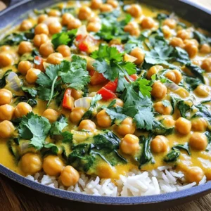 - 2 cans (15 oz each) chickpeas, drained and rinsed - 1 can (13.5 oz) coconut milk - 1 onion, finely chopped - 3 cloves garlic, minced - 1 tablespoon fresh ginger, grated - 2 tablespoons curry powder - 1 teaspoon ground turmeric - 1 teaspoon cumin - 1 red bell pepper, diced - 1 cup spinach leaves, fresh - 2 tablespoons olive oil - Salt and pepper to taste I love using chickpeas because they are filling and healthy. They soak up flavor well. Coconut milk adds creaminess and a hint of sweetness. Aromatics like onion, garlic, and ginger build a strong base for the dish. The spices are key to this dish. Curry powder brings warmth and color. Turmeric adds earthiness, while cumin gives a nice depth. You can’t forget the fresh vegetables! A red bell pepper adds crunch and sweetness, and spinach adds color and nutrients. - Fresh cilantro - Lime wedges Garnishes add a fresh touch. Cilantro gives a burst of flavor, and lime adds brightness. Both make the dish look more appealing too. - Cooked rice - Quinoa Serving this curry over rice or quinoa makes it more filling. Both options soak up the sauce well. You can choose based on your taste or what you have at home. - Draining and rinsing chickpeas: Open two cans of chickpeas. Pour them into a strainer. Rinse them under cold water for about 30 seconds. This helps remove any excess salt and makes them cleaner. - Chopping onion and bell pepper: Take one onion and chop it finely. Next, dice one red bell pepper into small pieces. This gives your dish color and crunch. - Mincing garlic and grating ginger: Peel three cloves of garlic. Mince them finely. Then, peel fresh ginger and grate about one tablespoon. These will add a great flavor to your curry. - Sautéing aromatics: In a large skillet, heat two tablespoons of olive oil over medium heat. Add the chopped onion. Cook for about 5-7 minutes until it turns soft and clear. Then, add in the minced garlic and grated ginger. Cook for 1-2 minutes until you smell their aroma. - Adding spices and toasting: Stir in two tablespoons of curry powder, one teaspoon of ground turmeric, and one teaspoon of cumin. Mix well and cook for about one minute. This toasts the spices and brings out their flavor. - Combining coconut milk and chickpeas: Pour in one can of coconut milk and stir to mix. Add the drained chickpeas next. Bring the mixture to a gentle simmer. Let it cook for about 10-15 minutes. This helps the flavors blend well. Stir occasionally to stop sticking. - Cooking spinach: After the chickpeas have simmered, toss in one cup of fresh spinach leaves. Cook for an additional 2-3 minutes until the spinach wilts down nicely. - Adjusting seasoning: Taste your dish and add salt and pepper as needed. This step is key to making the flavors pop. - Resting before serving: Remove the skillet from heat. Let the curry sit for a few minutes. This allows the flavors to settle, making it even tastier when you serve it. To make your coconut curry chickpeas even better, you can use a few simple tricks. - Toasting spices: When you add curry powder, turmeric, and cumin, toast them in the pan first. This step brings out their rich flavors. Just cook them for one minute before adding other ingredients. - Adding more vegetables: You can mix in other veggies like carrots or peas. They add color and extra nutrients to your dish. Choosing the right skillet is key to great cooking. - Best skillet type for sautéing: A non-stick skillet works best for this recipe. It helps prevent food from sticking and makes cleanup easier. I recommend a large one to fit all your ingredients. - How to prevent sticking: Use enough olive oil when cooking. If you notice things starting to stick, lower the heat a bit. Stir often to keep things moving in the pan. How you serve your dish can make it shine. - Presentation ideas: Serve the chickpeas over a bed of fluffy rice or quinoa. This adds texture and makes the dish look inviting. - Best garnishes for taste: Fresh cilantro makes a great garnish. Sprinkle it on top just before serving for a pop of flavor and color. You can also add lime wedges for a zesty kick. {{image_2}} You can change this dish easily. Adding more veggies is a great way to start. Carrots and peas add color and taste. You can also try adding sweet potatoes for a sweeter flavor. If you want protein, add tofu or chicken. Tofu gives a nice texture, while chicken adds richness. Both options make the dish more filling. For gluten-free options, check your curry powder. Most are gluten-free, but it's good to confirm. You can also use tamari instead of soy sauce if you want to add more flavor. For vegan alternatives, the recipe is already vegan since it uses coconut milk and no animal products. You can swap olive oil for avocado oil if you prefer. The curry powder choice can change the dish's taste. Try different types, like madras or yellow curry, for a new twist. You can also adjust the spice level. Add more chili powder for heat or remove it for a milder dish. Experimenting helps you find the perfect balance you love. For storing coconut curry chickpeas, use airtight containers. Glass or plastic containers work well. This dish lasts about 3-5 days in the fridge. Make sure it cools down before sealing it. This keeps the flavor fresh and tasty. To freeze coconut curry chickpeas, let it cool completely. Then, place it in freezer-safe bags or containers. Remove as much air as possible. It can last up to 3 months in the freezer. To thaw, move it to the fridge overnight. For reheating, gently warm it on the stove. For best results, reheat on the stove over low heat. Stir it often to avoid burning. You can add a splash of coconut milk if it looks dry. This helps keep the flavor and texture just right. Enjoy every bite of your delicious coconut curry chickpeas! Can I use dried chickpeas instead of canned? Yes, you can use dried chickpeas! Just soak them overnight. Cook them until tender before adding to the curry. How do I make the dish spicier? Add more curry powder or a pinch of cayenne pepper. You can also add chopped jalapeños for heat. What are the health benefits of chickpeas? Chickpeas are high in protein and fiber. They aid digestion and help keep you full longer. They are also rich in vitamins and minerals. Is coconut curry chickpeas a healthy meal option? Yes, coconut curry chickpeas are healthy! They provide good fats from coconut milk and plant-based protein from chickpeas. How can I thicken the coconut curry? To thicken, let it simmer longer without the lid. You can also add a bit of cornstarch mixed with water. Can I make this recipe in advance? Yes, you can! Prepare it a day ahead and store it in the fridge. Just reheat before serving. This coconut curry chickpea recipe is easy and tasty. You learned about key ingredients, like chickpeas and spices, plus cooking steps you can follow. We also shared tips to enhance flavors and make variations that suit your taste. With proper storage, you can enjoy this dish later. Overall, this meal is healthy and flexible. It fits many diets and makes cooking fun. Now it’s your turn to try it and enjoy the delicious results!