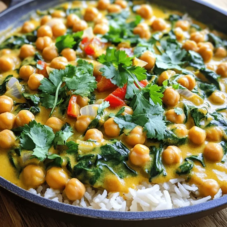 - 2 cans (15 oz each) chickpeas, drained and rinsed - 1 can (13.5 oz) coconut milk - 1 onion, finely chopped - 3 cloves garlic, minced - 1 tablespoon fresh ginger, grated - 2 tablespoons curry powder - 1 teaspoon ground turmeric - 1 teaspoon cumin - 1 red bell pepper, diced - 1 cup spinach leaves, fresh - 2 tablespoons olive oil - Salt and pepper to taste I love using chickpeas because they are filling and healthy. They soak up flavor well. Coconut milk adds creaminess and a hint of sweetness. Aromatics like onion, garlic, and ginger build a strong base for the dish. The spices are key to this dish. Curry powder brings warmth and color. Turmeric adds earthiness, while cumin gives a nice depth. You can’t forget the fresh vegetables! A red bell pepper adds crunch and sweetness, and spinach adds color and nutrients. - Fresh cilantro - Lime wedges Garnishes add a fresh touch. Cilantro gives a burst of flavor, and lime adds brightness. Both make the dish look more appealing too. - Cooked rice - Quinoa Serving this curry over rice or quinoa makes it more filling. Both options soak up the sauce well. You can choose based on your taste or what you have at home. - Draining and rinsing chickpeas: Open two cans of chickpeas. Pour them into a strainer. Rinse them under cold water for about 30 seconds. This helps remove any excess salt and makes them cleaner. - Chopping onion and bell pepper: Take one onion and chop it finely. Next, dice one red bell pepper into small pieces. This gives your dish color and crunch. - Mincing garlic and grating ginger: Peel three cloves of garlic. Mince them finely. Then, peel fresh ginger and grate about one tablespoon. These will add a great flavor to your curry. - Sautéing aromatics: In a large skillet, heat two tablespoons of olive oil over medium heat. Add the chopped onion. Cook for about 5-7 minutes until it turns soft and clear. Then, add in the minced garlic and grated ginger. Cook for 1-2 minutes until you smell their aroma. - Adding spices and toasting: Stir in two tablespoons of curry powder, one teaspoon of ground turmeric, and one teaspoon of cumin. Mix well and cook for about one minute. This toasts the spices and brings out their flavor. - Combining coconut milk and chickpeas: Pour in one can of coconut milk and stir to mix. Add the drained chickpeas next. Bring the mixture to a gentle simmer. Let it cook for about 10-15 minutes. This helps the flavors blend well. Stir occasionally to stop sticking. - Cooking spinach: After the chickpeas have simmered, toss in one cup of fresh spinach leaves. Cook for an additional 2-3 minutes until the spinach wilts down nicely. - Adjusting seasoning: Taste your dish and add salt and pepper as needed. This step is key to making the flavors pop. - Resting before serving: Remove the skillet from heat. Let the curry sit for a few minutes. This allows the flavors to settle, making it even tastier when you serve it. To make your coconut curry chickpeas even better, you can use a few simple tricks. - Toasting spices: When you add curry powder, turmeric, and cumin, toast them in the pan first. This step brings out their rich flavors. Just cook them for one minute before adding other ingredients. - Adding more vegetables: You can mix in other veggies like carrots or peas. They add color and extra nutrients to your dish. Choosing the right skillet is key to great cooking. - Best skillet type for sautéing: A non-stick skillet works best for this recipe. It helps prevent food from sticking and makes cleanup easier. I recommend a large one to fit all your ingredients. - How to prevent sticking: Use enough olive oil when cooking. If you notice things starting to stick, lower the heat a bit. Stir often to keep things moving in the pan. How you serve your dish can make it shine. - Presentation ideas: Serve the chickpeas over a bed of fluffy rice or quinoa. This adds texture and makes the dish look inviting. - Best garnishes for taste: Fresh cilantro makes a great garnish. Sprinkle it on top just before serving for a pop of flavor and color. You can also add lime wedges for a zesty kick. {{image_2}} You can change this dish easily. Adding more veggies is a great way to start. Carrots and peas add color and taste. You can also try adding sweet potatoes for a sweeter flavor. If you want protein, add tofu or chicken. Tofu gives a nice texture, while chicken adds richness. Both options make the dish more filling. For gluten-free options, check your curry powder. Most are gluten-free, but it's good to confirm. You can also use tamari instead of soy sauce if you want to add more flavor. For vegan alternatives, the recipe is already vegan since it uses coconut milk and no animal products. You can swap olive oil for avocado oil if you prefer. The curry powder choice can change the dish's taste. Try different types, like madras or yellow curry, for a new twist. You can also adjust the spice level. Add more chili powder for heat or remove it for a milder dish. Experimenting helps you find the perfect balance you love. For storing coconut curry chickpeas, use airtight containers. Glass or plastic containers work well. This dish lasts about 3-5 days in the fridge. Make sure it cools down before sealing it. This keeps the flavor fresh and tasty. To freeze coconut curry chickpeas, let it cool completely. Then, place it in freezer-safe bags or containers. Remove as much air as possible. It can last up to 3 months in the freezer. To thaw, move it to the fridge overnight. For reheating, gently warm it on the stove. For best results, reheat on the stove over low heat. Stir it often to avoid burning. You can add a splash of coconut milk if it looks dry. This helps keep the flavor and texture just right. Enjoy every bite of your delicious coconut curry chickpeas! Can I use dried chickpeas instead of canned? Yes, you can use dried chickpeas! Just soak them overnight. Cook them until tender before adding to the curry. How do I make the dish spicier? Add more curry powder or a pinch of cayenne pepper. You can also add chopped jalapeños for heat. What are the health benefits of chickpeas? Chickpeas are high in protein and fiber. They aid digestion and help keep you full longer. They are also rich in vitamins and minerals. Is coconut curry chickpeas a healthy meal option? Yes, coconut curry chickpeas are healthy! They provide good fats from coconut milk and plant-based protein from chickpeas. How can I thicken the coconut curry? To thicken, let it simmer longer without the lid. You can also add a bit of cornstarch mixed with water. Can I make this recipe in advance? Yes, you can! Prepare it a day ahead and store it in the fridge. Just reheat before serving. This coconut curry chickpea recipe is easy and tasty. You learned about key ingredients, like chickpeas and spices, plus cooking steps you can follow. We also shared tips to enhance flavors and make variations that suit your taste. With proper storage, you can enjoy this dish later. Overall, this meal is healthy and flexible. It fits many diets and makes cooking fun. Now it’s your turn to try it and enjoy the delicious results!