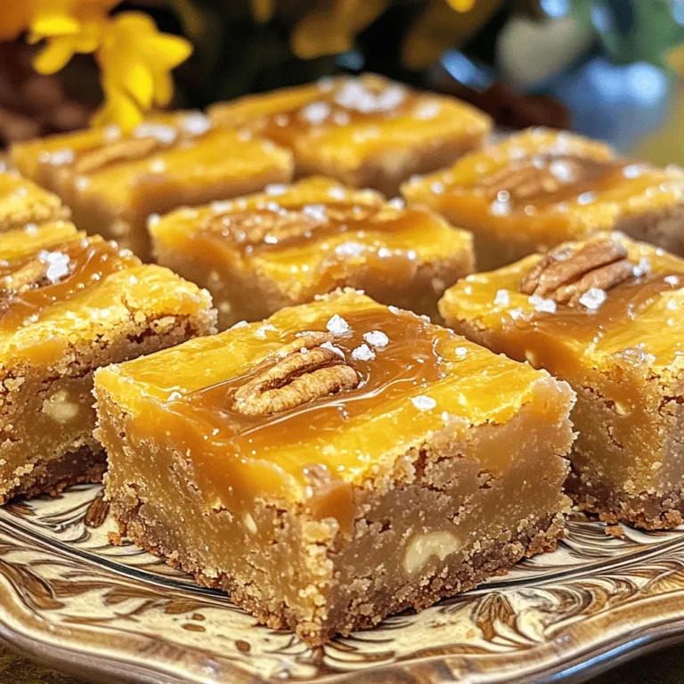 Here are the ingredients you need for Brown Butter Caramel Pecan Blondies. Each item plays an important role in making these treats rich and flavorful. - 1 cup unsalted butter - 1 cup brown sugar, packed - 1/2 cup granulated sugar - 2 large eggs - 2 teaspoons vanilla extract - 2 cups all-purpose flour - 1/2 teaspoon baking powder - 1/4 teaspoon salt - 1 cup pecans, chopped - 1/2 cup caramel sauce (store-bought or homemade) Gathering quality ingredients is key. The unsalted butter gives the blondies a rich flavor. Brown sugar adds a deep sweetness. Granulated sugar balances this sweetness. Using large eggs helps bind the mix. Fresh vanilla extract enhances the taste. All-purpose flour provides structure. Baking powder gives the blondies a nice rise. Salt brings out all the flavors. Chopped pecans add crunch and nutty taste. The caramel sauce creates a gooey, sweet layer. Once you have these ingredients, you are ready to make some delicious blondies! - Preheat oven to 350°F (175°C). - Grease a 9x13 inch baking pan or line it with parchment paper. - Melt 1 cup of unsalted butter in a medium saucepan. - Cook it until it turns golden brown and smells nutty, about 5–7 minutes. - In a large bowl, mix 1 cup of brown sugar and 1/2 cup of granulated sugar. - Pour in the slightly cooled brown butter and mix well. - Add 2 large eggs, one at a time, mixing after each. Stir in 2 teaspoons of vanilla extract. - In another bowl, whisk together 2 cups of all-purpose flour, 1/2 teaspoon of baking powder, and 1/4 teaspoon of salt. - Gradually mix the dry ingredients into the wet mixture until just combined. - Fold in 1 cup of chopped pecans. - Pour half of the blondie batter into the prepared baking pan and smooth it out. - Drizzle half of the 1/2 cup of caramel sauce over the batter. - Add the remaining blondie batter on top, smoothing it out. - Drizzle the rest of the caramel sauce and swirl it lightly into the batter. - Bake for 25–30 minutes, or until the edges are golden and a toothpick comes out clean. - Let the blondies cool in the pan on a wire rack before slicing into squares. To make brown butter, pay close attention to color and scent. Start with unsalted butter in a medium saucepan. Heat it over medium flame. Stir it often to avoid burning. Watch for a golden brown color. You’ll know it’s ready when you smell a nutty aroma. This step adds a rich flavor to your blondies. Don’t overmix your batter. After adding the dry ingredients, mix just until combined. Overmixing can make the blondies tough. You want them to be soft and chewy. Gently fold in the pecans for a nice crunch. This keeps your blondies light and airy. Presentation matters! Serve the blondies on a pretty platter. Drizzle extra caramel sauce on top. A sprinkle of sea salt adds a touch of flair. Pair them with vanilla ice cream for a delightful dessert. This combination makes your blondies look and taste gourmet! {{image_2}} You can switch pecans for other nuts like walnuts or almonds. Both nuts add a nice crunch and flavor. Walnuts provide a rich, earthy taste. Almonds give a light, sweet note to your blondies. Just chop them up the same way as pecans. Use the same amount as the recipe calls for, one cup. Want to make your blondies pop? Try adding chocolate chips or spices. Chocolate chips melt into gooey pockets of joy. You can use dark, milk, or white chocolate chips based on your taste. If you prefer spices, add a pinch of cinnamon or nutmeg. Just mix in about half a cup of chocolate or a teaspoon of spice when you fold in the nuts. Instead of caramel sauce, you can use chocolate or butterscotch. Chocolate sauce adds a rich, deep flavor that pairs well with the blondies. Butterscotch provides a sweet, buttery taste that’s equally tasty. Drizzle your chosen sauce on top as you layer the batter. It creates a fun twist to your blondies! To keep your blondies fresh, store them in an airtight container. This helps them stay soft and moist. Place a piece of parchment paper between layers if stacking. Avoid leaving them uncovered, as they can dry out quickly. You can freeze blondies for later enjoyment. First, let them cool completely. Then, wrap each piece in plastic wrap. Place the wrapped blondies in a freezer-safe bag or container. They can stay fresh for up to three months. To thaw, take them out and leave them at room temperature for about an hour. At room temperature, blondies last for about 3 to 4 days. If you store them in the fridge, they can last up to a week. The cold helps preserve the flavor and texture. Always check for any signs of spoilage before eating. Yes, you can use salted butter. It will change the taste slightly. Salted butter adds a savory note to the sweet blondies. If you use it, skip any additional salt in the recipe. This small change creates a tasty balance of flavors. If you don’t have caramel sauce, try using dulce de leche. It has a similar flavor and texture. You can also use butterscotch sauce for a different twist. Another idea is to make a quick homemade caramel using sugar, butter, and cream. Look for golden edges and a firm center. A toothpick should come out clean when inserted. The top should also look set, not wet. If it still seems gooey, give them a few extra minutes. Absolutely! Use a gluten-free flour blend. Many brands work well for baking. Make sure it has the right mix of starches and fibers. This will help give the blondies a nice texture. Check the blend's packaging for best results. In this post, we explored how to make delicious blondies with simple ingredients and clear steps. We learned the importance of browning butter and got tips to perfect texture. You can also try fun variations with different nuts or sauces. Remember, storing them correctly helps keep them fresh. Enjoy baking and sharing these treats! These blondies are easy and fun for everyone. Get creative, and make them your own. Happy baking!
