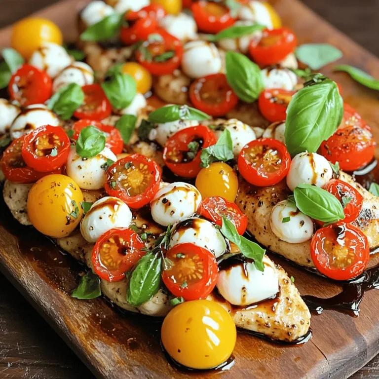 For Balsamic Glazed Caprese Chicken, you need: - 4 boneless, skinless chicken breasts - 1 teaspoon salt - 1/2 teaspoon black pepper - 2 tablespoons olive oil - 1 cup cherry tomatoes, halved - 1 cup fresh mozzarella balls, halved - 1/2 cup fresh basil leaves - 1/2 cup balsamic glaze - 2 tablespoons honey - 1 teaspoon garlic powder These ingredients come together to create a tasty dish that looks great too. The salt and black pepper add flavor to the chicken. Garlic powder gives an extra kick. Olive oil is vital for searing the chicken. It helps to lock in moisture and keeps the chicken tender. The balsamic glaze and honey provide a sweet and tangy shine that makes this dish special. I love to finish the dish with fresh basil leaves. They add a pop of color and fresh flavor. You can also drizzle extra balsamic glaze on top for more taste. Serving it on a pretty platter makes it look even better. Mixing it with greens on the side makes a complete meal that impresses everyone at the table. First, preheat your oven to 400°F (200°C). This helps the chicken cook evenly. Next, take your chicken breasts and season them well. Use one teaspoon of salt, half a teaspoon of black pepper, and one teaspoon of garlic powder. Rub the seasonings on both sides. This adds flavor to every bite. Now, grab a large oven-safe skillet. Heat two tablespoons of olive oil over medium-high heat. Once hot, add the seasoned chicken breasts. Sear each side for about 5-7 minutes. Look for a nice golden-brown color. This step locks in juices and adds texture. After searing, remove the skillet from heat. Layer one cup of halved cherry tomatoes and one cup of halved fresh mozzarella balls on top of the chicken. Drizzle half a cup of balsamic glaze and two tablespoons of honey over everything. Make sure it covers the chicken well. Now, transfer the skillet to your preheated oven. Bake for 20-25 minutes. Check that the chicken reaches an internal temperature of 165°F (75°C). Once done, take it out and sprinkle half a cup of fresh basil leaves on top. Let it cool for a few minutes before serving. This allows the flavors to blend beautifully. To get the best glaze, use high-quality balsamic glaze. It should be thick and sweet. Make sure to drizzle it over the chicken after searing. This helps it stick well. Bake at the right temperature to let the glaze thicken. Keep an eye on the chicken to avoid burning the glaze. A good tip is to let the chicken rest before serving. This way, the glaze will look shiny and appealing. Serve your Balsamic Glazed Caprese Chicken on a large platter. This makes it look festive and inviting. Drizzle extra balsamic glaze on top for added flavor. Fresh basil leaves scattered on top add a nice touch. Pair the chicken with mixed greens or a light salad. Roasted vegetables also make a great side. For a heartier meal, serve it with garlic bread or pasta. To boost flavor, add spices like oregano or thyme when seasoning the chicken. A squeeze of lemon juice over the dish can brighten the taste. If you like a kick, add red pepper flakes for heat. Consider marinating the chicken in balsamic vinegar before cooking. This extra step adds depth to the flavor. A sprinkle of Parmesan cheese on top can also enhance the dish. These simple changes can make your meal even more delightful. {{image_2}} You can change the main protein in this dish. Try chicken thighs for a juicier bite. Pork tenderloin also works well, giving a nice twist. If you want seafood, shrimp is a quick and tasty option. Just adjust the cooking time based on the protein you choose. Fish cooks faster, so keep an eye on it to avoid overcooking. While fresh mozzarella is classic, you can explore other cheese types. Try burrata for a creamier texture. Feta cheese adds a salty kick, perfect for a different flavor. Goat cheese brings tanginess, making the dish unique. Use any cheese you enjoy, but adjust the amount to keep balance in taste. For a vegetarian version, replace the chicken with eggplant or portobello mushrooms. These options add great texture. You can use vegan mozzarella to keep it dairy-free. For a full vegan dish, swap honey with maple syrup or agave nectar. These changes keep the dish tasty while meeting dietary needs. To store your Balsamic Glazed Caprese Chicken, let it cool first. Place the chicken in an airtight container. You can keep it in the fridge for up to three days. Make sure to separate the chicken from any sides to keep them fresh. When you're ready to eat, preheat your oven to 350°F (175°C). Place the chicken in an oven-safe dish. Cover it with foil to keep it moist. Heat for about 15-20 minutes until warm. You can also use a microwave. Just heat on medium for about 2-3 minutes, checking often. If you want to freeze the chicken, wrap it well in plastic wrap, then foil. Label it with the date. It can last for up to three months in the freezer. To thaw, place it in the fridge overnight. Always reheat until it’s hot all the way through. Balsamic glaze is a thick, sweet sauce made from balsamic vinegar. It cooks down until it becomes syrupy. This glaze adds a rich flavor to many dishes. You can find it in stores or make it at home. To make it, simmer balsamic vinegar with honey or sugar. This thickens it and enhances its taste. Yes, you can use chicken thighs instead of breasts. Chicken thighs are more tender and juicy. They have a richer flavor, which can make your dish even better. Just make sure to adjust the cooking time. Thighs may take a bit longer to cook through. To spice up this dish, add red pepper flakes or cayenne pepper. You can also use spicy Italian sausage or add jalapeños. These ingredients will bring heat and excitement to the meal. Adjust the amount based on your spice tolerance. Taste as you go to find the right level of heat. Many sides work well with Balsamic Glazed Caprese Chicken. Here are some great options: - Mixed green salad with vinaigrette - Garlic bread or crusty baguette - Roasted vegetables like zucchini or asparagus - Quinoa or rice pilaf - Mashed potatoes for a comforting touch These sides will complement the chicken and enhance your meal. This article covered the key ingredients, step-by-step cooking instructions, and useful tips for making Balsamic Glazed Caprese Chicken. We explored variations using different proteins and cheeses, plus storage tips for leftovers. This dish is easy to make and versatile. Try the tips for a delicious result. Enjoy experimenting with flavors! This meal is perfect for any dinner and will impress your guests. Keep these ideas in mind and get cooking!