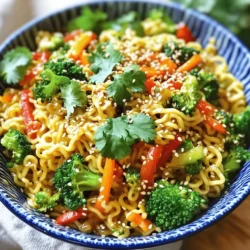 - 200g ramen noodles - 1 cup broccoli florets - 1 red bell pepper, julienned - 1 carrot, julienned - 2 tablespoons sesame oil - 1 tablespoon fresh ginger, grated - 2 garlic cloves, minced - 2 tablespoons soy sauce - 1 tablespoon rice vinegar - 1 tablespoon honey (or maple syrup) - 1 tablespoon sesame seeds - 3 green onions, chopped - Fresh cilantro, for garnish These ingredients give the dish its tasty and rich flavor. The ramen noodles form the base. They soak up all the sauce and seasoning. The veggies add crunch and color. Broccoli, red bell pepper, and carrot are great choices. They cook fast and stay crisp. The sauces bring everything together. Sesame oil adds a nutty taste. Ginger and garlic give a nice kick. Soy sauce and rice vinegar balance the flavors. Honey or maple syrup adds a hint of sweetness. Don’t forget the garnishes! Sesame seeds add a nice crunch. Green onions and cilantro give a fresh touch. Mix and match these elements to make the dish yours. Enjoy cooking! Begin by boiling a large pot of salted water. Once the water boils, add 200g of ramen noodles. Cook them until they are al dente, usually about 3-4 minutes. When done, drain the noodles and set them aside. Next, heat 2 tablespoons of sesame oil in a large skillet or wok over medium heat. Add 1 tablespoon of grated fresh ginger and 2 minced garlic cloves. Sauté these for 1-2 minutes until you can smell their great aroma. This step adds a lovely depth to your dish. Now it’s time to add some color and crunch! Toss in 1 cup of broccoli florets, 1 julienned red bell pepper, and 1 julienned carrot into the skillet. Stir-fry these vegetables for about 5-7 minutes until they are tender-crisp. They should be vibrant and still have a bit of bite. In a small bowl, whisk together 2 tablespoons of soy sauce, 1 tablespoon of rice vinegar, and 1 tablespoon of honey (or maple syrup for a vegan option). Pour this sauce over the sautéed veggies in the skillet. Then, add the drained ramen noodles. Toss everything together so the noodles are well-coated with the sauce. Let everything cook for another 2-3 minutes until the noodles are warmed through. Remove from heat and serve in bowls. For the finishing touch, garnish each bowl with 3 chopped green onions, 1 tablespoon of sesame seeds, and a handful of fresh cilantro. Enjoy your delicious sesame ginger ramen noodles! To cook the ramen noodles just right, follow the package instructions. This usually takes about 3 to 5 minutes. You want them to be al dente, which means they should have a slight bite. Drain them quickly to avoid overcooking. If you rinse them under cold water, it will stop the cooking process. This keeps your noodles firm and tasty. To make your sesame ginger ramen even better, think about adding spices or other ingredients. Here are some ideas: - Red pepper flakes for heat - A splash of lime juice for brightness - Peanuts or cashews for crunch - A sprinkle of sesame oil before serving for extra richness Feel free to experiment! Each addition brings a unique twist to the dish. Preparing ahead makes cooking easier. Chop your vegetables, like broccoli, bell pepper, and carrot, in advance. Store them in the fridge until you’re ready to cook. You can also make the sauce ahead of time. Mix soy sauce, rice vinegar, and honey, then keep it in a jar. This way, you save time and make your meal quick and easy on busy days. {{image_2}} You can add protein to your sesame ginger ramen noodles. This can make the dish heartier. Options include: - Chicken: Use grilled or shredded chicken for a classic taste. - Shrimp: Cook shrimp until pink, then toss them in the noodles. - Tofu: For a vegetarian option, use firm tofu. Cut it into cubes and pan-fry it until golden. Each protein adds its own flavor, making your meal unique. If you want a vegan-friendly dish, it's easy to adjust. Here are some simple swaps: - Honey: Replace honey with maple syrup for sweetness. - Tofu: Use tofu as your protein source. - Vegetable Broth: Instead of chicken broth, use vegetable broth for a richer taste. These changes keep your meal delicious while sticking to vegan guidelines. Feel free to mix in different vegetables. This adds color and nutrients to your dish. Some tasty options include: - Snap Peas: Crisp and sweet, they give a nice crunch. - Mushrooms: Sautéed mushrooms add umami flavor. - Spinach: Toss in fresh spinach for a pop of green. Experiment with veggies to find your favorite combinations. This makes every bowl of ramen special. To keep your leftover Sesame Ginger Ramen Noodles fresh, store them in an airtight container. Make sure to let them cool before sealing. Place the container in the fridge. This helps to keep flavors locked in and prevents sogginess. Leftovers can last about 3 to 4 days in the fridge. When you’re ready to eat, just reheat them on the stove or in the microwave. If you want to keep your noodles longer, freezing is a great option. First, let the noodles cool completely. Then, place them in a freezer-safe bag or container. Remove as much air as possible. This helps prevent freezer burn. When you’re ready to eat, you can thaw them overnight in the fridge or add them frozen to a hot skillet with a splash of water. Heat until warmed through. These Sesame Ginger Ramen Noodles have a good shelf life when stored properly. In the fridge, they last for 3 to 4 days. If you freeze them, they can last up to 2 months. Just remember, the sooner you eat them, the better the taste! This way, you can enjoy the fresh flavors of the dish. Yes, you can use other types of noodles. Soba noodles, udon, or even rice noodles work well. These options give you a different taste and texture. Soba has a nutty flavor, while udon is thick and chewy. Rice noodles are lighter and gluten-free. Feel free to experiment with what you have at home. To make this recipe gluten-free, choose gluten-free ramen or rice noodles. Check the labels to ensure they are certified gluten-free. Use tamari sauce instead of soy sauce, as tamari is made without wheat. This way, you can enjoy all the flavors without gluten. The Sesame Ginger Ramen Noodles are delicious and nutritious. Each serving contains about 450 calories. You get protein from the noodles and veggies. The dish has healthy fats from sesame oil. Broccoli and bell peppers add vitamins and minerals. This meal is balanced and satisfying, making it a great choice for lunch or dinner. We covered how to make delicious Sesame Ginger Ramen Noodles. You learned about the key ingredients like ramen noodles and fresh vegetables. I provided step-by-step instructions to guide you through the cooking process. We also explored tips for flavor and meal prep. Don’t forget the variations, including proteins and vegan options for everyone. Lastly, proper storage ensures your leftovers stay fresh. Enjoy your cooking adventure!