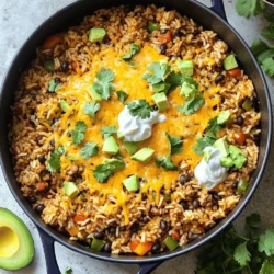 To make One-Pot Taco Rice, gather these simple ingredients: - 1 cup long-grain white rice - 1 lb ground turkey or beef - 1 onion, finely chopped - 2 cloves garlic, minced - 1 bell pepper, diced (any color) - 1 can (15 oz) black beans, rinsed and drained - 1 can (14.5 oz) diced tomatoes with green chilies - 1 cup chicken or vegetable broth - 1 tablespoon taco seasoning - 1 teaspoon cumin - Salt and pepper to taste - 1 cup corn kernels (fresh, frozen, or canned) - 1 cup shredded cheddar cheese - Fresh cilantro, chopped (for garnish) - Sour cream and diced avocado (for serving) You can swap or add ingredients for fun twists: - Use quinoa instead of rice for a grain swap. - Add jalapeños for some heat. - Try different beans like pinto or kidney. - Use a mix of cheeses for extra flavor. - Top with green onions for a fresh crunch. Having the right tools makes cooking easier and more fun: - A large pot or Dutch oven for even cooking. - A wooden spoon or spatula for stirring. - A sharp knife for chopping veggies. - A cutting board for safe prep. - Measuring cups and spoons for accuracy. These ingredients and tools will help you create a flavorful and simple dinner delight! First, gather all your ingredients. You will need: - 1 cup long-grain white rice - 1 lb ground turkey or beef - 1 onion, finely chopped - 2 cloves garlic, minced - 1 bell pepper, diced - 1 can (15 oz) black beans, rinsed and drained - 1 can (14.5 oz) diced tomatoes with green chilies - 1 cup chicken or vegetable broth - 1 tablespoon taco seasoning - 1 teaspoon cumin - Salt and pepper to taste - 1 cup corn kernels - 1 cup shredded cheddar cheese - Fresh cilantro, chopped - Sour cream and diced avocado Make sure everything is prepped and ready to go. This makes the cooking easy and fun. Next, heat a splash of oil in a large pot over medium heat. Add the chopped onion. Cook for about 3-4 minutes until it turns soft and clear. Then, stir in the minced garlic and diced bell pepper. Cook for another 2 minutes. The garlic should smell great, and the pepper should soften a bit. Now, add the ground turkey or beef. Break it up, and cook until it is browned. This will take about 6-8 minutes. Once it looks good, sprinkle in the taco seasoning, cumin, salt, and pepper. Mix it all well and let it cook for another minute. This helps the flavors blend nicely. Now it’s time to combine everything. Pour in the rice, black beans, diced tomatoes (with juices), corn, and broth. Stir well to mix all the ingredients. Bring this mixture to a boil, then reduce the heat. Cover the pot and let it simmer for 20 minutes. This is when the rice cooks and absorbs all the flavors. Check it occasionally and stir to avoid sticking. After 20 minutes, take it off the heat. Fluff the rice gently with a fork. Top it with shredded cheddar cheese. Cover the pot again for a few minutes to let the cheese melt. Now, it’s ready to serve! Enjoy your tasty One-Pot Taco Rice with fresh cilantro, sour cream, and diced avocado. To boost flavors, use fresh herbs like cilantro. It adds a bright taste. You can also try lime juice for a zesty kick. For extra texture, mix in crunchy toppings like tortilla chips or diced radishes. These add a fun crunch. One common mistake is not rinsing the rice. Rinsing helps remove excess starch. This keeps your rice fluffy and not sticky. Another mistake is cooking the meat too long. Overcooking can make it dry. Always cook until just browned for the best taste. Stir the pot every few minutes. This prevents sticking and ensures even cooking. If the rice seems dry, add a splash of broth. It’s better to add liquid slowly than to have mushy rice. Lastly, let the dish rest for a few minutes after cooking. This helps flavors meld together. {{image_2}} You can make One-Pot Taco Rice meatless with easy swaps. Use plant-based ground meat or lentils. These options work well and add great texture. Replace chicken broth with vegetable broth for a vegan touch. Add extra vegetables like zucchini or mushrooms for more flavor and nutrients. You can also use quinoa instead of rice for a protein boost. If you want to change the protein, chicken works great. Use diced chicken breast in place of turkey or beef. Cook it until browned before adding other ingredients. Tofu is another great choice. Press it to remove water, then cube it. Sauté the tofu until golden. Both options fit well into the One-Pot Taco Rice. You can mix up the spices to create new flavors. Try using chili powder or smoked paprika for a smoky taste. Add cayenne pepper for some heat. If you like a sweeter flavor, toss in a bit of brown sugar. Experimenting with spices can make this dish exciting and unique every time you cook it. After enjoying your One-Pot Taco Rice, store any leftovers in an airtight container. Make sure to cool the dish to room temperature first. This helps keep the food fresh. Place the container in the fridge. It will stay good for about 3 to 4 days. When you're ready to eat your leftovers, you can reheat them easily. Place the rice in a pan over medium heat. Add a splash of water or broth to keep it moist. Stir it well to heat evenly. You can also use a microwave. Just cover it loosely and heat in 30-second intervals, stirring in between. This will help it heat up without drying out. If you want to save your One-Pot Taco Rice for later, freezing is a great option. Allow the dish to cool completely. Then, transfer it to a freezer-safe container. Make sure to leave some space at the top for expansion. It can last in the freezer for up to 3 months. When you're ready to enjoy it again, thaw it in the fridge overnight. Reheat it as mentioned above for a quick and tasty meal. Yes, you can make One-Pot Taco Rice ahead of time. Cook it as normal and let it cool. Store it in an airtight container in the fridge. It will stay fresh for about three days. When you are ready to eat, just reheat it on the stove or in the microwave. Add a splash of broth if it seems dry. You can serve One-Pot Taco Rice with several tasty sides. Some great options include: - Fresh salad - Tortilla chips - Guacamole - Salsa - Sour cream - Diced avocado These sides add more flavor and texture to your meal. You can mix and match based on your taste. To serve more people, simply double the recipe. Use 2 cups of rice and 2 pounds of meat. You can also increase the veggies and beans. Make sure to use a larger pot to hold everything. Cook time may be the same, but check the rice. It may need a few extra minutes to cook fully. In this post, I covered how to make One-Pot Taco Rice. We went through all the key ingredients, easy steps to cook it, and some helpful tips. Remember to experiment with variations like vegetarian options or different proteins. Storing leftovers properly can save time later. This meal shines with its simple flavors and quick prep. Enjoy making this dish your own, and you'll keep coming back for more. Cooking doesn't have to be hard; it can be fun!