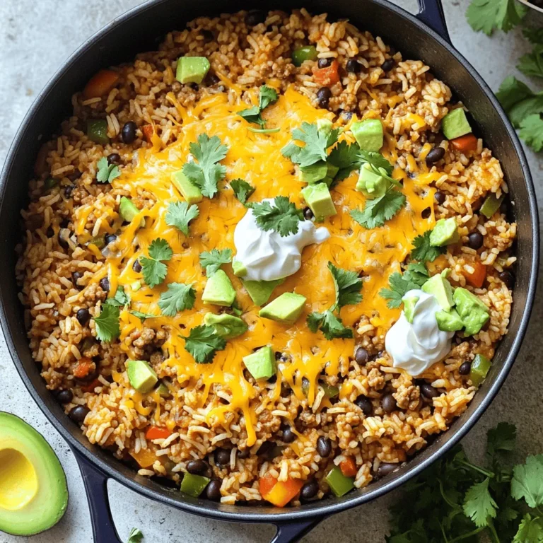 To make One-Pot Taco Rice, gather these simple ingredients: - 1 cup long-grain white rice - 1 lb ground turkey or beef - 1 onion, finely chopped - 2 cloves garlic, minced - 1 bell pepper, diced (any color) - 1 can (15 oz) black beans, rinsed and drained - 1 can (14.5 oz) diced tomatoes with green chilies - 1 cup chicken or vegetable broth - 1 tablespoon taco seasoning - 1 teaspoon cumin - Salt and pepper to taste - 1 cup corn kernels (fresh, frozen, or canned) - 1 cup shredded cheddar cheese - Fresh cilantro, chopped (for garnish) - Sour cream and diced avocado (for serving) You can swap or add ingredients for fun twists: - Use quinoa instead of rice for a grain swap. - Add jalapeños for some heat. - Try different beans like pinto or kidney. - Use a mix of cheeses for extra flavor. - Top with green onions for a fresh crunch. Having the right tools makes cooking easier and more fun: - A large pot or Dutch oven for even cooking. - A wooden spoon or spatula for stirring. - A sharp knife for chopping veggies. - A cutting board for safe prep. - Measuring cups and spoons for accuracy. These ingredients and tools will help you create a flavorful and simple dinner delight! First, gather all your ingredients. You will need: - 1 cup long-grain white rice - 1 lb ground turkey or beef - 1 onion, finely chopped - 2 cloves garlic, minced - 1 bell pepper, diced - 1 can (15 oz) black beans, rinsed and drained - 1 can (14.5 oz) diced tomatoes with green chilies - 1 cup chicken or vegetable broth - 1 tablespoon taco seasoning - 1 teaspoon cumin - Salt and pepper to taste - 1 cup corn kernels - 1 cup shredded cheddar cheese - Fresh cilantro, chopped - Sour cream and diced avocado Make sure everything is prepped and ready to go. This makes the cooking easy and fun. Next, heat a splash of oil in a large pot over medium heat. Add the chopped onion. Cook for about 3-4 minutes until it turns soft and clear. Then, stir in the minced garlic and diced bell pepper. Cook for another 2 minutes. The garlic should smell great, and the pepper should soften a bit. Now, add the ground turkey or beef. Break it up, and cook until it is browned. This will take about 6-8 minutes. Once it looks good, sprinkle in the taco seasoning, cumin, salt, and pepper. Mix it all well and let it cook for another minute. This helps the flavors blend nicely. Now it’s time to combine everything. Pour in the rice, black beans, diced tomatoes (with juices), corn, and broth. Stir well to mix all the ingredients. Bring this mixture to a boil, then reduce the heat. Cover the pot and let it simmer for 20 minutes. This is when the rice cooks and absorbs all the flavors. Check it occasionally and stir to avoid sticking. After 20 minutes, take it off the heat. Fluff the rice gently with a fork. Top it with shredded cheddar cheese. Cover the pot again for a few minutes to let the cheese melt. Now, it’s ready to serve! Enjoy your tasty One-Pot Taco Rice with fresh cilantro, sour cream, and diced avocado. To boost flavors, use fresh herbs like cilantro. It adds a bright taste. You can also try lime juice for a zesty kick. For extra texture, mix in crunchy toppings like tortilla chips or diced radishes. These add a fun crunch. One common mistake is not rinsing the rice. Rinsing helps remove excess starch. This keeps your rice fluffy and not sticky. Another mistake is cooking the meat too long. Overcooking can make it dry. Always cook until just browned for the best taste. Stir the pot every few minutes. This prevents sticking and ensures even cooking. If the rice seems dry, add a splash of broth. It’s better to add liquid slowly than to have mushy rice. Lastly, let the dish rest for a few minutes after cooking. This helps flavors meld together. {{image_2}} You can make One-Pot Taco Rice meatless with easy swaps. Use plant-based ground meat or lentils. These options work well and add great texture. Replace chicken broth with vegetable broth for a vegan touch. Add extra vegetables like zucchini or mushrooms for more flavor and nutrients. You can also use quinoa instead of rice for a protein boost. If you want to change the protein, chicken works great. Use diced chicken breast in place of turkey or beef. Cook it until browned before adding other ingredients. Tofu is another great choice. Press it to remove water, then cube it. Sauté the tofu until golden. Both options fit well into the One-Pot Taco Rice. You can mix up the spices to create new flavors. Try using chili powder or smoked paprika for a smoky taste. Add cayenne pepper for some heat. If you like a sweeter flavor, toss in a bit of brown sugar. Experimenting with spices can make this dish exciting and unique every time you cook it. After enjoying your One-Pot Taco Rice, store any leftovers in an airtight container. Make sure to cool the dish to room temperature first. This helps keep the food fresh. Place the container in the fridge. It will stay good for about 3 to 4 days. When you're ready to eat your leftovers, you can reheat them easily. Place the rice in a pan over medium heat. Add a splash of water or broth to keep it moist. Stir it well to heat evenly. You can also use a microwave. Just cover it loosely and heat in 30-second intervals, stirring in between. This will help it heat up without drying out. If you want to save your One-Pot Taco Rice for later, freezing is a great option. Allow the dish to cool completely. Then, transfer it to a freezer-safe container. Make sure to leave some space at the top for expansion. It can last in the freezer for up to 3 months. When you're ready to enjoy it again, thaw it in the fridge overnight. Reheat it as mentioned above for a quick and tasty meal. Yes, you can make One-Pot Taco Rice ahead of time. Cook it as normal and let it cool. Store it in an airtight container in the fridge. It will stay fresh for about three days. When you are ready to eat, just reheat it on the stove or in the microwave. Add a splash of broth if it seems dry. You can serve One-Pot Taco Rice with several tasty sides. Some great options include: - Fresh salad - Tortilla chips - Guacamole - Salsa - Sour cream - Diced avocado These sides add more flavor and texture to your meal. You can mix and match based on your taste. To serve more people, simply double the recipe. Use 2 cups of rice and 2 pounds of meat. You can also increase the veggies and beans. Make sure to use a larger pot to hold everything. Cook time may be the same, but check the rice. It may need a few extra minutes to cook fully. In this post, I covered how to make One-Pot Taco Rice. We went through all the key ingredients, easy steps to cook it, and some helpful tips. Remember to experiment with variations like vegetarian options or different proteins. Storing leftovers properly can save time later. This meal shines with its simple flavors and quick prep. Enjoy making this dish your own, and you'll keep coming back for more. Cooking doesn't have to be hard; it can be fun!