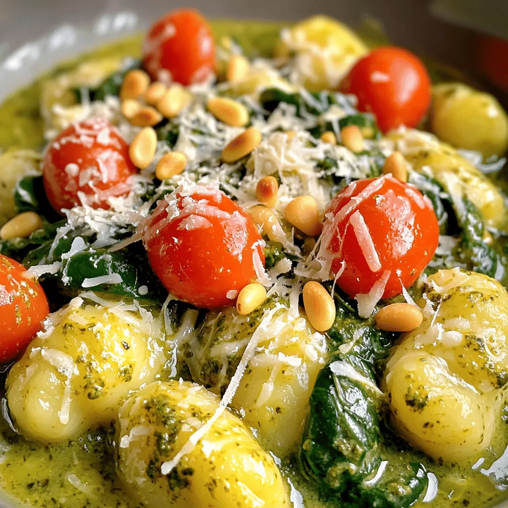 To make creamy pesto gnocchi, you need a few key ingredients. Here’s what you'll need: - 1 pound potato gnocchi - 1 cup fresh basil pesto (store-bought or homemade) - 1 cup heavy cream - 1 cup cherry tomatoes, halved - 1 cup spinach leaves - 1/2 cup grated Parmesan cheese - 2 tablespoons olive oil - 2 cloves garlic, minced - Salt and pepper to taste - Pine nuts, toasted (for garnish) Each ingredient plays a role. The gnocchi brings that wonderful chewy texture. The pesto offers fresh, bold flavors. Cream makes the dish rich and smooth. You can add garnishes to enhance the dish. Here are some options: - Toasted pine nuts - Extra grated Parmesan cheese - Fresh basil leaves These garnishes not only add flavor but also make the dish look beautiful. You can use either homemade or store-bought pesto. Both have their perks: - Homemade Pesto: Making your own pesto lets you control the flavors. You can adjust the garlic or cheese to fit your taste. Plus, it's fresh and vibrant. - Store-Bought Pesto: This option saves time. Many brands offer good quality, and you can find it in most grocery stores. Just check for fresh ingredients. Choose what works best for you. Both options will result in a delicious meal. To start, fill a large pot with water and add salt. Bring it to a boil. Once the water bubbles, add 1 pound of potato gnocchi. Cook them until they float to the top, which takes about 2-3 minutes. This means they are ready! Drain the gnocchi and set them aside. In a large skillet, heat 2 tablespoons of olive oil over medium heat. Add 2 cloves of minced garlic and sauté for 1 minute until it smells good. Next, toss in 1 cup of halved cherry tomatoes. Cook them for 3-4 minutes until they start to blister. Then, add 1 cup of fresh spinach leaves and stir until they wilt, about 1-2 minutes. Now, pour in 1 cup of heavy cream and 1 cup of fresh basil pesto. Stir well and let the sauce simmer for 2 minutes. Once your sauce is ready, add the cooked gnocchi to the skillet. Toss them gently to coat with the creamy pesto sauce. Let it cook for another 2-3 minutes. This helps the gnocchi soak up the yummy flavors. Stir in 1/2 cup of grated Parmesan cheese and season with salt and pepper to your taste. Remove from heat and let it sit for a minute to thicken up. Serve hot, garnished with toasted pine nuts for that extra crunch! To cook gnocchi well, start with a large pot of water. Add salt to boost flavor. Bring the water to a boil before adding the gnocchi. Watch for them to float. This means they are ready. Cooking usually takes about 2 to 3 minutes. Drain them gently to avoid breaking. You can boost flavor with extra ingredients. Try adding cooked chicken or shrimp for protein. For a spicy kick, add red pepper flakes. Fresh herbs like parsley or oregano also work well. You can swap spinach for kale or arugula for a different taste. Use sun-dried tomatoes for a rich twist. To get a creamy sauce, use heavy cream. Combine it with pesto in the skillet. Stir well to blend. Let it simmer for a couple of minutes. This helps the flavors mix. If the sauce is too thick, add a splash of pasta water. This will help loosen it up while keeping the creaminess. {{image_2}} If you want to make this dish gluten-free, look for potato gnocchi made with gluten-free flour. Many brands offer this option. You can also make gnocchi at home using just potatoes and gluten-free flour. Both choices will work well in this creamy pesto dish. To make this meal heartier, add protein. Grilled chicken adds a nice flavor that pairs well with pesto. Cooked shrimp works great, too, giving a sweet touch to the dish. For a plant-based option, try tofu. Just sauté it until golden brown before adding it to the sauce. You can also boost flavor with seasonal veggies. In spring, add peas or asparagus. Summer is perfect for zucchini or bell peppers. In fall, try butternut squash or mushrooms. Each vegetable will add a unique taste, making the dish even more exciting. Mix and match for your favorite combination! To store leftover creamy pesto gnocchi, let it cool first. Then, place it in an airtight container. Make sure to cover it well to keep it fresh. Store it in the fridge for up to three days. The gnocchi may soak up some sauce, but it will still taste great. You can freeze creamy pesto gnocchi for later. First, let it cool completely. Next, transfer it to a freezer-safe container. Use freezer bags if you want to save space. Label the bags with the date. It can last up to three months in the freezer. When ready to eat, reheat the gnocchi for the best taste. You can microwave it in a bowl. Add a splash of water or cream to keep it moist. Stir often to heat evenly. You can also reheat it on the stove. Just warm it up over low heat, stirring gently. Enjoy your tasty meal! If you need a substitute for heavy cream, use half-and-half or whole milk. You can also blend silken tofu with a bit of water for a dairy-free option. These swaps may change the texture a little, but they will still taste good. Leftover pesto is great for many dishes. You can mix it into pasta, spread it on sandwiches, or drizzle it on grilled vegetables. You can also use it as a dip for bread or crackers. It adds bold flavor to any meal. Yes, you can make creamy pesto gnocchi ahead of time. Cook the gnocchi and sauce, then store them in the fridge. When ready to eat, just reheat it on low heat. Add a splash of cream to keep it creamy. Enjoy your meal without stress! You learned about creamy pesto gnocchi, from key ingredients to tasty variations. Enjoy cooking your gnocchi and making a creamy sauce. Remember, this dish welcomes changes with proteins or seasonal veggies. Store leftovers well for another meal. Use this guide to craft a dish that impresses. I hope you feel ready to create your own creamy pesto gnocchi masterpiece!