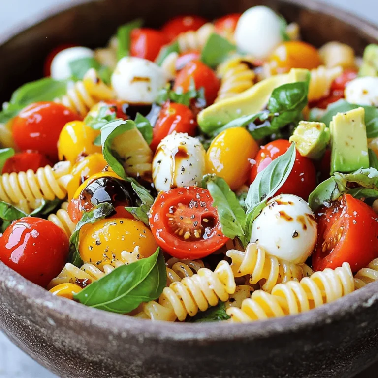 For a delicious Caprese pasta salad, gather these simple ingredients: - 8 oz. pasta (fusilli or penne works well) - 1 cup cherry tomatoes, halved - 1 cup mozzarella balls (bocconcini), halved - 1 cup fresh basil leaves, roughly chopped - 3 tablespoons extra virgin olive oil - 2 tablespoons balsamic glaze - Salt and pepper to taste - Optional: 1 avocado, diced If you need swaps, try these ideas: - Use any short pasta like rotini or farfalle instead of fusilli or penne. - Swap cherry tomatoes for grape tomatoes or diced regular tomatoes. - Replace mozzarella balls with cubed feta cheese for a different flavor. - Use a mix of dried herbs if fresh basil is not available. - For a creamy touch, add a dollop of ricotta cheese instead of avocado. To make this salad, you’ll need a few helpful items: - A large pot for boiling the pasta - A colander for draining the pasta - A large mixing bowl to combine all ingredients - A sharp knife for chopping vegetables - A measuring cup and spoons for precise amounts - A spatula or spoon for mixing everything together These tools make the process easy and fun! Start by boiling water in a large pot. Add a pinch of salt to the water. Once it boils, add 8 ounces of pasta. Fusilli or penne works best. Cook the pasta until it's al dente, about 8 to 10 minutes. When it’s done, drain the pasta in a colander. Rinse it under cold water to stop the cooking. This step cools the pasta and keeps it firm. In a large mixing bowl, combine the cooled pasta, 1 cup of halved cherry tomatoes, and 1 cup of halved mozzarella balls. Next, add 1 cup of roughly chopped fresh basil leaves. The basil brings a bright flavor. Drizzle 3 tablespoons of extra virgin olive oil and 2 tablespoons of balsamic glaze over the top. Now, season your salad with salt and pepper to taste. If you choose to add avocado, dice it and fold it in gently. Be careful not to mash it. Toss all the ingredients until they are well mixed and coated with the dressing. Let the salad chill in the fridge for at least 15 minutes. This helps the flavors mix well. Serve the salad chilled or at room temperature. Enjoy this fresh and flavorful dish! When picking tomatoes, look for bright colors and firm skins. Choose cherry tomatoes that feel heavy for their size. Avoid any that have soft spots or wrinkles. These signs show freshness and flavor. Ripe tomatoes add sweetness to your salad. You can also try heirloom tomatoes for more flavor. They come in unique shapes and colors. Their taste can enhance your dish. Fresh basil is a key part of this salad. It adds a bright taste that makes the dish pop. When using basil, smell the leaves first. They should smell sweet and fragrant. Look for vibrant green leaves without brown spots. If you can, chop the basil just before mixing. This keeps its flavor fresh and strong. Dried basil just won't give you the same taste. While the basic dressing is tasty, you can get creative. Try adding lemon juice for a zesty kick. You can also mix in some minced garlic for extra flavor. If you want a creamier dressing, add a bit of Greek yogurt. For a spicy touch, try a dash of red pepper flakes. Experiment until you find your favorite blend. This adds a personal touch to your Caprese pasta salad. {{image_2}} You can make this Caprese pasta salad heartier by adding protein. Chicken and shrimp are great options. For chicken, use grilled or rotisserie chicken. Just chop it into bite-sized pieces and mix it in. For shrimp, cook them in a pan until they turn pink and opaque. Then, toss them with the salad. Both proteins add flavor and keep you full. This salad is already vegetarian-friendly, but you can make it even more robust. Try adding chickpeas or white beans for extra protein. They give a nice texture and boost the nutrition. You could also use tofu for a plant-based option. Just press and cube the tofu before adding it to the mix. It will soak up the dressing well. Seasonal ingredients can elevate your Caprese pasta salad. In spring, add asparagus or peas for a fresh crunch. In summer, use ripe peaches or nectarines for a sweet touch. In fall, roasted butternut squash adds warmth and color. You can also mix in seasonal herbs like mint or dill to change the flavor profile. Each season brings new tastes to enjoy! After you enjoy your Caprese pasta salad, store leftovers in an airtight container. This keeps the flavors fresh and prevents drying out. Make sure to refrigerate it right away. The salad stays good for about three days in the fridge. To keep your salad fresh, avoid mixing in dressing until you’re ready to eat. This helps the pasta and veggies stay crisp. If you add avocado, use it right away to prevent browning. If you have to store it with avocado, squeeze some lemon juice on it for extra protection. Though I recommend eating this salad fresh, you can freeze it if needed. However, pasta can get mushy when thawed. If you choose to freeze it, store the pasta and salad components separately. Thaw in the fridge before enjoying. Yes, you can make this salad ahead of time. I often prepare it a few hours before serving. This lets the flavors mix well. Just store it in the fridge until you're ready to eat. The pasta stays fresh and tasty. I suggest using fusilli or penne. These shapes hold the dressing and mix well with the other ingredients. They also make it easy to grab a bite. You can use any pasta you like, but these two work best for this salad. While you can use dried herbs, fresh basil gives the best flavor. Fresh basil adds a bright taste that dried herbs can't match. If you must use dried, use less since it is stronger. A little goes a long way. This blog post explored the key ingredients and tools for making a pasta salad. We discussed cooking pasta, mixing fresh ingredients, and serving tips. I shared tips for choosing tomatoes and using fresh basil. You can customize your salad with protein or vegetarian options. Proper storage and freezing methods help keep leftovers fresh. Remember, you can prepare the salad ahead of time. Enjoy your delicious pasta salad that fits your taste and needs!