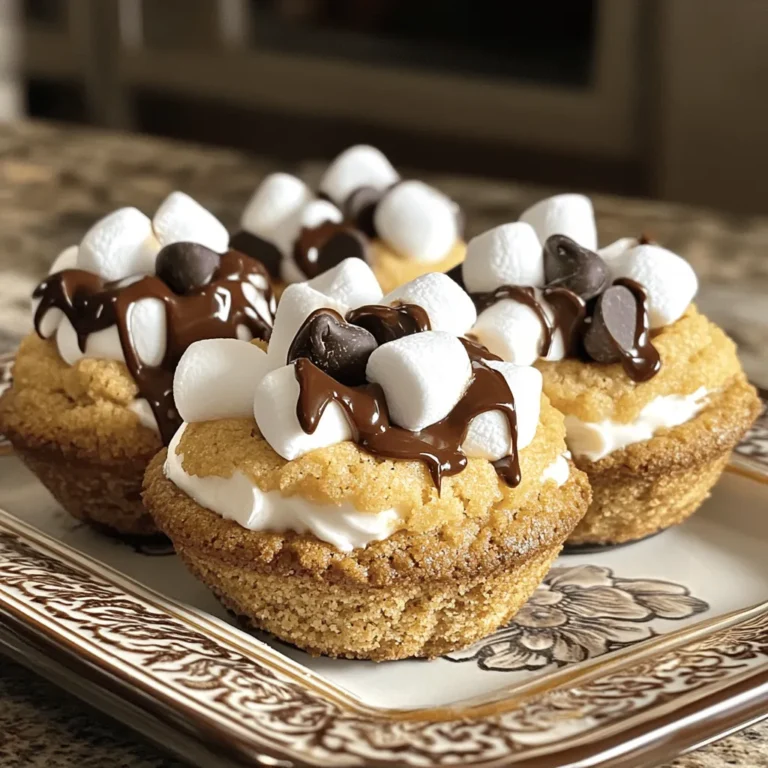 To make S'mores Cookie Cups, gather these simple ingredients: - 1 cup graham cracker crumbs - 1/4 cup sugar - 1/2 cup unsalted butter, melted - 1 cup all-purpose flour - 1/2 teaspoon baking soda - 1/4 teaspoon salt - 1 cup chocolate chips (milk or dark) - 1 cup mini marshmallows - 1/2 teaspoon vanilla extract - Extra chocolate chips and marshmallows for topping You can swap some ingredients if needed. Here are some ideas: - Use oat flour instead of all-purpose flour for a gluten-free option. - Replace unsalted butter with coconut oil for a dairy-free choice. - Dark chocolate chips can be used instead of milk chocolate for a richer taste. - For a healthier sweetener, try honey or maple syrup in place of sugar. Choosing the right ingredients makes a big difference. Here are some tips to guide you: - Look for fresh graham crackers. They should be crisp and not stale. - Choose high-quality chocolate chips. They should melt well and have good flavor. - Pick mini marshmallows that are soft and fluffy. This ensures they melt nicely. - Use unsalted butter for better control over the sweetness of your cookie cups. With these tips, you can create S'mores Cookie Cups that are not just tasty but also have great texture and flavor. Enjoy baking! First, you need to set your oven. Preheat it to 350°F (175°C). While it warms up, get your muffin tin ready. Use cooking spray or butter to grease each cup. This step helps the cookie cups come out easily after baking. Now, grab a medium bowl. Mix one cup of graham cracker crumbs with a quarter cup of sugar. Pour in half a cup of melted butter. Stir until you get a crumbly mix. This will be the base of your cookie cups. Take about one tablespoon of this mixture. Press it firmly into the bottom of each muffin cup. Make sure it is even and packed tightly. This base will hold everything together. In another bowl, mix one cup of all-purpose flour, half a teaspoon of baking soda, and a quarter teaspoon of salt. Combine these dry ingredients well. Gradually add this mix to your graham cracker base. Don’t forget to add half a teaspoon of vanilla extract. Mix until everything is just combined. It’s time to build your cookie cups. Spoon the cookie dough on top of the graham cracker base. Fill each cup about halfway. Then, sprinkle in about three to four chocolate chips. Add four to five mini marshmallows on top of that. Use the leftover cookie dough to lightly cover the chocolate and marshmallows. It doesn’t have to look perfect. Just make sure everything is tucked in nicely. Place your muffin tin in the oven. Bake for 10 to 12 minutes. Watch for the cookie cups to turn lightly golden. They should look cooked through. When they are done, take them out. Press a few extra chocolate chips and marshmallows into the top of each cup right away. Let them cool in the pan for about five minutes. Then, transfer them to a wire rack to cool completely. Enjoy the sweet scent while they cool! To get the best cookie cups, you need the right texture. Start by mixing the graham cracker crumbs and sugar well. Then, add melted butter and combine. This mix forms a crumbly base. Press this mixture firmly into each muffin cup. This step gives your cookie cups a strong foundation. For the cookie dough, mix flour, baking soda, and salt. Add this mix to the graham cracker base. Don't over-mix; just combine until it looks good. This helps keep your cookie cups soft and chewy. Using the right tools makes baking easier. Here are a few must-haves: - Muffin tin: A standard 12-cup muffin tin works best. - Mixing bowls: Use medium bowls for mixing dry and wet ingredients. - Measuring cups: Accurate measurements are key for great results. - Spatula: A silicone spatula helps mix without sticking. - Cooling rack: This allows air to circulate and cool the cookie cups evenly. Avoiding simple mistakes can save your cookie cups. Here are some tips: - Not greasing the muffin tin: This can lead to sticking. - Over-mixing the dough: This can make your cups tough. - Skipping the extra toppings: Adding chocolate chips and marshmallows on top makes a big difference. - Not cooling before removing: Wait five minutes before transferring them to a rack. This helps them hold their shape. {{image_2}} You can switch up the flavors in your S’mores Cookie Cups. For a nutty twist, add some chopped nuts. Walnuts or pecans work well. They add a nice crunch and flavor. You can also try fruit-infused cups. Add a spoonful of fruit jam or fresh berries. Strawberries or raspberries make a tasty addition. Mix these in with the chocolate and marshmallows for a fun surprise. You can make these cookie cups fit different diets. For a gluten-free version, use gluten-free graham cracker crumbs and flour. They work just as well in this recipe. To make it vegan, swap the butter for coconut oil. Use dairy-free chocolate chips too. These changes keep the taste while fitting your needs. Seasonal flavors can make your S’mores Cookie Cups special. In winter, add peppermint extract to the cookie dough. This gives a fresh, festive taste. You can also top the cups with crushed candy canes. For autumn, mix in pumpkin spice. This will give your cookie cups a cozy flavor. Add a drizzle of caramel for a sweet touch. Each season brings new fun to this easy dessert! To keep your S’mores cookie cups fresh, store them in an airtight container. This helps lock in moisture and flavor. Place parchment paper between layers to avoid sticking. Keep them at room temperature if you plan to eat them within a few days. If you want to keep them longer, refrigeration is a good option. When stored properly, cookie cups last about 3-4 days at room temperature. They can last up to a week if kept in the fridge. However, I recommend eating them sooner for the best taste and texture. The chocolate and marshmallows are best when fresh. You can freeze the cookie cups for up to three months. To freeze, wrap each cup in plastic wrap and place them in a freezer bag. When you are ready to enjoy, remove them from the freezer. Let them thaw in the fridge overnight. For a warm treat, heat them in the oven at 350°F (175°C) for about 5-7 minutes. This will melt the chocolate and make the marshmallows soft again. Yes, you can make S'mores Cookie Cups ahead of time. Prepare the cookie cups up to the baking step. Store them in the fridge for up to two days. When you’re ready to bake, just pop them in the oven. This saves time for parties or gatherings. To adjust sweetness, use less sugar in the graham cracker mix. You can also choose dark chocolate instead of milk chocolate. Dark chocolate has less sugar and a bolder flavor. Tasting the batter can help you decide how much to add or remove. If you don't have mini marshmallows, you can use large marshmallows cut into smaller pieces. Another option is marshmallow fluff. Just spoon a little fluff on top before baking. Both substitutes will give you that gooey texture you want. Absolutely! You can use white chocolate, dark chocolate, or even flavored chocolate. Each type adds a unique twist to your cookie cups. Experiment with different chocolates to find your favorite mix. This blog post covered key points for making delicious cookie cups. You learned about ingredients, from quality picks to substitutions. We walked through each step, from prep to baking. Additionally, I shared tips for great texture and common mistakes. Variations allow for fun twists, while storage info helps keep your treats fresh. In the end, making cookie cups can be easy and fun. Enjoy the process and get creative!