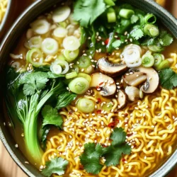 - 2 packs of instant ramen noodles (discard the seasoning packets) - 4 cups vegetable broth - 2 tablespoons fresh ginger, minced - 4 cloves garlic, minced - 1 tablespoon soy sauce - 2 tablespoons sesame oil - 1 cup bok choy, chopped - 1 cup mushrooms, sliced (shiitake or button) - 1 green onion, chopped (for garnish) - 1/2 teaspoon red pepper flakes (optional, for heat) - 1 tablespoon sesame seeds (for garnish) - Fresh cilantro (for garnish) Gather these ingredients to make a simple yet tasty dish. Instant ramen noodles are the base. They cook quickly and soak up all the flavors. Use vegetable broth for a rich taste. Fresh ginger and garlic add a zesty kick. Soy sauce and sesame oil bring depth and shine. Next, grab some bok choy and mushrooms. They add color and nutrition. Green onion makes a bright garnish. If you like heat, red pepper flakes can spice things up. Finally, sesame seeds and cilantro make perfect finishing touches. They add crunch and freshness. With these ingredients, you’ll create a bowl of vibrant ginger garlic ramen that is sure to impress! 1. First, grab a large pot. Heat 2 tablespoons of sesame oil over medium heat. This oil adds a nice flavor. 2. Once the oil is hot, add 2 tablespoons of minced ginger and 4 cloves of minced garlic. Sauté them for about 2 minutes. You want them fragrant but not browned. 1. Next, pour in 4 cups of vegetable broth. Bring it to a gentle simmer. This is where the magic starts! 2. Stir in 1 tablespoon of soy sauce. Then, add 1 cup of chopped bok choy and 1 cup of sliced mushrooms. Cook these for about 5 minutes, or until they are tender. 1. While your broth simmers, cook 2 packs of instant ramen noodles separately. Follow the package instructions, which take about 3 minutes. Drain them and set aside. 2. Once the vegetables are tender, add the cooked noodles to the pot. Stir well to combine everything. Let it heat through for 2 more minutes. Feel free to add 1/2 teaspoon of red pepper flakes for a kick! When serving, garnish with chopped green onions, sesame seeds, and fresh cilantro. Enjoy your flavorful and simple dish! Using fresh ingredients makes a big difference. Fresh ginger and garlic add great taste. I suggest mincing them just before cooking. This keeps their flavor strong. You can also adjust seasoning to fit your taste. If you want it saltier, add a bit more soy sauce. For heat, sprinkle in red pepper flakes. Sautéing is key for this dish. It wakes up the flavors of ginger and garlic. Heat the sesame oil until it’s warm, then add the minced ingredients. Cook for about two minutes. This gets the best aroma. Timing is also important for perfect noodles. Cook the instant ramen for about three minutes. Drain them well before adding to the soup. When serving, I recommend using deep bowls. This helps to hold the broth and toppings. You can garnish with green onions, sesame seeds, and fresh cilantro. These add color and taste. For drinks, I like to pair this ramen with green tea. It balances the flavors nicely. You can also serve a light salad on the side for extra crunch. {{image_2}} You can add protein to your ramen for extra flavor and nutrition. Adding tofu is a great choice. Tofu absorbs the broth's taste well. It adds a nice texture too. Simply cube firm tofu and sauté it until golden. Chicken is another tasty option. You can use cooked chicken or poach it in the broth. This adds a rich flavor to your dish. For a quick fix, shredded rotisserie chicken works perfectly. If you love seafood, include shrimp. They cook quickly and add a delightful taste. Just toss them in the broth for a few minutes until pink. You can swap out vegetables for different tastes. Bok choy is great, but spinach works too. Spinach wilts nicely and adds a fresh flavor. You can also use kale for a heartier bite. Mushrooms are key in this dish, but you can change them up. Shiitake mushrooms add a rich taste, but button mushrooms are fine too. Try adding enoki or oyster mushrooms for a new twist. Try different sauces to change the taste of your ramen. You can use tamari instead of soy sauce for a gluten-free option. Adding hoisin sauce brings a sweet twist. Experiment with spices to kick up the flavor. Besides red pepper flakes, try adding chili oil. It adds heat and a nice depth. You could also sprinkle in some five-spice powder for an exciting twist. To store leftover ginger garlic ramen, use an airtight container. This keeps the noodles fresh. You can place the broth and noodles together or separate them. If you keep them together, the noodles may soak up the broth. Leftovers last about three days in the fridge. After that, they may lose flavor and texture. To reheat, the best method is using a pot on the stove. Heat it over low to medium heat. Add a splash of vegetable broth to keep the noodles moist. Stir gently to warm them evenly. Avoid the microwave if you want to keep the texture nice. Microwaving can make the noodles chewy. You can freeze cooked ginger garlic ramen noodles. Just let them cool first. Place the noodles in a freezer-safe bag or container. Try to remove as much air as possible. They can last for about two months in the freezer. When ready to eat, thaw them in the fridge overnight. Reheat as mentioned earlier for the best results. Yes, you can easily make this recipe vegan. To do this, simply avoid any meat-based ingredients. Instead of adding chicken or beef, focus on the veggies. You can add more mushrooms or other vegetables like carrots or bell peppers. Tofu is a great protein option too. It adds texture and absorbs flavors well. If you don’t have vegetable broth, there are simple swaps. Water works, but it lacks flavor. You can use mushroom broth for a richer taste. Bone broth is another option if you're not strict about vegan choices. You could also make a quick broth with water, soy sauce, and some spices. To spice up your ramen, add red pepper flakes. Start with half a teaspoon, then adjust to your taste. You can also use fresh chili peppers or sriracha for heat. If you like it really hot, add these ingredients while cooking the broth. This way, the flavors blend well. This ramen recipe uses simple but tasty ingredients. You have the base with instant noodles, broth, garlic, and ginger. Then, add fresh veggies and optional spice. Cooking is straightforward and offers flavor tips, serving ideas, and variations. In the end, you can make this dish your own. Experiment with ingredients and flavors to create your perfect ramen. Enjoy the process and savor the rewards of your hard work.